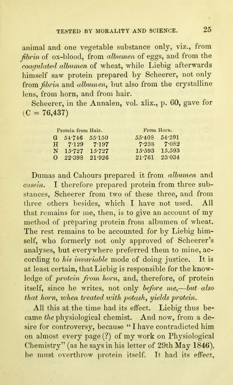 animal and one vegetable substance only, viz., from fibrin of ox-blood, from albumen of eggs, and from the coagulated albumen of wheat, while Liebig afterwards himself saw protein prepared by Scheerer, not only from fibrin and albumen, but also from the crystalline lens, from horn, and from hair. Scheerer, in the Annalen, vol. xlix., p. GO, gave for (C = 76,437) Dumas and Cahours prepared it from albumen and casein. I therefore prepared protein from three sub- stances, Scheerer from two of these three, and from three others besides, which I have not used. All that remains for me, then, is to give an account of my method of preparing protein from albumen of wheat. The rest remains to be accounted for by Liebig him- self, who formerly not only approved of Scheerer’s analyses, but everywhere preferred them to mine, ac- cording to his invariable mode of doing justice. It is at least certain, that Liebig is responsible for the know- ledge of protein from horn, and, therefore, of protein itself, since he writes, not only before me,—but also that horn, when treated with potash, yields protein. All this at the time had its effect. Liebig thus be- came the physiological chemist. And now, from a de- sire for controversy, because “ I have contradicted him on almost every page (?) of my work on Physiological Chemistry” (as he says in his letter of 29th May 1846), he must overthrow protein itself. It had its effect, G 54‘746 55-150 H 7-129 7-197 N 15-727 15-727 O 22-398 21-926 Protein from Hair. From Horn. 55-408 54-291 7-238 7-082 15-593 15.593 21-761 23 034