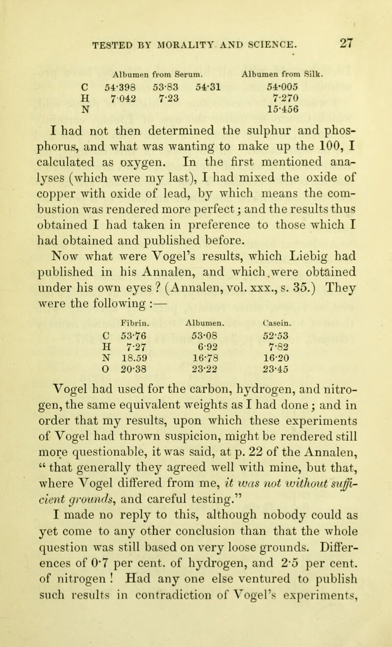 Albumen from Serum. Albumen from Silk. C 54-398 53-83 54-31 54-005 H 7042 7-23 7-270 N 15-456 I had not then determined the sulphur and phos- phorus, and what was wanting to make up the 100, I calculated as oxygen. In the first mentioned ana- lyses (which were my last), I had mixed the oxide of copper with oxide of lead, by which means the com- bustion was rendered more perfect; and the results thus obtained I had taken in preference to those which I had obtained and published before. Now what were Vogel’s results, which Liebig had published in his Annalen, and which.were obtained under his own eyes ? (Annalen, vol. xxx., s. 35.) They were the following :— Fibrin. Albumen. Casein. c 53-76 53-08 52-53 H 7-27 6-92 7-82 N 18.59 16-78 16-20 O 20-38 23-22 23-45 Vogel had used for the carbon, hydrogen, and nitro- gen, the same equivalent weights as I had done; and in order that my results, upon which these experiments of Vogel had thrown suspicion, might be rendered still more questionable, it was said, at p. 22 of the Annalen, “ that generally they agreed well with mine, but that, where Vogel differed from me, it was not without suffi- cient grounds, and careful testing.” I made no reply to this, although nobody could as yet come to any other conclusion than that the whole question was still based on very loose grounds. Differ- ences of 07 per cent, of hydrogen, and 2-5 per cent, of nitrogen ! Had any one else ventured to publish such results in contradiction of Vogel’s experiments,