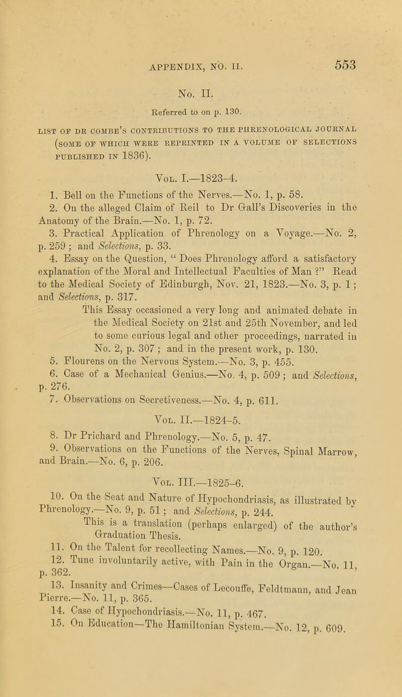 No. II. Referred to on p. 130. LIST OF DE combe’s CONTRIBUTION’S TO THE PHRENOLOGICAL JOURNAL (some of tyHICH 'IFEEE REPRINTED IN A ’VOLUME OF SELECTIONS PUBLISHED IN 1836). VoL. I.—1823-4. 1. Bell on the Functions of the Nerves.—No. 1, p. 58. 2. On the alleged Claim of Reil to Dr Grail’s Discoveries in the Anatomy of the Brain.—No. 1, p. 72. 3. Practical Application of Phrenology on a Voyage.—No. 2, p. 259 ; and Selections, p. 33. 4. Essay on the Question, “ Does Phrenology afford a satisfactory explanation of the Moral and Intellectual Faculties of Man ?” Bead to the Medical Society of Edinburgh, Nov. 21, 1823.—No. 3, p. 1; and Selections, p. 317. This Essay occasioned a very long and animated debate in the Medical Society on 21st and 25th November, and led to some curious legal and other proceedings, narrated in No. 2, p. 307; and in the present work, p. 130. 5. Flourens on the Nervous System.—No. 3, p. 455. 6. Case of a Mechanical Genius.—No. 4, p. 509; and Selections, p. 276. 7. Observations on Secretiveuess.—No. 4, p. 611. VoL. II.—1824-5. 8. Dr Prichard and Phrenology.—No. 5, p. 47. 9. Observations on the Functions of the Nerves, Spinal Marrow, and Brain.—No. 6, p. 206. VoL. III.—1825-6. 10. On the Seat and Nature of Hypochondriasis, as illustrated by Phrenology.—No. 9, p. 51; and Selections, p. 244. This is a translation (perhaps enlarged) of the author’s Graduation Thesis. 11. On the Talent for recollecting Names.—No. 9, p. 120. 12. Tune involuntarily active, with Pain in the Organ —No 11 p. 362. ^ 13. Insanity and Crimes Cases of Lecouffe, Feldtmann, and Jean Pierre.—No. 11, p. 365. 14. Case of Hypochondriasis.—No. 11, p. 467. 15. On Education—Tho Hamiltonian System.—No. 12, p. 609.