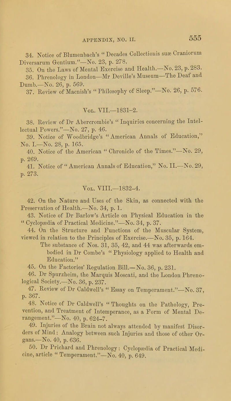 34. Notice of Blumenbacli’s “ Decades Collectiouis suae Craniorum Diversarum Q-entium.”—No. 23, p. 278. 35. On the Laws of Mental Exercise and Health.—No. 23, p. 283. 36. Phrenology in London—Mr Deville’s Museum—The Deaf and Dumb.—No. 26, p. 569. 37. Review of Macnish’s “Philosophy of Sleep.”—No. 26, p. 576. VoL. VII.—1831-2. 38. Review of Dr Abercrombie’s “ Inquiries concerning the Intel- lectual Powers.”—No. 27, p. 46. 39. Notice of 'W’oodhridge’s “American Annals of Education,” No. I.—No. 28, p. 165. 40. Notice of the American “ Chronicle of the Times.”—No. 29, p. 269. 41. Notice of “ American Annals of Education,” No. II.—No. 29, p. 273. VoL. VIII.—1832-4. 42. On the Nature and Uses of the Skin, as connected with the Preservation of Health.—No. 34, p. 1. 43. Notice of Dr Barlow’s Article on Physical Education in the “ Cyclopaedia of Practical Medicine.”—No. 34, p. 37. 44. On the Structure and Functions of the Muscular System, viewed in relation to the Principles of Exercise.—No. 35, p. 164. The substance of Nos. 31, 35, 42, and 44 was afterwards em- bodied in Dr Combe’s “ Physiology applied to Health and Education.” 45. On the Factories’ Regulation Bill.— No. 36, p. 231. 46. Dr Spurzheim, the Marquis Moscati, and the London Phreno- logical Society.—No. 36, p. 237. 47. Review of Dr Caldwell’s “ Essay on Temperament.”—No. 37, p. 367. 48. Notice of Dr Caldwell’s “ Thoughts on the Pathology, Pre- vention, and Treatment of Intemperance, as a Form of Mental De- rangement.”—No. 40, p. 624-7. 49. Injuries of the Brain not always attended by manifest Disor- ders of Mind: Analogy hetweon such Injuries and those of other Or- gans.—No. 40, p. 636. 50. Dr Prichard and Phrenology: Cycloprcdia of Practical Medi- cine, article “ Temperament.”—No. 40, p. 649.