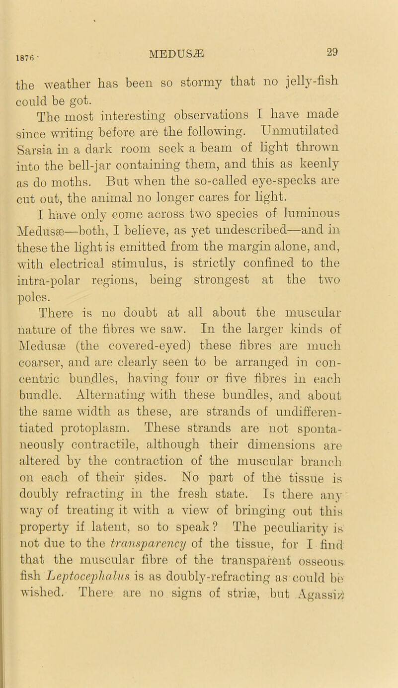 1876 ■ the ^Yeatlle^ has been so stormy that no jelly-fish conld be got. The most interesting observations I have made since writing before are the following. Unmntilated Sarsia in a dark room seek a beam of light thrown into the bell-jar containing them, and this as keenly as do moths. But when the so-called eye-specks are cut out, the animal no longer cares for light. I have only come across two species of luminous Medusse—both, I believe, as yet undescribed—and in these the light is emitted from the margin alone, and, vdth electrical stimulus, is strictly confined to the intra-polar regions, being strongest at the two poles. There is no doubt at all about the muscular nature of the fibres we saw. In the larger kinds of Medusae (the covered-eyed) these fibres are much coarser, and are clearly seen to be arranged in con- centric bundles, having four or five fibres in each bundle. Alternating with these bundles, and about the same width as these, are strands of undifferen- tiated protoplasm. These strands are not sponta- neously contractile, although their dimensions are altered by the contraction of the muscular branch on each of their sides. No part of the tissue is doubly refracting in the fresh state. Is there any way of treating it with a view of bringing out this property if latent, so to speak ? The peculiarity is not due to the transparency of the tissue, for I find that the muscular fibre of the transparent osseous fish Leptocep>hali(s is as doubly-refracting as could be wished. There are no signs of stride, but Agassi/,