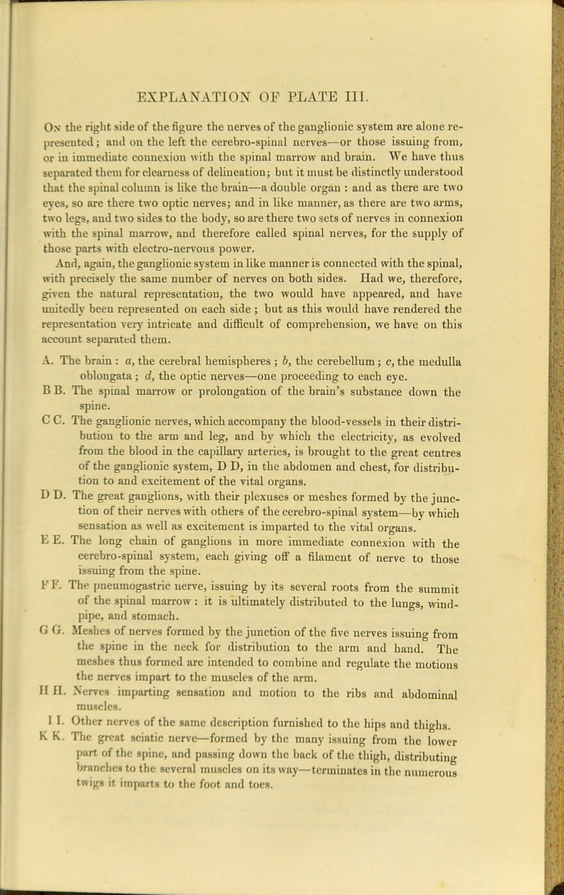 On the right side of the figure the nerves of the ganglionic system are alone re- presented ; and on the left the cerebro-spiual nerves—or those issuing from, or in immediate connexion with the spinal marrow and brain. We have thus separated them for clearness of delineation; but it must be distinctly understood that the spinal column is like the brain—a double organ : and as there are two eyes, so are there two optic nerves; and in like manner, as there are two arms, two legs, and two sides to the body, so are there two sets of nerves in connexion with the spinal marrow, and therefore called spinal nerves, for the supply of those parts with electro-nervous power. And, again, the ganglionic system in like manner is connected with the spinal, with precisely the same number of nerves on both sides. Had we, therefore, given the natural representation, the two would have appeared, and have unitedly been represented on each side ; but as this would have rendered the representation very intricate and difficult of comprehension, we have on this account separated them. A. The brain : a, the cerebral hemispheres; b, the cerebellum; c, the medulla oblongata; d, the optic nerves—one proceeding to each eye. B B. The spinal marrow or prolongation of the brain's substance down the spine. C C. The ganglionic nerves, which accompany the blood-vessels in their distri- bution to the arm and leg, and by which the electricity, as evolved from the blood in the capillary arteries, is brought to the great centres of the ganglionic system, D D, in the abdomen and chest, for distribu- tion to and excitement of the vital organs. D D. The great ganglions, with their plexuses or meshes formed by the junc- tion of their nerves with others of the cerebro-spinal system—by which sensation as well as excitement is imparted to the vital organs. E E. The long chain of ganglions in more immediate connexion with the cerebro-spinal system, each giving off a filament of nerve to those issuing from the spine. 1' R The pneumogastric nerve, issuing by its several roots from the summit of the spinal marrow : it is ultimately distributed to the lungs, wind- pipe, and stomach. G G. Meshes of nerves formed by the junction of the five nerves issuing from the spine in the neck for distribution to the arm and hand. The meshes thus formed are intended to combine and regulate the motions the nerves impart to the muscles of the arm. II H. Nerves imparting sensation and motion to the ribs and abdominal muscles. I I. Other nerves of the same description furnished to the hips and thighs. K K. The great sciatic nerve—formed by the many issuing from the lower part of the spine, and passing down the back of the thigh, distributing branches to the several muscles on its way—terminates in the numerous twigs it imparts to the foot and toes.
