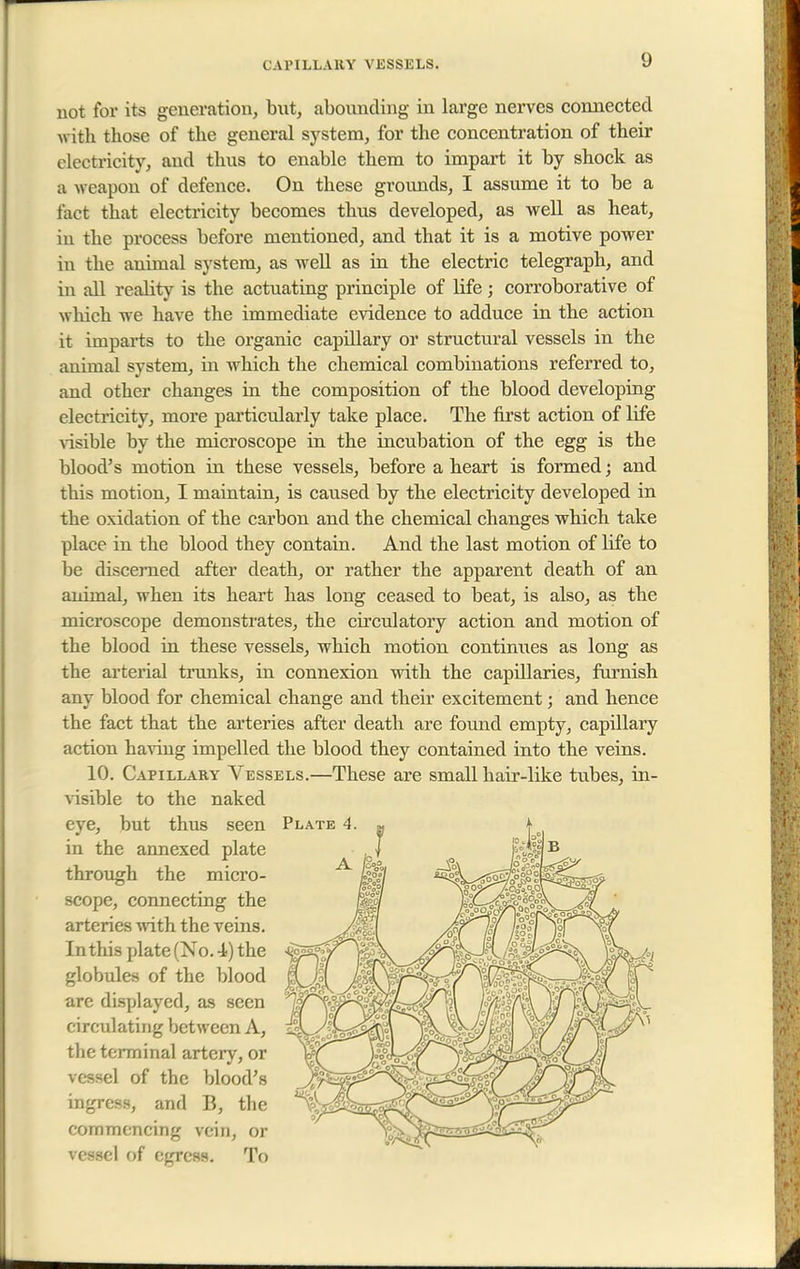 CAPILLARY VESSELS. not for its generation, but, abounding in large nerves connected with those of the general system, for the concentration of their electricity, and thus to enable them to impart it by shock as a weapon of defence. On these grounds, I assume it to be a fact that electricity becomes thus developed, as well as heat, in the process before mentioned, and that it is a motive power in the animal system, as well as in the electric telegraph, and in all reality is the actuating principle of life; corroborative of which we have the immediate evidence to adduce in the action it imparts to the organic capillary or structural vessels in the animal system, in which the chemical combinations referred to, and other changes in the composition of the blood developing electricity, more particularly take place. The first action of life visible by the microscope in the incubation of the egg is the blood's motion in these vessels, before a heart is formed; and this motion, I maintain, is caused by the electricity developed in the oxidation of the carbon and the chemical changes which take place in the blood they contain. And the last motion of life to be discerned after death, or rather the apparent death of an animal, when its heart has long ceased to beat, is also, as the microscope demonstrates, the circulatory action and motion of the blood in these vessels, which motion continues as long as the arterial trunks, in connexion with the capillaries, furnish any blood for chemical change and their excitement; and hence the fact that the arteries after death are found empty, capillary action having impelled the blood they contained into the veins. 10. Capillary Vessels.—These are small hair-like tubes, in- risible to the naked eye, but thus seen in the annexed plate through the micro- scope, connecting the arteries with the veins. In this plate (No. i) the globules of the blood are displayed, as seen circulating between A, the terminal artery, or vessel of the blood's ingress, and B, the commencing vein, or vessel of egress. To