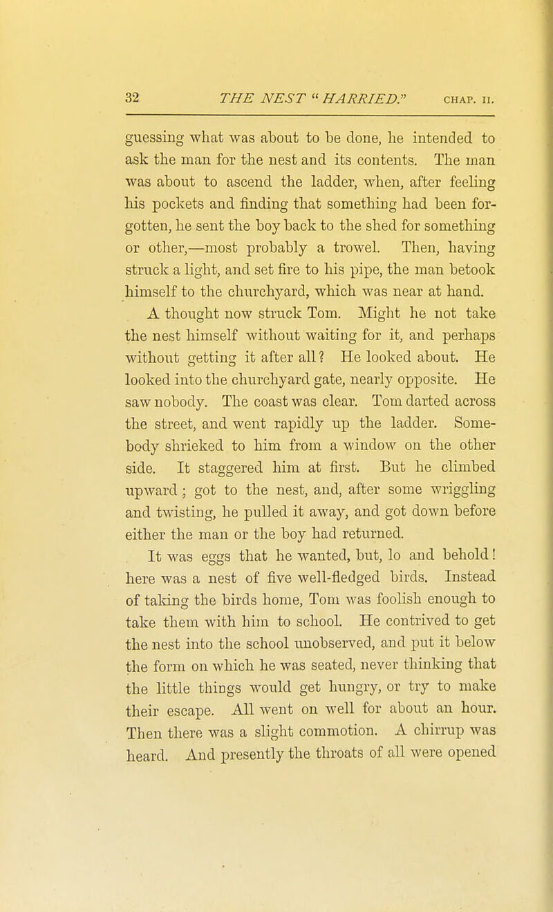 guessing what was about to be done, he intended to ask the man for the nest and its contents. The man was about to ascend the ladder, when, after feeling his pockets and finding that something had been for- gotten, he sent the boy back to the shed for something or other,—most probably a trowel. Then, having struck a light, and set fire to his pipe, the man betook himself to the churchyard, which was near at hand. A thought now struck Tom. Miglit he not take the nest himself without waiting for it, and perhaps without getting it after all ? He looked about. He looked into the churchyard gate, nearly opposite. He saw nobody. The coast was clear. Tom darted across the street, and went rapidly up the ladder. Some- body shrieked to him from a window on the other side. It staggered him at first. But he climbed upward; got to the nest, and, after some wriggling and twisting, he pulled it away, and got down before either the man or the boy had returned. It was eggs that he wanted, but, lo and behold! here was a nest of five well-fiedged birds. Instead of talcing the birds home, Tom was foolish enough to take them with him to school. He contrived to get the nest into the school unobserved, and put it below the form on which he was seated, never thinking that the little things would get hungry, or try to make their escape. All went on well for about an hour. Then there was a slight commotion. A chirrup was heard. And presently the throats of all were opened