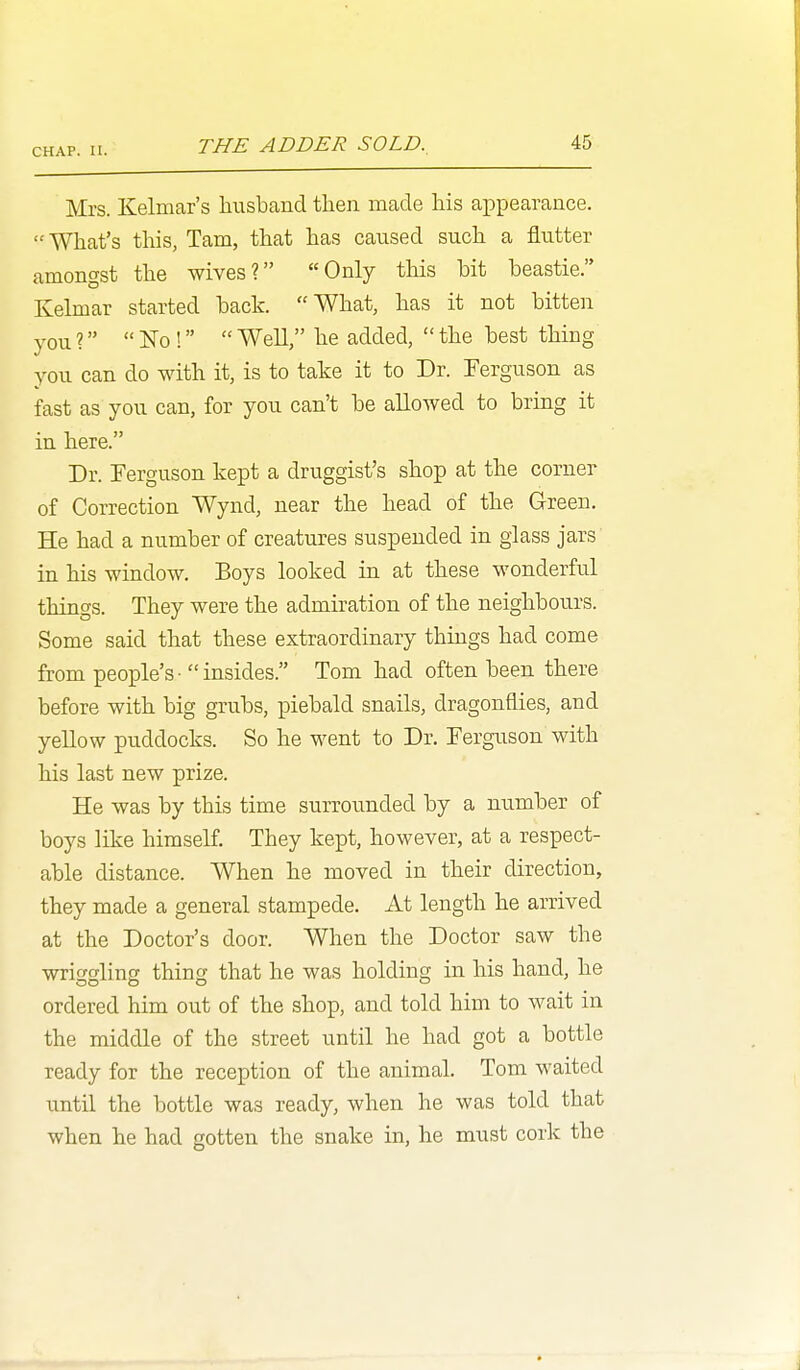 Mrs. Kelmar's liiisband then made Ms appearance. What's this, Tarn, that has caused such a flutter amongst the wives? Only this bit heastie. Kelmar started back. What, has it not bitten you ?  No!  Well, he added,  the best thing you can do with it, is to take it to Dr. Ferguson as fast as you can, for you can't be allowed to bring it in here. Dr. Ferguson kept a druggist's shop at the corner of Correction Wynd, near the head of the Green. He had a number of creatures suspended in glass jars in his window. Boys looked in at these wonderful things. They were the admiration of the neighbours. Some said that these extraordinary things had come from people's - insides. Tom had often been there before with big grubs, piebald snails, dragonflies, and yellow puddocks. So he went to Dr. Ferguson with his last new prize. He was by this time surrounded by a number of boys like himself. They kept, however, at a respect- able distance. When he moved in their direction, they made a general stampede. At length he arrived at the Doctor's door. When the Doctor saw the wriggling thing that he was holding in his hand, he ordered him out of the shop, and told him to wait in the middle of the street until he had got a bottle ready for the reception of the animal. Tom waited until the bottle was ready, when he was told that when he had gotten the snake in, he must cork the