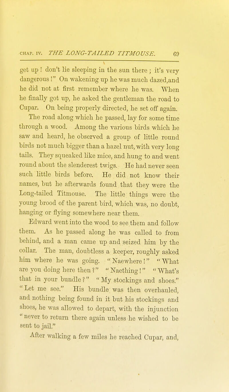 get up ! don't lie sleeping in the sun there ; it's very dangerous ! On wakening up he was much dazed,and he did not at first remember where he was. When he finally got up, he asked the gentleman the road to Cupar. On being properly directed, he set off again. The road along which he passed, lay for some time through a wood. Among the various birds which he saw and heard, he observed a group of little round birds not much bigger than a hazel nut, with very long tails. They squeaked like mice, and hung to and went round about the slenderest twigs. He had never seen such little birds before. He did not know their names, but he afterwards found that they were the Long-tailed Titmouse. The little things were the young brood of the parent bird, which was, no doubt, hanging or flying somewhere near them. Edward went into the wood to see them and follow them. As he passed along he was called to from behind, and a man came up and seized him by the collar. The man, doubtless a keeper, roughly asked him where he was going. ISTaewhere! What are you doing here then ?  Naething!  What's that in your bundle ? « My stockings and shoes.  Let me see. His bundle was then overhauled, and nothing being found in it but his stockings and shoes, he was allowed to depart, with the injunction  never to return there again unless he wished to be sent to jail. After walking a few miles he reached Cupar, and.