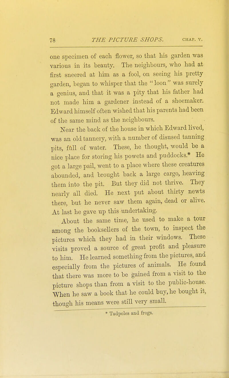 one specimen of each flower, so that his garden was various in its beauty. The neighbours, who had at first sneered at him as a fool, on seeing his pretty- garden, began to whisper that the  loon  M'as surely a genius, and that it was a pity that his father had not made him a gardener instead of a shoemaker. Edward himself often wished that his parents had been of the same mind as the neighbours. Near the back of the house in which Edward lived, was an old tannery, with a number of disused tanning pits, ffill of water. These, he thought, would be a nice place for storing his powets and puddocks.* He got a large pail, went to a place where these creatures abounded, and brought back a large cargo, heaving them into the pit. But they did not thrive. They nearly all died. He next put about thirty newts there, but he never saw them again, dead or alive. At last he gave up this undertaking. About the same time, he used to make a toxxr among the booksellers of the town, to inspect the pictures which they had in their windows. These visits proved a source of great profit and pleasure to him. He learned something from the pictures, and especially from the pictures of animals. He found that there was more to be gained from a visit to the picture shops than from a visit to the public-house. When he saw a book that he could buy, he bought it, thouc^h his means were still very small. * Tadpoles and frogs.