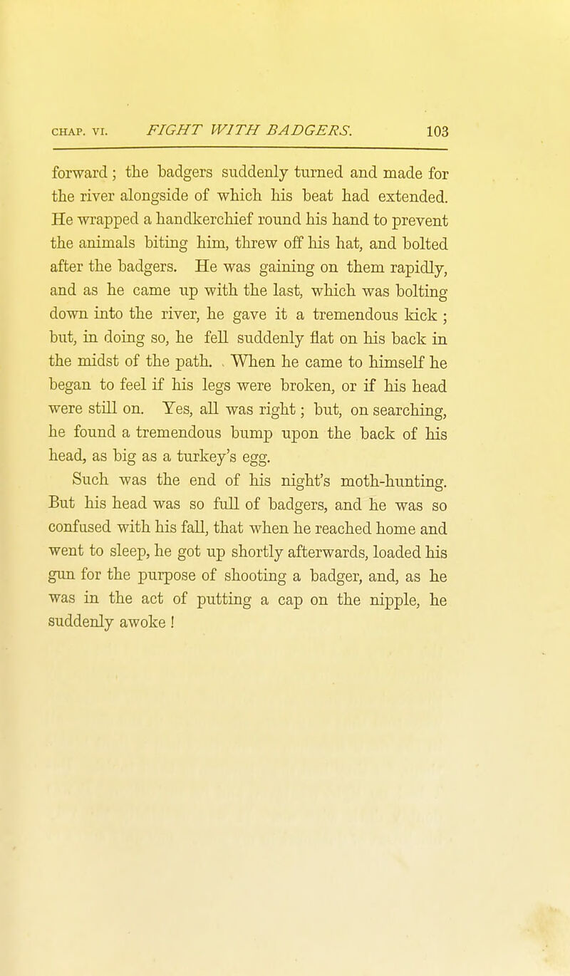 forward ; the badgers suddenly turned and made for the river alongside of which his beat had extended. He wrapped a handkerchief round his hand to prevent the animals biting him, threw off his hat, and bolted after the badgers. He was gaining on them rapidly, and as he came up with the last, which was bolting down into the river, he gave it a tremendous kick ; but, in doing so, he fell suddenly flat on his back in the midst of the path. , When he came to himself he began to feel if his legs were broken, or if his head were still on. Yes, all was right; but, on searching, he found a tremendous bump upon the back of his head, as big as a turkey's egg. Such was the end of his night's moth-hunting. But his head was so full of badgers, and he was so confused with his fall, that when he reached home and went to sleep, he got up shortly afterwards, loaded his gun for the purpose of shooting a badger, and, as he was in the act of putting a cap on the nipple, he suddenly awoke!