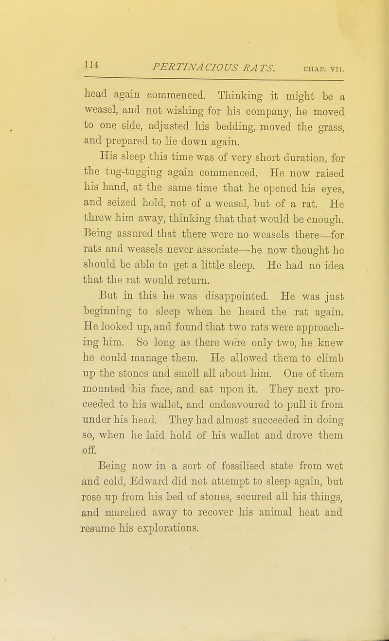 PERTINA CIO US RA TS. CHAP. vir. liead again commenced. Thinking it might be a weasel, and not wishing for his company, he moved to one side, adjusted his bedding, moved the grass, and prepared to lie down again. His sleep this time was of very short duration, for the tug-tugging again commenced. He now raised his hand, at the same time that he opened his eyes, and seized hold, not of a weasel, but of a rat. He threw him away, thinking that that would be enough. Being assured that there were no weasels there—for rats and weasels never associate—he now thought he should be able to get a little sleep. He had no idea that the rat would return. But in this he was disappointed. He was just beginning to sleep when he heard the rat again. He looked up, and found that two rats were approach- ing him. So long as there were only two, he knew he could manage them. He allowed them to climb up the stones and smell all about him. One of them mounted his face, and sat upon it. They next pro- ceeded to his wallet, and endeavoured to pull it from under his head. They had almost succeeded in doing so, when he laid hold of his wallet and drove them off. Being now in a sort of fossilised state from wet and cold, Edward did not attempt to sleep again, but rose up from his bed of stones, secured all his things, and marched away to recover his animal heat and resume his explorations.