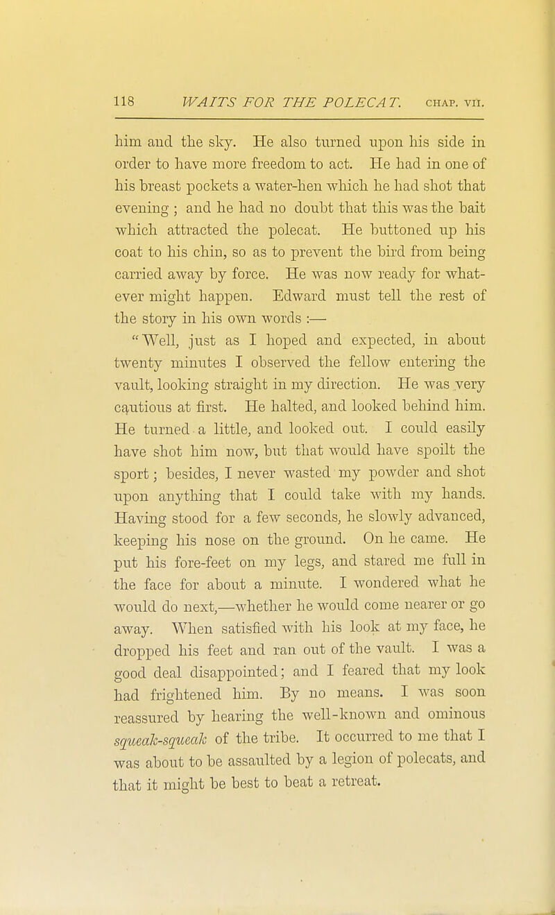 him aud tlie sky. He also turned upon his side in order to have more freedom to act. He had in one of his breast pockets a water-hen which he had shot that evening ; and he had no donht that tliis was the bait which attracted the polecat. He buttoned up his coat to his chin, so as to prevent the bii'd from being carried away by force. He was now ready for what- ever might happen. Edward must tell the rest of the story in his own words :— Well, just as I hoped and expected, in about twenty minutes I observed the fellow entering the vault, looking straight in my direction. He was very cq,utious at first. He halted, and looked behind him. He turned a little, and looked out. I could easily have shot him now, but that would have spoilt the sport; besides, I never wasted my powder and shot upon anything that I could take with my hands. Having stood for a few seconds, he slowly advanced, keeping his nose on the ground. On he came. He put his fore-feet on my legs, and stared me full in the face for about a minute. I wondered what he would do next,—whether he would come nearer or go away. When satisfied with his look at my face, he dropped his feet and ran out of the vault. I was a good deal disappointed; and I feared that my look had frightened him. By no means. I was soon reassured by hearing the well-known and ominous squeah-squGcth of the tribe. It occurred to me that I was about to be assaulted by a legion of polecats, and that it might be best to beat a retreat.