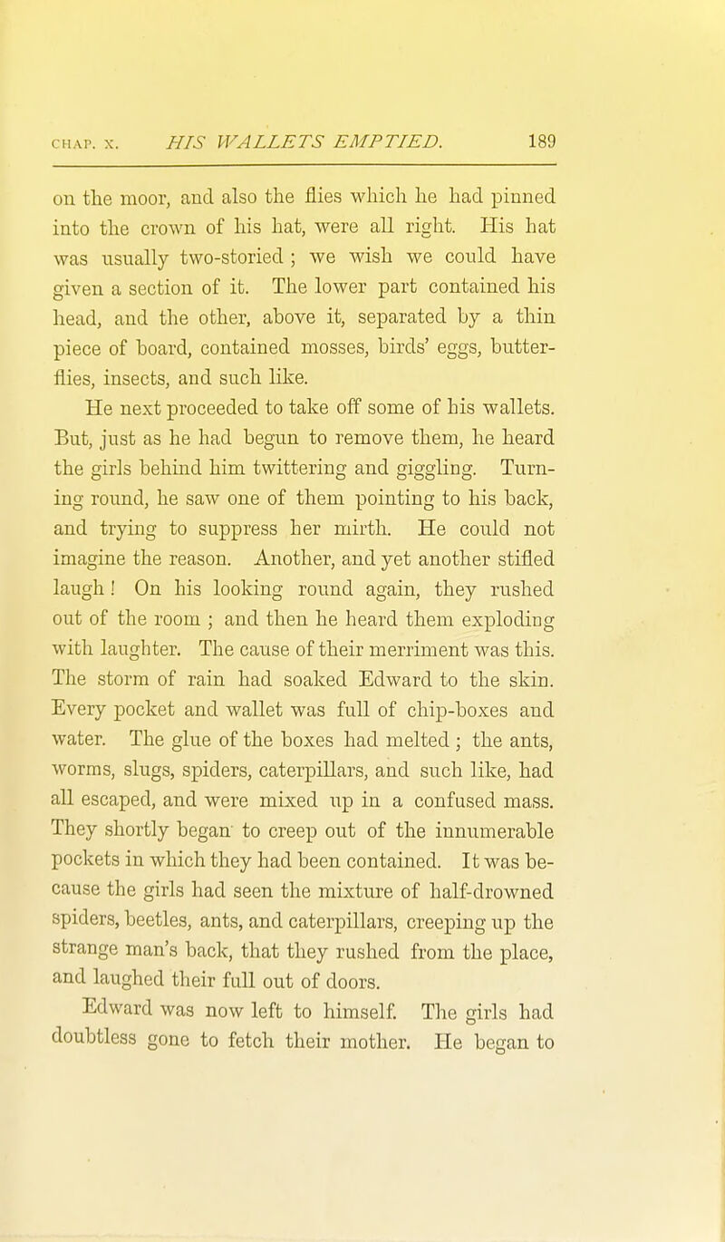 on the moor, and also the flies which he had pinned into the crown of his hat, were all right. His hat was usually two-storied ; we wish we could have given a section of it. The lower part contained his head, and the other, above it, separated by a thin piece of board, contained mosses, birds' eggs, butter- flies, insects, and such like. He next proceeded to take off some of his wallets. But, just as he had begun to remove them, he heard the girls behind him twittering and giggling. Turn- ing round, he saw one of them pointing to his back, and trying to suppress her mirth. He could not imagine the reason. Another, and yet another stifled laugh ! On his looking round again, they rushed out of the room ; and then he heard them exploding with laughter. The cause of their merriment was this. The storm of rain had soaked Edward to the skin. Every pocket and wallet was full of chip-boxes and water. The glue of the boxes had melted ; the ants, worms, slugs, spiders, caterpillars, and such like, had all escaped, and were mixed up in a confused mass. They shortly began to creep out of the innumerable pockets in which they had been contained. It was be- cause the girls had seen the mixture of half-drowned spiders, beetles, ants, and caterpillars, creeping up the strange man's back, that they rushed from the place, and laughed their full out of doors. Edward was now left to himself The girls had doubtless gone to fetch their mother. He began to