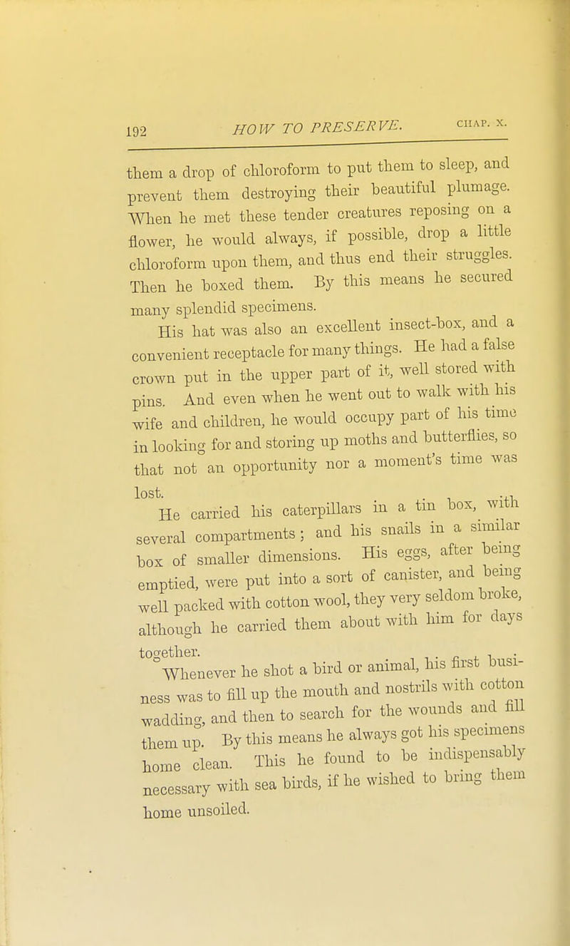 HOW TO PRESERVE. them a drop of chloroform to put them to sleep, and prevent them destroying their beautiful plumage. When he met these tender creatures reposing on a flower, he would always, if possible, drop a little chloroform upon them, and thus end their struggles. Then he boxed them. By this means he secured many splendid specimens. His hat was also an exceUent insect-box, and a convenient receptacle for many things. He had a false crown put in the upper part of it, well stored with pins And even when he went out to walk with his wife and children, he would occupy part of his time in looking for and storing up moths and butterflies, so that not an opportunity nor a moment's time was lost. . . , He carried his caterpillars in a tin box, with several compartments ; and his snails in a similar box of smaller dimensions. His eggs, after being emptied, were put into a sort of canister and being well packed with cotton wool, they very seldom broke, although he carried them about with him for days together. -, . ^ j. i Whenever he shot a bird or animal, his first busi- ness was to fill up the mouth and nostrils with cotton wadding, and then to search for the wounds and fill them up. By this means he always got his specimens home clean. This he found to be indispensably necessary with sea birds, if he wished to bring them home unsoiled.