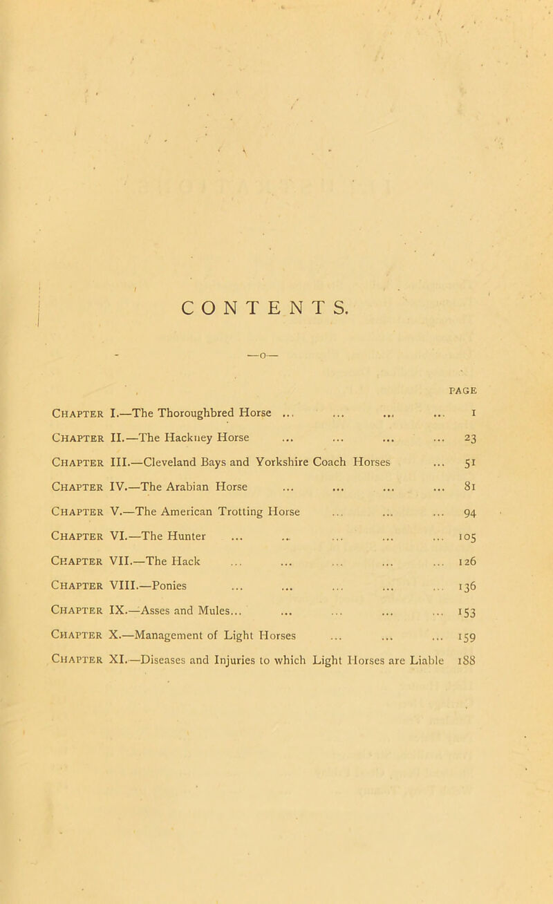 PAGE Chapter I.—The Thoroughbred Horse ... ... ... ... i Chapter II.—The Hackney Horse ... ... ... ... 23 Chapter HI.—Cleveland Bays and Yorkshire Coach Horses ... 51 Chapter IV.—The Arabian Horse ... ... ... ... 81 Chapter V.—The American Trotting Horse ... ... ... 94 Chapter VI.—The Hunter ... ... ... ... ... 105 Chapter VII.—The Hack ... ... ... ... ... 126 Chapter VIII.—Ponies ... ... ... ... ... 136 Chapter IX.—Asses and Mules... ... ... ... ... 153 Chapter X.—Management of Light Horses ... ... ... 159 Chapter XI.—Diseases and Injuries to which Light Horses are Liable 1S8