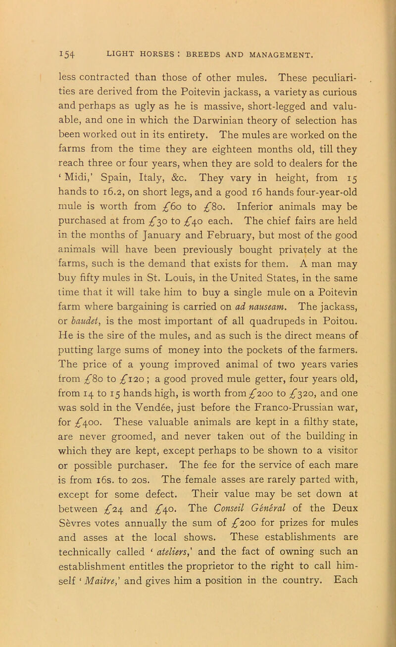 less contracted than those of other mules. These peculiari- ties are derived from the Poitevin jackass, a variety as curious and perhaps as ugly as he is massive, short-legged and valu- able, and one in which the Darwinian theory of selection has been worked out in its entirety. The mules are worked on the farms from the time they are eighteen months old, till they reach three or four years, when they are sold to dealers for the ‘ Midi,’ Spain, Italy, &c. They vary in height, from 15 hands to 16.2, on short legs, and a good 16 hands four-year-old mule is worth from ;^6o to ;^8o. Inferior animals may be purchased at from to /'40 each. The chief fairs are held in the months of January and February, but most of the good animals will have been previously bought privately at the farms, such is the demand that exists for them. A man may buy fifty mules in St. Louis, in the United States, in the same time that it will take him to buy a single mule on a Poitevin farm where bargaining is carried on ad nauseam. The jackass, or baudet, is the most important of all quadrupeds in Poitou. He is the sire of the mules, and as such is the direct means of putting large sums of money into the pockets of the farmers. The price of a young improved animal of two years varies from ;^8o to ;^i2o ; a good proved mule getter, four years old, from 14 to 15 hands high, is worth from £2.00 to £‘^20, and one was sold in the Vendee, just before the Franco-Prussian war, for £^00. These valuable animals are kept in a filthy state, are never groomed, and never taken out of the building in which they are kept, except perhaps to be shown to a visitor or possible purchaser. The fee for the service of each mare is from i6s. to 20s. The female asses are rarely parted with, except for some defect. Their value may be set down at between ;^24 and ;^40. The Conseil General of the Deux Sevres votes annually the sum of £200 for prizes for mules and asses at the local shows. These establishments are technically called ‘ ateliers,' and the fact of owning such an establishment entitles the proprietor to the right to call him- self ‘ Maitre,' and gives him a position in the country. Each
