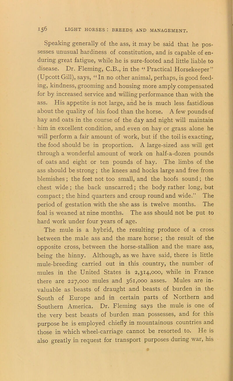 Speaking generally of the ass, it may be said that he pos- sesses unusual hardiness of constitution, and is capable of en- during great fatigue, while he is sure-footed and little liable to disease. Dr. Fleming, C.B., in the “Practical Horsekeeper” (Upcott Gill), says, “ In no other animal, perhaps, is good feed- ing, kindness, grooming and housing more amply compensated for by increased service and willing performance than with the ass. His appetite is not large, and he is much less fastidious about the quality of his food than the horse. A few pounds of hay and oats in the course of the day and night will maintain him in excellent condition, and even on hay or grass alone he Avill perform a fair amount of work, but if the toil is exacting, the food should be in proportion. A large-sized ass will get through a wonderful amount of work on half-a-dozen pounds of oats and eight or ten pounds of hay. The limbs of the ass should be strong; the knees and hocks large and free from blemishes; the feet not too small, and the hoofs sound; the chest wide ; the back unscarred; the body rather long, but compact; the hind quarters and croup round and wide.” The period of gestation with the she ass is twelve months. The foal is weaned at nine months. The ass should not be put to hard work under four years of age. The mule is a hybrid, the resulting produce of a cross between the male ass and the mare horse; the result of the opposite cross, between the horse-stallion and the mare ass, being the hinny. Although, as we have said, there is little mule-breeding carried out in this country, the number of mules in the United States is 2,314,000, while in France there are 227,000 mules and 361,000 asses. Mules are in- valuable as beasts of draught and beasts of burden in the South of Europe and in certain parts of Northern and Southern America. Dr. Fleming says the mule is one of the very best beasts of burden man possesses, and for this purpose he is employed chiefly in mountainous countries and those in which wheel-carriage cannot be resorted to. He is also greatly in request for transport purposes during war, his