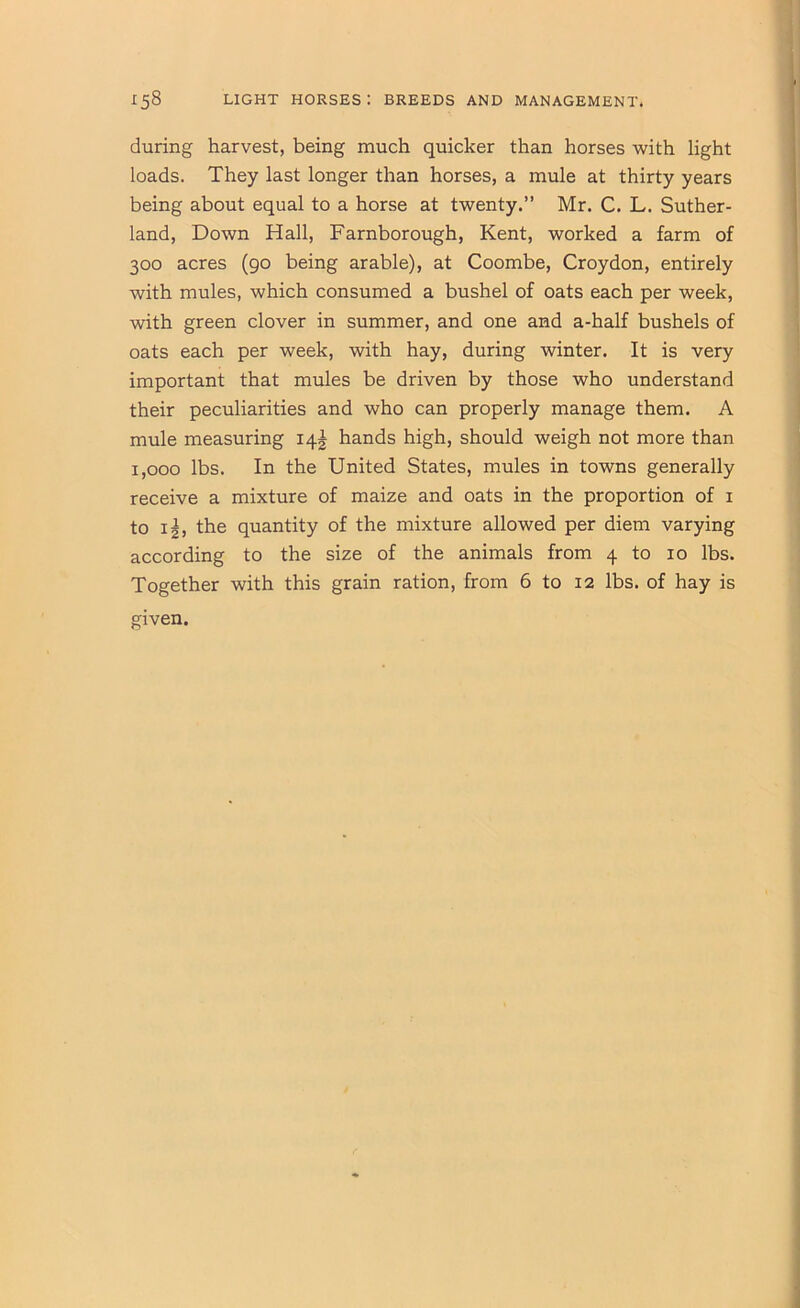 during harvest, being much quicker than horses with light loads. They last longer than horses, a mule at thirty years being about equal to a horse at twenty.” Mr. C. L. Suther- land, Down Hall, Farnborough, Kent, worked a farm of 300 acres (90 being arable), at Coombe, Croydon, entirely with mules, which consumed a bushel of oats each per week, with green clover in summer, and one and a-half bushels of oats each per week, with hay, during winter. It is very important that mules be driven by those who understand their peculiarities and who can properly manage them. A mule measuring 14^ hands high, should weigh not more than 1,000 lbs. In the United States, mules in towns generally receive a mixture of maize and oats in the proportion of i to 11, the quantity of the mixture allowed per diem varying according to the size of the animals from 4 to 10 lbs. Together with this grain ration, from 6 to 12 lbs. of hay is given.