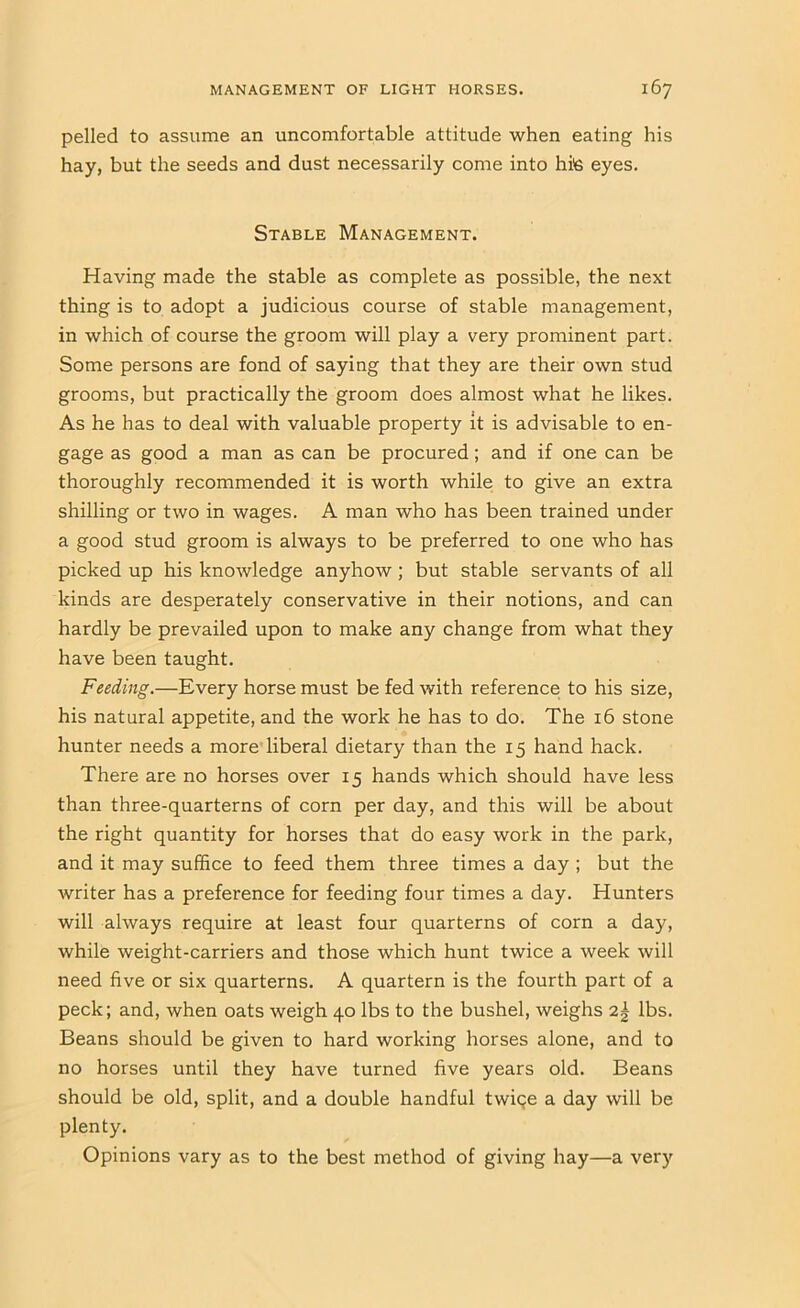 polled to assume an uncomfortable attitude when eating his hay, but the seeds and dust necessarily come into hife eyes. Stable Management. Having made the stable as complete as possible, the next thing is to adopt a judicious course of stable management, in which of course the groom will play a very prominent part. Some persons are fond of saying that they are their own stud grooms, but practically the groom does almost what he likes. As he has to deal with valuable property it is advisable to en- gage as good a man as can be procured; and if one can be thoroughly recommended it is worth while to give an extra shilling or two in wages. A man who has been trained under a good stud groom is always to be preferred to one who has picked up his knowledge anyhow; but stable servants of all kinds are desperately conservative in their notions, and can hardly be prevailed upon to make any change from what they have been taught. Feeding.—Every horse must be fed with reference to his size, his natural appetite, and the work he has to do. The i6 stone hunter needs a more liberal dietary than the 15 hand hack. There are no horses over 15 hands which should have less than three-quarterns of corn per day, and this will be about the right quantity for horses that do easy work in the park, and it may suffice to feed them three times a day ; but the writer has a preference for feeding four times a day. Hunters will always require at least four quarterns of corn a day, while weight-carriers and those which hunt twice a week will need five or six quarterns. A quartern is the fourth part of a peck; and, when oats weigh 40 lbs to the bushel, weighs 2| lbs. Beans should be given to hard working horses alone, and to no horses until they have turned five years old. Beans should be old, split, and a double handful twiqe a day will be plenty. Opinions vary as to the best method of giving hay—a very