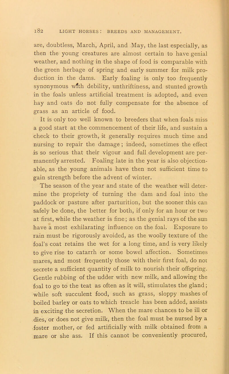 are, doubtless, March, April, and May, the last especially, as then the young creatures are almost certain to have genial weather, and nothing in the shape of food is comparable with the green herbage of spring and early summer for milk pro- duction in the dams. Early foaling is only too frequently synonymous wfth debility, unthriftiness, and stunted growth in the foals unless artificial treatment is adopted, and even hay and oats do not fully compensate for the absence of grass as an article of food. It is only too well known to breeders that when foals miss a good start at the commencement of their life, and sustain a check to their growth, it generally requires much time and nursing to repair the damage ; indeed, sometimes the effect is so serious that their vigour and full development are per- manently arrested. Foaling late in the year is also objection- able, as the young animals have then not sufficient time to gain strength before the advent of winter. The season of the year and state of the weather will deter- mine the propriety of turning the dam and foal into the paddock or pasture after parturition, but the sooner this can safely be done, the better for both, if only for an hour or two at first, while the weather is fine; as the genial rays of the sun have a most exhilarating influence on the foal. Exposure to rain must be rigorously avoided, as the woolly texture of the foal’s coat retains the wet for a long time, and is very likely to give rise to catarrh or some bowel affection. Sometimes mares, and most frequently those with their first foal, do not secrete a sufficient quantity of milk to nourish their offspring. Gentle rubbing of the udder with new milk, and allowing the foal to go to the teat as often as it will, stimulates the gland; while soft succulent food, such as grass, sloppy mashes of boiled barley or oats to which treacle has been added, assists in exciting the secretion. When the mare chances to be ill or dies, or does not give milk, then the foal must be nursed by a foster mother, or fed artificially with milk obtained from a mare or she ass. If this cannot be conveniently procured.