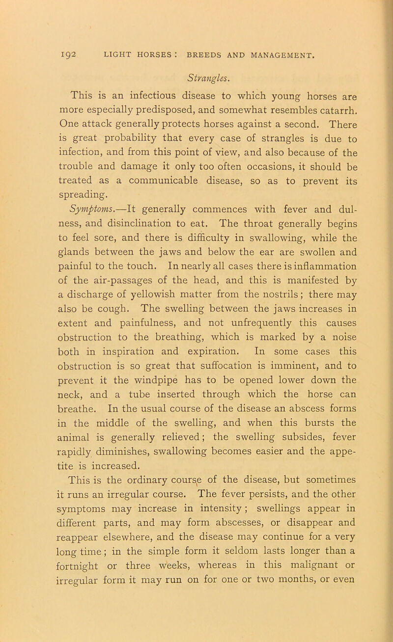 Strangles. This is an infectious disease to which young horses are more especially predisposed, and somewhat resembles catarrh. One attack generally protects horses against a second. There is great probability that every case of strangles is due to infection, and from this point of view, and also because of the trouble and damage it only too often occasions, it should be treated as a communicable disease, so as to prevent its spreading. Symptoms.—It generally commences with fever and dul- ness, and disinclination to eat. The throat generally begins to feel sore, and there is difficulty in swallowing, while the glands between the jaws and below the ear are swollen and painful to the touch. In nearly all cases there is inflammation of the air-passages of the head, and this is manifested by a discharge of yellowish matter from the nostrils; there may also be cough. The swelling between the jaws increases in extent and painfulness, and not unfrequently this causes obstruction to the breathing, which is marked by a noise both in inspiration and expiration. In some cases this obstruction is so great that suffocation is imminent, and to prevent it the windpipe has to be opened lower down the neck, and a tube inserted through which the horse can breathe. In the usual course of the disease an abscess forms in the middle of the swelling, and when this bursts the animal is generally relieved; the swelling subsides, fever rapidly diminishes, swallowing becomes easier and the appe- tite is increased. This is the ordinary cours^e of the disease, but sometimes it runs an irregular course. The fever persists, and the other symptoms may increase in intensity; swellings appear in different parts, and may form abscesses, or disappear and reappear elsewhere, and the disease may continue for a very long time; in the simple form it seldom lasts longer than a fortnight or three weeks, whereas in this malignant or irregular form it may run on for one or two months, or even