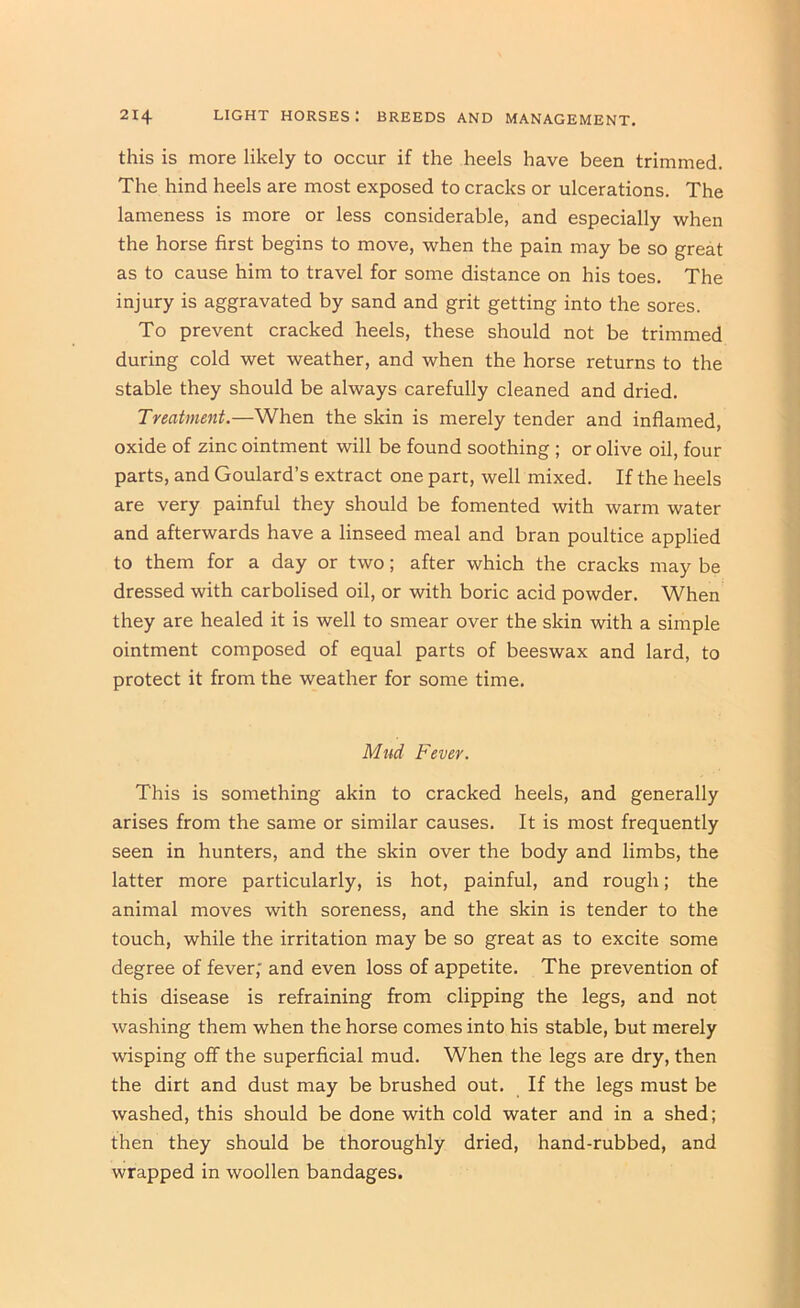 this is more likely to occur if the heels have been trimmed. The hind heels are most exposed to cracks or ulcerations. The lameness is more or less considerable, and especially when the horse first begins to move, when the pain may be so great as to cause him to travel for some distance on his toes. The injury is aggravated by sand and grit getting into the sores. To prevent cracked heels, these should not be trimmed during cold wet weather, and when the horse returns to the stable they should be always carefully cleaned and dried. Treatment.—When the skin is merely tender and inflamed, oxide of zinc ointment will be found soothing ; or olive oil, four parts, and Goulard’s extract one part, well mixed. If the heels are very painful they should be fomented with warm water and afterwards have a linseed meal and bran poultice applied to them for a day or two; after which the cracks may be dressed with carbolised oil, or with boric acid powder. When they are healed it is well to smear over the skin with a simple ointment composed of equal parts of beeswax and lard, to protect it from the weather for some time. Mud Fever. This is something akin to cracked heels, and generally arises from the same or similar causes. It is most frequently seen in hunters, and the skin over the body and limbs, the latter more particularly, is hot, painful, and rough; the animal moves with soreness, and the skin is tender to the touch, while the irritation may be so great as to excite some degree of fever; and even loss of appetite. The prevention of this disease is refraining from clipping the legs, and not washing them when the horse comes into his stable, but merely wisping off the superficial mud. When the legs are dry, then the dirt and dust may be brushed out. If the legs must be washed, this should be done with cold water and in a shed; then they should be thoroughly dried, hand-rubbed, and wrapped in woollen bandages.