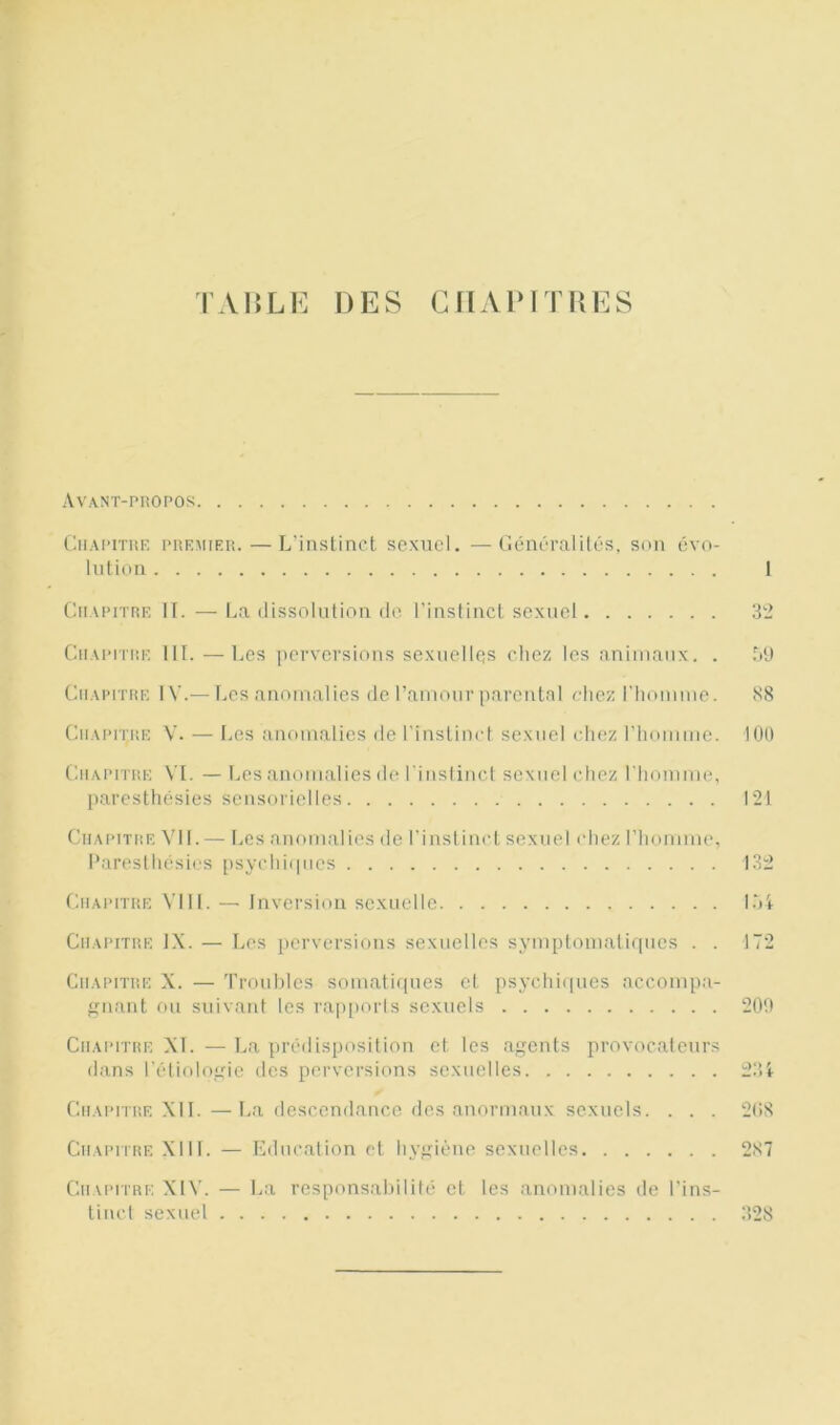 TAULK DES CIlAmiiES Avant-propos (riapitrk premier. — L’instinct sexuel, —Ciénéralilés, son évo- lution 1 Chapitre It. — La dissolution de l'instinct sexuel 32 Chapitre lit.—Les perversions sexuellQs cliez les aniiiiaux, . Tit) CiiAiMTRE IV.— Les anomalies de rainour parental chez l'homme. 88 Chapitre V. — Les anomalies de l’instinct sexuel «diez l’iiomme. lOl) Chapitre VI. — Les anomalies de rinslinci sexuel chez riiomme, paresthésies sensorielles 121 Chapitre VII. — I,es anomalies de l’instinct sexuel chez l’homme, l’arestiiésics psychiipies 132 Chapitre ^■|||. — Inversion sexuelle I.‘)i Chapitre IX. — Les perversions sexuelles syniptonialiqiies . . 172 Chapitre X. — Troubles somatiipies el psychii|ues accompa- gnant ou suivant les rap[)orls sexuels 200 Chapitre XI. — La préilisposition et les agents provocateurs dans l'étiologie des perversions sexuelles 23i Chapitre XII. —La descendance des anormaux sexuels. . . . 208 Chapitre XIII. — Education el hygiène sexuelles 287 Chapitre XIV. — l^a responsabilité et les anomalies de l’ins- tinct sexuel 328