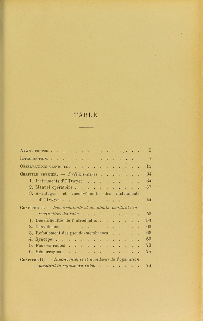 TABLE Avant-propos . . 5 Introduction 7 Observations cliniques 11 Chapitre premier. — Préliminaires 34 1. Instruments d’O’Dwyer 34 2. Manuel opératoire 37 3. Avantages et inconvénients des instruments d’O’Dwyer 44 Chapitre II. — Inconvénients et accidents pendant l'in- troduction du tube 53 1. Des difficultés de l’introduction 53 2. Convulsions 63 3. Refoulement des pseudo-membranes 65 4. Syncope 69 5. Fausses routes 70 6. Hémorragies 74 Chapitre III. — Inconvénients et accidents de Vopération pendant le séjour du tube 76