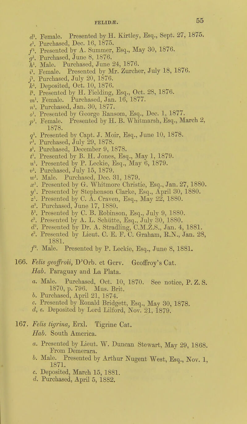 d\ Female. Presented by H. Kirtley, Esq., Sept. 27, 1876. eK Purchased, Dec. 16, 1875. Presented by A. Summer, Esq., May 30, 1876. g\ Purchased, June 8, 1876. h\ Male. Purchased, June 24, 1876. i\ Eemale. Presented by Mr. Zui-cher, July 18, 1876. /. Purchased, July 20, 1876. Deposited, Oct. 10, 1876. IK Presented by H. Eielding, Esq., Oct. 28, 1876. m}. Pemale. Purchased, Jan. 16, 1877. nK Purchased, Jan. 30, 1877. o'. Presented by George Eansom, Esq., Dec. 1, 1877. pK Female. Presented by H. B. Whitmarsh, Esq., March 2, 1878. qK Presented by Capt. J. Moir, Esq., June 10, 1878. r\ Purchased, July 29, 1878. s\ Purchased, December 9, 1878. t\ Presented by B. H. Jones, Esq., May 1, 1879. u\ Presented by P. Leckie, Esq., May 6, 1879. v\ Piu'chased, July 15, 1879. w\ Male. Purchased, Dec. 31, 1879. x\ Presented by Gr. Whitmore Christie, Esq., Jan. 27,1880. 2/\ Presented by Stephenson Clarke, Esq., April 30, 1880. z\ Presented by C. A. Craven, Esq., May 22, 1880. d\ Purchased, June 17, 1880. ¥. Presented by C. B. Eobiaison, Esq., JiUy 9, 1880. c^ Presented by A. L. Schiitte, Esq., July 30, 1880. d\ Presented by Dr. A. Stradling, C.M.Z.S., Jan. 4, 1881. e^ Presented by Lieut. 0. E. P. 0. Graham, E.N., Jan. 28, 1881. f. Male. Presented by P. Leckie, Esq., June 8, 1881. 166. Felis geoffroii, WOvh. et Gerv. Geoffrey's Cat. Hub. Paraguay and La Plata. a. Male. Purchased, Oct. 10, 1870. See notice, P. Z. S. 1870, p. 796. Mus. Brit. h. Purchased, April 21, 1874. c. Presented by Eonald Bridgett, Esq., May 30, 1878. cl, e. Deposited by Lord Lilford, Nov. 21, i879. 167. Felis tigrina, Erxl. Tigrine Cat. Hab. South America. a. Presented by Lieut. W. Duncan Stewart, May 29, 1868. Erom Demerara. 6. Male. Presented by Arthur Nugent West, Esq., Nov. 1 1871. ^ c. Deposited, March 15, 1881. d. Purchased, April 5, 1882.