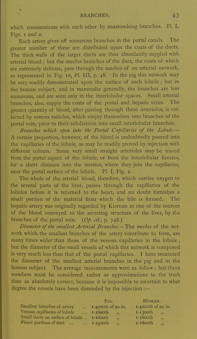 which communicate with each other by anastomising branches. PI. I, Figs. I and 2. Each artery gives off numerous branches in the portal canals. The greater number of these are distributed upon the coats of the ducts. The thick walls of the larger ducts are thus abundantly suppled with arterial blood ; but the smaller branches of the duct, the coats of which are extremely delicate, pass through the meshes of an arterial network, as represented in Fig. 10, PI. Ill, p. 48. • In the pig this network may be very readily demonstrated upon the surface of each lobule; but in the human subject, and in mammalia generally, the branches are less numerous, and are seen only in the interlobular spaces. Small arterial branches, also, supply the coats of the portal and hepatic veins. The greater quantity of blood, after passing through these arterioles, is col- lected by venous radicles, which empty themselves into branches of the portal vein, prior to their subdivision into small interlobular branches. Branches which open into the Portal Capillaries of the Lobule.— A certain proportion, however, of the blood is undoubtedly poured into the capillaries of the lobule, as may be readily proved by injection with different colours. Some very small straight arterioles may be traced from the portal aspect of the lobule, or from the interlobular fissures, for a short distance into the interior, where they join the capillaries, near the portal surface of the lobule. PI. I, Fig. 2. The whole of the arterial blood, therefore, which carries oxygen to the several parts of the liver, passes through the capillaries of the lobules before it is returned to the heart, and no doubt furnishes a small portion of the material from which the bile is formed. The hepatic artery was originally regarded by Kiernan as one of the sources of the blood conveyed to the secreting structure of the liver, by the branches of the portal vein. {Op. cit.., p. 748.) Diameter of the smallest Arterial Brattches.—The meshes oi the net- work which the smallest branches of the artery contribute to form, are many times wider than those of the venous capillaries in the lobule ; but the diameter of the small vessels of which this network is composed is very much less than that of the portal capillaries. I have measured the diameter of the smallest arterial branches in the pig and in the human subject. The average measurements were as follow; but these numbers must be considered rather as approximations to the truth than as absolutely correct, because it is impossible to ascertain to what degree the vessels have been distended by the injection :— Pig. Human. Smallest branches of artery ... i-4000111 of an in. i-40C0th of an in. Venous capillaries of lobule ... i-i6ooth ,, I-I300th ,, Small ducts on surface of lobule .. i-i6ooth ,, l-i8oolh ,, Finest portions of duct 1-2500111 ,, i-i8ooih ,,