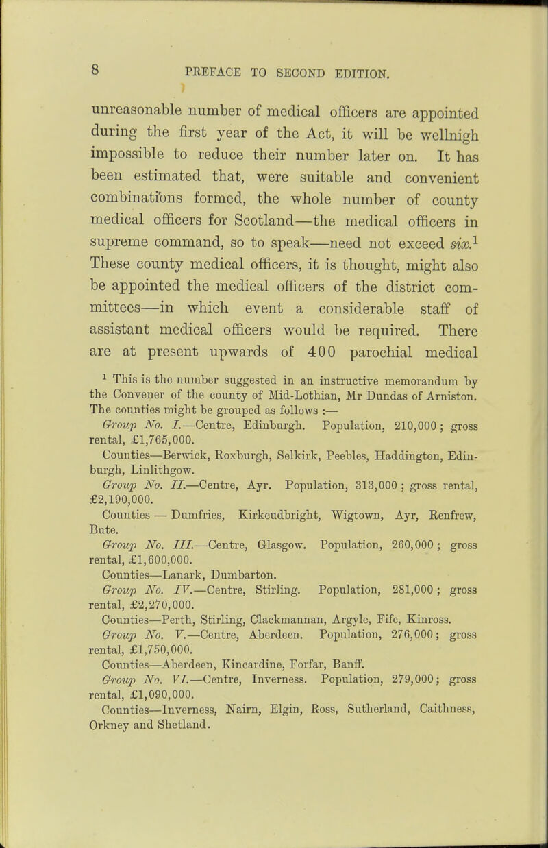 ) unreasonable number of medical officers are appointed during the first year of the Act, it will be wellnigh impossible to reduce their number later on. It has been estimated that, were suitable and convenient combinations formed, the whole number of county medical officers for Scotland—the medical officers in supreme command, so to speak—need not exceed six} These county medical officers, it is thought, might also be appointed the medical officers of the district com- mittees—in which event a considerable staff of assistant medical officers would be required. There are at present upwards of 400 parochial medical 1 This is the number suggested in an instructive memorandum by the Convener of the county of Mid-Lothian, Mr Dundas of Arniston. The counties might be grouped as follows :— Groiip No. I.—Centre, Edinburgh. Population, 210,000 ; gross rental, £1,765,000. Counties—Berwick, Eoxburgh, Selkirk, Peebles, Haddington, Edin- burgh, Linlithgow. Oroup No. II.—Centre, Ayr. Population, 313,000 ; gross rental, £2,190,000. Counties — Dumfries, Kirkcudbright, Wigtown, Ayr, Renfrew, Bute. Oroup No. III.—Centre, Glasgow. Population, 260,000; gross rental, £1,600,000. Counties—Lanark, Dumbarton. Group No. IV.—Centre, Stirling. Population, 281,000 ; gross rental, £2,270,000. Counties—Perth, Stirling, Clackmannan, Argyle, Fife, Kinross. Group No. V.—Centre, Aberdeen. Population, 276,000; gross rental, £1,750,000. Counties—Aberdeen, Kincardine, Forfar, Banff. Group No. VI.—Centre, Inverness. Population, 279,000; gross rental, £1,090,000. Counties—Inverness, Nairn, Elgin, Ross, Sutherland, Caithness, Orkney and Shetland.