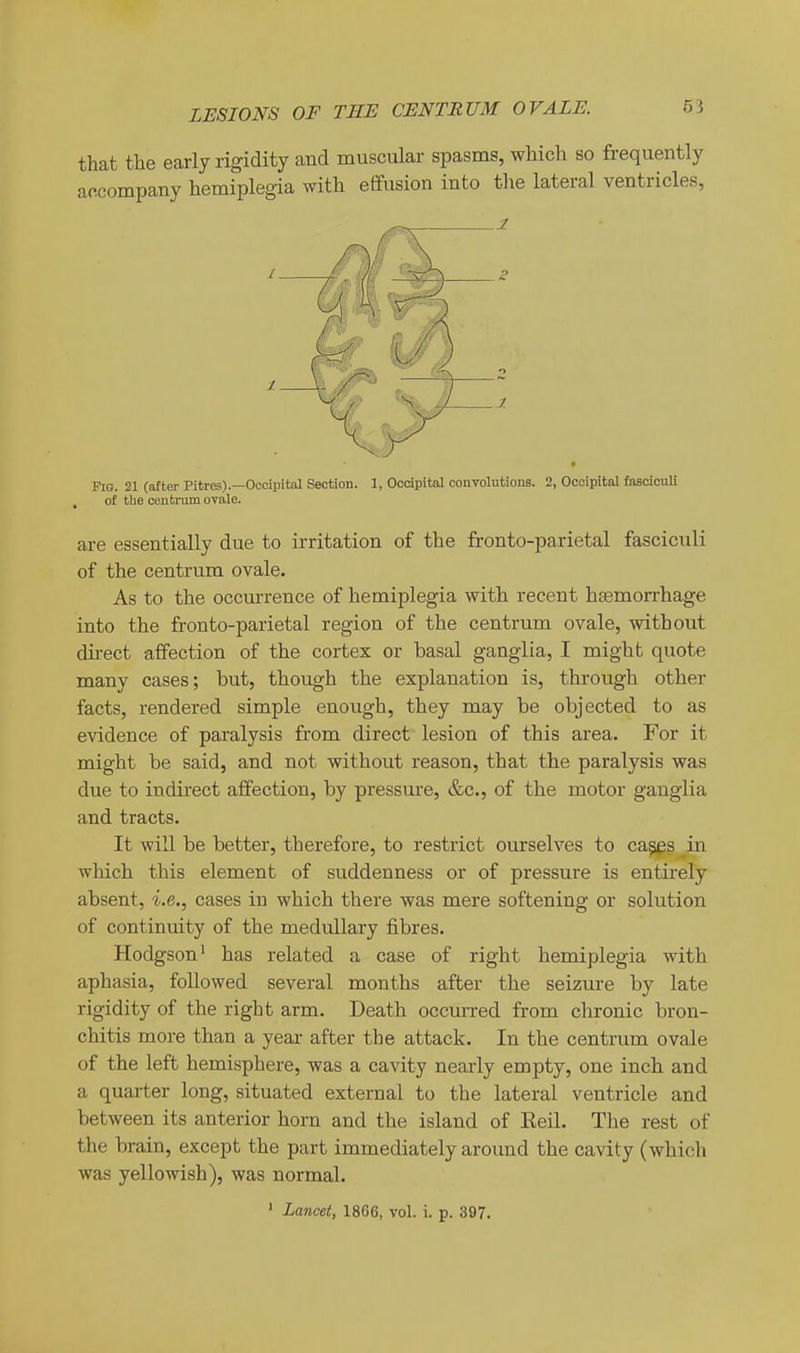 that the early rigidity and muscular spasms, which so frequently accompany hemiplegia with effusion into the lateral ventricles, Fig. 21 (after Pitres).—Occipital Section. 1, Occipital convolutions. 2, Occipital fasciculi of the centrum ovale. are essentially due to irritation of the fronto-parietal fasciculi of the centrum ovale. As to the occurrence of hemiplegia with recent haemorrhage into the fronto-parietal region of the centrum ovale, without direct affection of the cortex or basal ganglia, I might quote many cases; but, though the explanation is, through other facts, rendered simple enough, they may be objected to as evidence of paralysis from direct lesion of this area. For it might be said, and not without reason, that the paralysis was due to indirect affection, by pressure, &c., of the motor ganglia and tracts. It will be better, therefore, to restrict ourselves to ca^s in which this element of suddenness or of pressure is entii'ely absent, i.e., cases in which there was mere softening or solution of continuity of the medullary fibres. Hodgson' has related a case of right hemiplegia with aphasia, followed several months after the seizure by late rigidity of the right arm. Death occurred from chronic bron- chitis more than a year after the attack. In the centrum ovale of the left hemisphere, was a cavity nearly empty, one inch and a quarter long, situated external to the lateral ventricle and between its anterior horn and the island of Keil. The rest of the brain, except the part immediately around the cavity (which was yellowish), was normal. 1 ' Lancet, 1866, vol. i. p. 397.