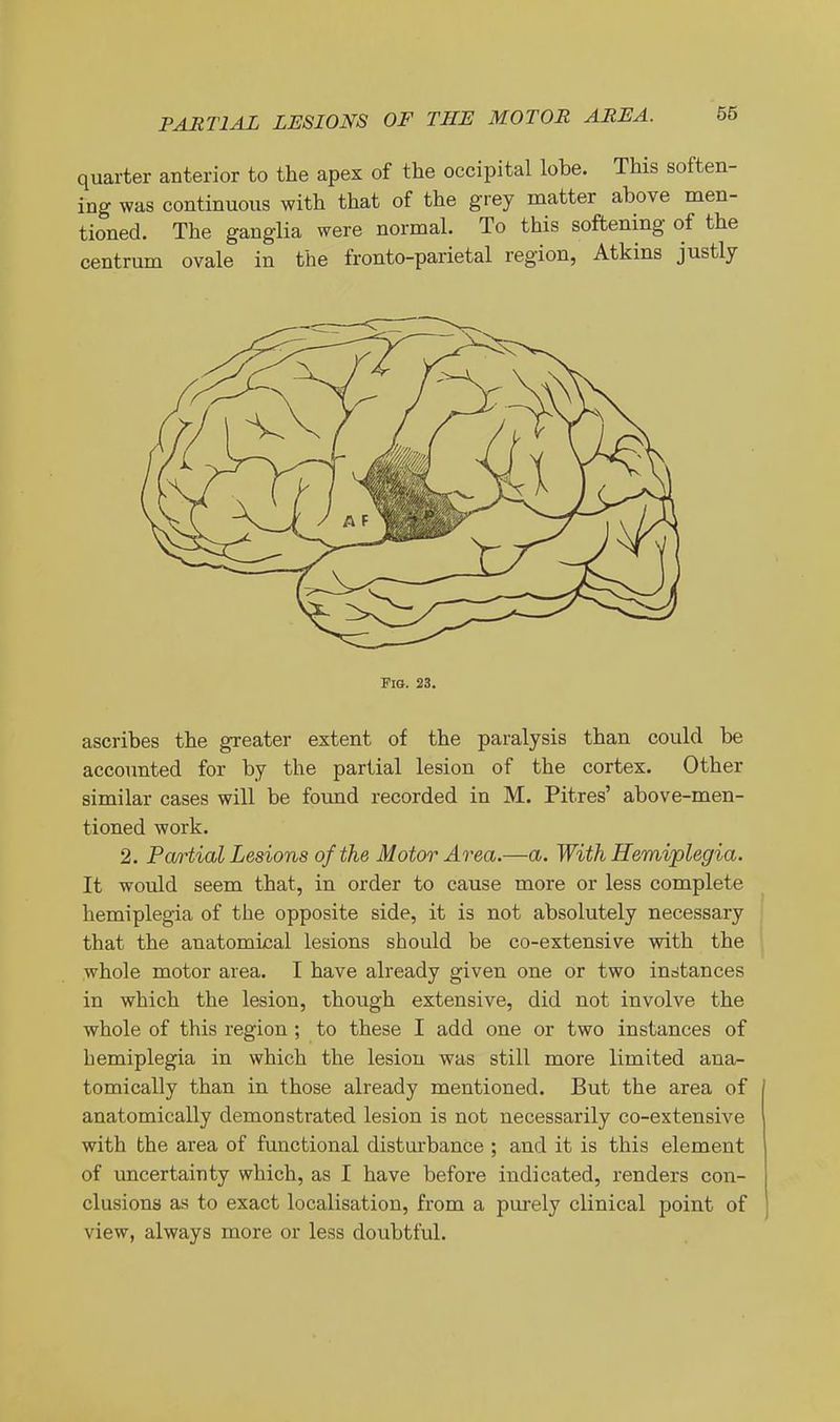 PARTIAL LESIONS OF THE MOTOR AREA. quarter anterior to the apex of the occipital lobe. This soften- ing was continuous with that of the grey matter above men- tioned. The ganglia were normal. To this softening of the centrum ovale in the fronto-parietal region, Atkins justly Fia. 23. ascribes the gTeater extent of the paralysis than could be accounted for by the partial lesion of the cortex. Other similar cases will be found recorded in M. Pitres' above-men- tioned work. 2. Partial Lesions of the Motor Area.—a. With Hemiplegia. It would seem that, in order to cause more or less complete hemiplegia of the opposite side, it is not absolutely necessary ) that the anatomical lesions should be co-extensive with the whole motor area. I have already given one or two instances in which the lesion, though extensive, did not involve the whole of this region; to these I add one or two instances of hemiplegia in which the lesion was still more limited ana- tomically than in those already mentioned. But the area of anatomically demonstrated lesion is not necessarily co-extensive with the area of functional disturbance ; and it is this element of uncertainty which, as I have before indicated, renders con- clusions as to exact localisation, from a pm-ely clinical point of view, always more or less doubtful.
