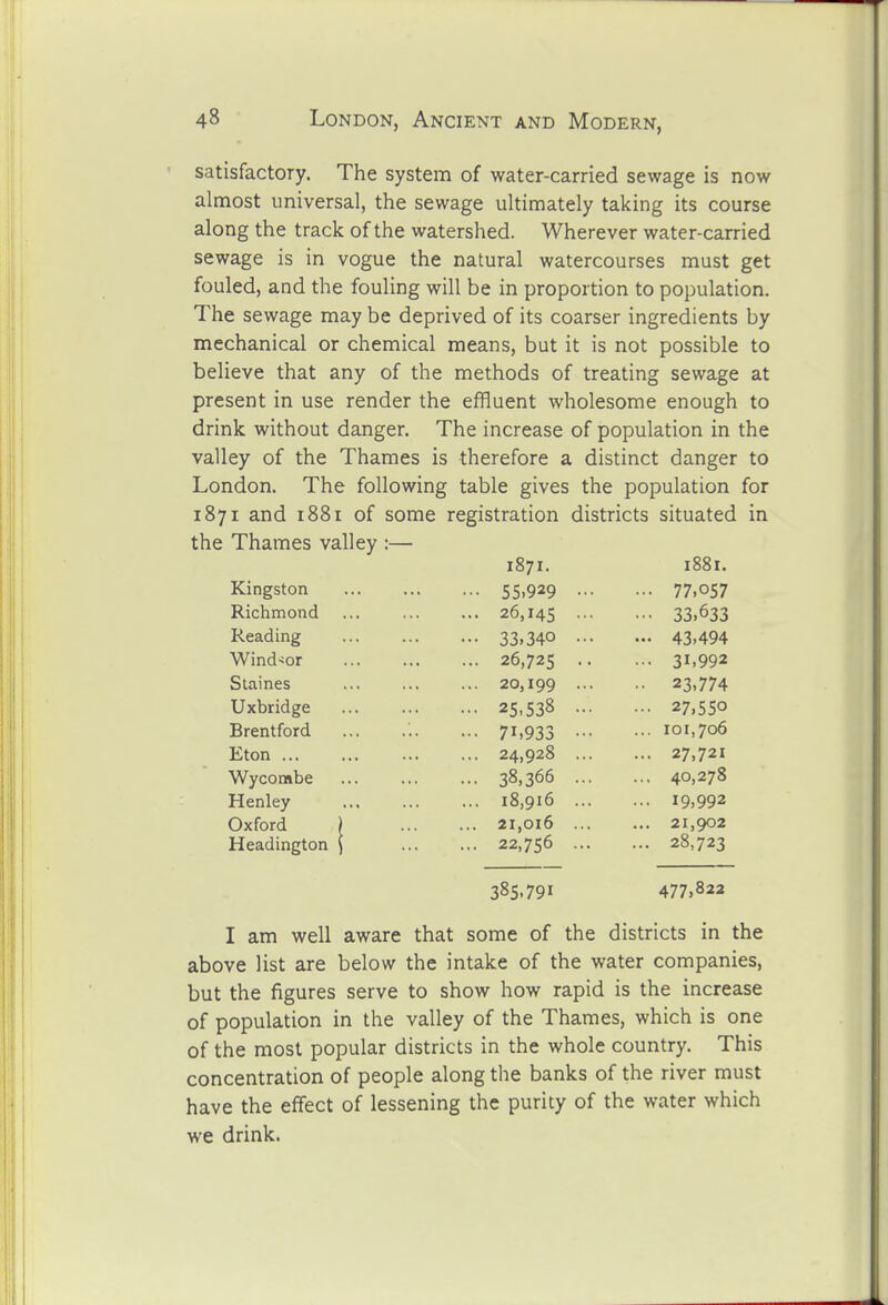satisfactory. The system of water-carried sewage is now almost universal, the sewage ultimately taking its course along the track of the watershed. Wherever water-carried sewage is in vogue the natural watercourses must get fouled, and the fouling will be in proportion to population. The sewage may be deprived of its coarser ingredients by mechanical or chemical means, but it is not possible to believe that any of the methods of treating sewage at present in use render the effluent wholesome enough to drink without danger. The increase of population in the valley of the Thames is therefore a distinct danger to London. The following table gives the population for 1871 and 1881 of some registration districts situated in the Thames valley :— 1871. 55.929 ••• 26,145 ... 33.340 ... 26,725 .. 20,199 ••• 25,538 ••• 71.933 ••■ 24,928 ... 38,366 ... 18,916 ... 21,016 ... 22,756 ... Kingston Richmond Reading Windsor Staines Uxbridge Brentford Eton ... Wycombe Henley Oxford Headington 1881. 77.057 33.633 43.494 31.992 23,774 27,550 101,706 27,721 40,278 19,992 21,902 28,723 385.791 477,822 I am well aware that some of the districts in the above list are below the intake of the water companies, but the figures serve to show how rapid is the increase of population in the valley of the Thames, which is one of the most popular districts in the whole country. This concentration of people along the banks of the river must have the effect of lessening the purity of the water which we drink.
