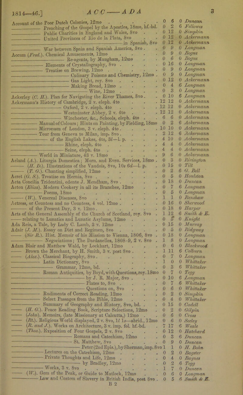 1814—46.] Account of the Poor Dutch Colonies, 12mo . . . • • Preaching of the Gospel by the Apostles, lSmo, hf.-bd. - Public Charities in England and Wales, 8vo United Provinces of liio de la Plata, 8vo . in Spanish, 8vo War between Spain and Spanish America, Svo Accum (Fred.). Chemical Amusements, 12mo Re-agents, by Maugham, 12mo Elements of Crystallography, 8vo Treatise on Brewing, 12mo . Culinary Poisons and Chemistry, 12mo Gas Light, roy. 8vo Making Bread, 12mo ■ Wine, 12mo Ackerley (C. H). Plan for Navigating the River Thames, 8vo Ackermann’s History of Cambridge, 2 v. eleph. 4to Oxford, 2 v. eleph. 4to Westminster Abbey, 2 v. 4to Winchester, &c., Schools, eleph. 4to Manual of Colours; Hints on Painting, by Fielding Microcosm of London, 3 v. eleph. 4to Tour from Geneva to Milan, imp. 8vo of the English Lakes, 4to, 31—1 Rhine, eleph. 4to Seine, eleph. 4to 18mo World in Miniature, 43 v. 18mo Acland (A.). Liturgia Domestica; Mont, and Even (H. !>.). Illustrations of the Yaudois, 8vo, 10s 6 cl (T. G.). Chanting simplified, 12mo Acret (G. S.). Treatise on Hernia, Svo . Acta Concilia Tridcntini, edente J. Mendham, 8vo Acton (Eliza). Modern Cookery in all its Branches, 12mo Poems, 18mo (TV.). Venereal Diseases, 8vo Services, 18mo —L p. Svo Actress, or Countess and no Countess, 4 vol. 12mo of the Present Day, 3 v. 12mo. Acts of the General Assembly of the Church of Scotland, roy. relating to Lunatics and. Lunatic Asylums, 12rao Ada Reis, a Tale, by Lady C. Lamb, 3 v. 12mo Adair (J. M.). Essay on Diet and Regimen, 8vo (Sir R-). Hist. Memoir of his Mission to Vienna, 1806, Svo Negociations; The Dardanelles, 1808-9, 2 v. 8vo Adam Blair and Matthew Wald, by Lockhart, 12mo Brown the Merchant, by H. Smith, 3 v. post 8vo (Alex.). Classical Biography, 8vo . Latin Dictionary, Svo ... Grammar, 12mo, bd. Roman Antiquities, by Boyd, with Questions, roj 1 by J. R. Major, 8vo . Plates to, 8vo . Questions on, Svo — Rudiments of Correct Reading, 12mo — Select Passages from the Bible, 12mo Summary of Geography and History, 8vo, bd. (H. G.). Pe.ace Reading Book, Scripture Selections, 12mo (John). Memoirs, (late Missionary at Calcutta,) 12mo (Pd.). Religious World displayed, 2 v. 8vo, li Is—abrid., (R. and J.). Works on Architecture, 3 v. imp. fol. hf.-bd (Thos.). Exposition of Four Gospels, 2 v. 8vo Romans and Catechism, 12mo St. Matthew, 8vo Peter(2nd Epis.),bySherman, • Lectures on the Catechism, 12mo Private Thoughts and Life, 12mo . by Bradley, 12mo Works, 3 v. 8vo (TV.). Gem of the Peak, or Guide to Matlock, 12mo Law and Custom of Slavery in British India, post 8vo . B 2 0 0 0 0 0 0 0 0 0 0 0 0 0 0 0 12 12 12 6 0 10 2 4 4 4 9 0 0 0 0 0 0 0 1 0 0 1 0 0 0 0 1 0 1 0 1 0 0 0 0 0 0 0 0 0 0 0 7 0 0 0 mp. 8vo 1 0 0 0 1 0 0 .18mo 12mo 6 2 12 12 12 9 9 6 16 9 9 12 4 3 10 12 12 12 6 2 10 12 10 4 4 6 3 15 2 5 18 7 5 1 16 18 12 jm 0 15 5 18 8 6 11 7 0 3 7 10 7 6 2 4 15 2 6 6 17 12 3 9 1 2 4 2 7 6 5 0 Duncan 6 Fellou-es 0 Simp kin 0 Ackermann 0 Ackermann 0 Longman 0 Rogue 0 Rogue 0 Longman 0 Longman 0 Longman 0 Ackermann 6 Longman 0 Longman 6 Longman 0 Ackermann 0 Ackermann 0 Ackermann 0 Ackermann 6 Ackermann 0 Ackermann 6 Ackermann 0 Ackermann 0 Ackermann 0 Ackennann 0 Ackermann 0 Jtivington 0 Tilt 6 G. Red 0 Houlston 0 Duncan 6 Longman 0 Longman 0 Renshaw 0 Sherwood 0 Harper 6 Smith <fe E. 0 Knight 0 Murray 0 Ridgway 0 Longman 0 Longman 0 Rlackwood 6 Colburn 0 Longman 0 Whittaker 6 Whittaker 0 Tegg 6 Longman 6 Whittaker 0 Whittaker 0 Simpkin 0 Whittaker 0 Cadell 0 Gilpin 0 Cross 0 Seeley 6 Weale 0 Hatchard 6 Duncan 0 Duncan 0 H. Rohn 0 Ragster 0 Raynes 6 Tegg 0 Duncan 0 Longman 6 Smith <Se E.