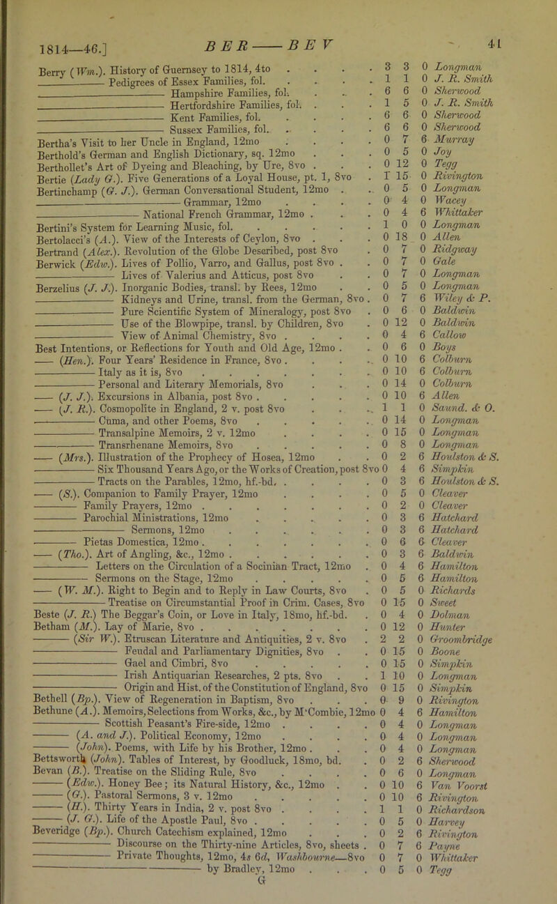 1814—46.] B E R B E V Berry ( Win.). History of Guernsey to 1814, 4to Pedigrees of Essex Families, fol. Hampshire Families, fol-. Hertfordshire Families, fol. . Kent Families, fol. Sussex Families, fol. Bertha’s Visit to her Uncle in England, 12mo Berthold’s German and English Dictionary, sq. 12mo Berthollet’s Art of Dyeing and Bleaching, by Ure, 8vo . Bertie (Lady G). Five Generations of a Loyal House, pt. 1, 8vo Bertinchamp (G. J.). German Conversational Student, 12mo . Grammar, 12mo National French Grammar, 12mo . Bertini’s System for Learning Music, fol Bertolacci’s (A.). View of the Interests of Ceylon, 8vo . Bertrand (Alex.). Revolution of the Globe Described, post 8vo Berwick (Edw.). Lives of Pollio, Varro, and Gallus, post 8vo . Lives of Valerius and Atticus, post 8vo Berzelius (J. J). Inorganic Bodies, transl. by Rees, 12mo Kidneys and Urine, transl. from the German, 8vo . 0 7 Pure Scientific System of Mineralogy, post 8vo . 0 6 —— Use of the Blowpipe, transl. by Children, 8vo . 0 12 View of Animal Chemistry, 8vo . . . .04 Best Intentions, or Reflections for Youth and Old Age, 12mo . .06 (Hen.). Four Years’ Residence in France, 8vo . . . . , 0 10 • Italy as it is, 8vo . 0 10 Personal and Literary Memorials, 8vo . . . 0 14 (J. J.). Excursions in Albania, post 8vo . . . . . 0 10 {J. R). Cosmopolite in England, 2 v. post 8vo . . ..11 Cuma, and other Poems, 8vo . . . . . 0 14 Transalpine Memoirs, 2 v. 12mo . . . . 0 15 Transrhenane Memoirs, 8vo 0 8 (Mrs.). Illustration of the Prophecy of Hosea, 12mo . .02 Six Thousand Years Ago, or the Works of Creation, post 8vo 0 4 Tracts on the Parables, 12mo, hf.-bd. . . . .03 (S.). Companion to Family Prayer, 12mo . . . .05 Family Prayers, 12mo 0 2 Parochial Ministrations, 12mo . . . . .03 Sermons, 12mo . . . . . .03 Pietas Domestica, 12mo. . . . . . .06 (Tho). Art of Angling, &c., 12mo . . . . . .03 Letters on the Circulation of a Socinian Tract, 12mo . 0 4 Sermons on the Stage, 12mo . . . . .05 (IF. M.). Right to Begin and to Reply in Law Courts, 8vo . 0 5 Treatise on Circumstantial Proof in Crim. Cases, 8vo 0 15 Beste (J. R.) The Beggar’s Coin, or Love in Italy, 18mo, hf.-bd. . 0 4 Betham (M.). Lay of Marie, 8vo 0 12 (Sir IF.). Etruscan Literature and Antiquities, 2 v. 8vo . 2 2 Feudal and Parliamentary Dignities, 8vo . . 0 15 Gael and Cimbri, 8vo . . . . . 0 15 Irish Antiquarian Researches, 2 pts. 8vo . . 1 10 Origin and Hist, of the Constitution of England, 8vo 0 15 Bethell (Bp). View of Regeneration in Baptism, 8vo . . .09 Bethune (A.). Memoirs,Selections from Works, &c., by M'Combie, 12mo 0 4 Scottish Peasant’s Fire-side, 12mo . . . .04 (A. and J). Political Economy, 12mo . . . .04 (John). Poems, with Life by his Brother, 12mo . . .04 Bettsworth (John). Tables of Interest, by Goodluck, 18mo, bd. . 0 2 Bevan (B.). Treatise on the Sliding Rule, 8vo . . . .06 (Edw). Honey Bee; its Natural History, &c., 12mo . . 0 10 (G). Pastoral Sermons, 3 v. 12mo . . . . . 0 10 (77.). Thirty Years in India, 2 v. post 8vo . . . .11 (J. G). Life of the Apostle Paul, 8vo . . . . .05 Beveridge (Bp). Church Catechism explained, 12mo . . .02 Discourse on the Thirty-nine Articles, 8vo, sheets . 0 7 Private Thoughts, 12mo, 4s 6d, Washbourne—8vo 0 7 by Bradley, 12mo . . .05 G . 3 3 . 1 1 . 6 6 . 1 5 . 6 6 . 6 6 . 0 7 . 0 5 . 0 12 . 1' 15 _ 0 5 . 0 4 . 0 4 . 1 0 . 0 18 . 0 7 . 0 7 . 0 7 . 0 5 0 Longman 0 J. R. Smith 0 Sherwood 0 J. R. Smith 0 Sherwood 0 Sherwood 6 Murray 0 Joy 0 Tegg 0 Rivington 0 Longman 0 Wacey 6 Whittaker 0 Longman 0 Allen 0 Ridgway 0 Gale 0 Longman 0 Longman 6 Wiley <k P. 0 Baldwin 0 Baldwin 6 Callow 0 Boys 6 Colbivrn 6 Colburn 0 Colburn 6 Allen 0 Saund. & O. 0 Longman 0 Longman 0 Longman 6 Houlston <k S. 6 Simpkin 6 Houlston <k S. 0 Cleaver 0 Cleaver 6 Hatchard 6 Hatchard 6 Cleaver 6 Baldwin 6 Hamilton 6 Hamilton 0 Richards 0 Sweet 0 Dolman 0 Hunter 0 Groombriclge 0 Boone 0 Simpkin 0 Longman 0 Simpkin 0 Rivington 6 Hamilton 0 Longman 0 Longman 0 Longman 6 Sherwood 0 Longman 6 Van Voorst 6 Rivington 0 Richardson 0 Harvey 6 Rivington 6 Payne 0 Whittaker 0 Tegg