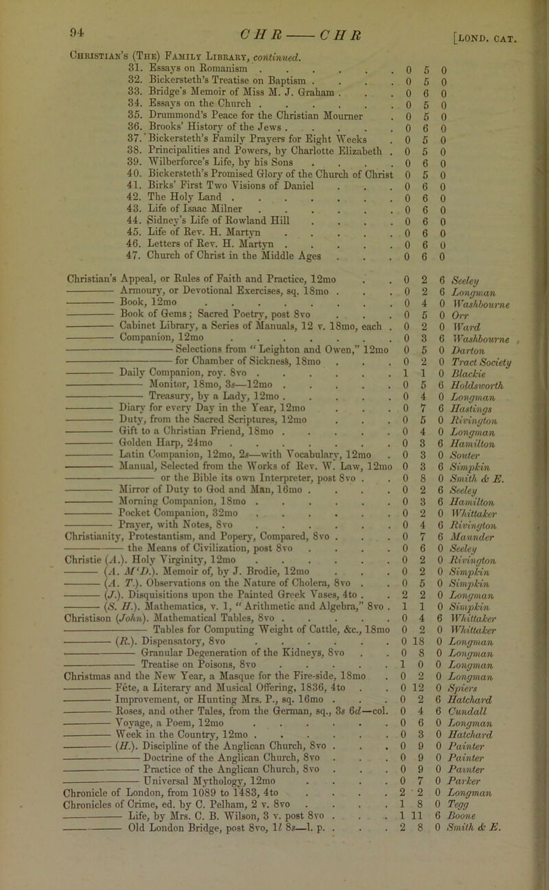 Christian’s (The) Family Library, continued. 31. Essays on Romanism . . . . . .05 32. Bickersteth’s Treatise on Baptism . . . .05 33. Bridge's Memoir of Miss M. J. Graham . . .06 34. Essays on the Church . . . . . .05 35. Drummond’s Peace for the Christian Mourner . 0 5 36. Brooks’ History of the Jews . . . . .06 37. 'Bickersteth’s Family Prayers for Eight Weeks . 0 5 38. Principalities and Powers, by Charlotte Elizabeth . 0 5 39. Wilberforce’s Life, by his Sons . . . .06 40. Bickersteth’s Promised Glory of the Church of Christ 0 5 41. Birks’ First Two Visions of Daniel . . .06 42. The Holy Land . . . . . . .06 43. Life of Isaac Milner . . . . . .06 44. Sidney’s Life of Rowland Hill . . . .06 45. Life of Rev. H. Martyn . . . . .06 46. Letters of Rev. H. Martyn . . . . .06 47. Church of Christ in the Middle Ages . . .06 Christian’s Appeal, or Rules of Faith and Practice, 12mo Armoury, or Devotional Exercises, sq. 18mo . ■ Book, 12mo ...... Book of Gems; Sacred Poetry, post 8vo Cabinet Library, a Series of Manuals, 12 v. 18mo, Companion, 12mo ..... Selections from “ Leighton and Owen,” ■ for Chamber of Sickness, 18mo Daily Companion, roy. 8vo Monitor, 18mo, 3s—12mo Treasury, by a Lady, 12mo . Diary for every Day in the Year, 12mo Duty, from the Sacred Scriptures, 12mo Gift to a Christian Friend, 18mo . Golden Harp, 24mo ..... Latin Companion, 12mo, 2s—with Vocabulary, 12mo Manual, Selected from the Works of Rev. W. Law, 12mo or the Bible its own Interpreter, post 8vo ach ,2mo Mirror of Duty to God and Man, 16mo Morning Companion, 18mo Pocket Companion, 32mo Prayer, with Notes, 8vo Christianity, Protestantism, and Popery, Compared, 8vo . the Means of Civilization, post 8vo Christie (A.). Holy Virginity, 12mo .... (A. M‘D.). Memoir of, by J. Brodie, 12mo (A. T). Observations on the Nature of Cholera, 8vo (J.). Disquisitions upon the Painted Greek Vases, 4to (S. II.). Mathematics, v. 1, “Arithmetic and Algebra, Christison (John). Mathematical Tables, 8vo . Tables for Computing Weight of Cattle, &c. (R.). Dispensatory, 8vo .... Granular Degeneration of the Kidneys, 8vo Treatise on Poisons, 8vo Christmas and the New Year, a Masque for the Fire-side, 18mo Fete, a Literary and Musical Offering, 1836, 4to Improvement, or Hunting Mrs. P., sq. 16mo . Roses, and other Tales, from the German, sq., 3s 6d—col. — Voyage, a Poem, 12mo Week in the Country, 12mo . (II). Discipline of the Anglican Church, 8vo — Doctrine of the Anglican Church, 8vo Practice of the Anglican Church, 8vo Universal Mythology, 12mo Chronicle of London, from 1089 to 1483, 4to Chronicles of Crime, ed. by C. Pelham, 2 v. 8vo Life, by Mrs. C. B. Wilson, 3 v. post 8vo Old London Bridge, post 8vo, If 8s—1. p. 8 vo 18mo 0 2 0 2 0 4 0 5 0 2 0 3 0 5 0 2 1 1 0 5 0 4 0 7 0 5 0 4 0 3 0 3 0 3 0 8 0 2 0 3 0 2 0 4 0 7 0 6 0 2 0 2 0 5 2 2 1 1 0 4 0 2 0 18 0 8 1 0 0 2 0 12 0 2 0 4 0 6 0 3 0 9 0 9 0 9 0 7 2 • 2 1 8 1 11 2 8 [lond. cat. 0 0 0 0 0 0 0 0 0 0 0 0 0 0 0 0 0 6 Seeley 6 Longman 0 Washbourne 0 Orr 0 Ward 6 Washhourne , 0 Barton 0 Tract Society 0 Blackie 6 Holdsworth 0 Longman 6 Hastings 0 Rivington 0 Longman 6 Hamilton 0 Souter 6 Simpkin 0 Smith tfc E. 6 Seeley 6 Hamilton 0 Whittaker 6 Rivington 6 Maunder 0 Seeley 0 Rivington 0 Simpkin 0 Simpkin 0 Longman 0 Simpkin 6 Whittaker 0 Whittaker 0 Longman 0 Longman 0 Longman 0 Longman 0 Spiers 6 Hatchard 6 Cundall 0 Longman 0 Hatchard 0 Painter 0 Painter 0 Painter 0 Parker 0 Longman 0 Tcgg 6 Boone 0 Smith ft E.