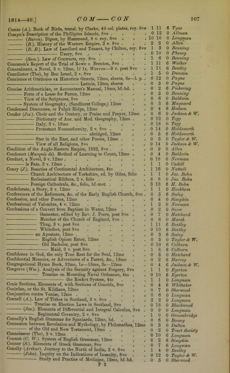 1814—46.] Comte (.4.). Book of Birds, transl. by Clarke, 40 col. plates, roy. 8vo Comyn’s Description of the Phillipine Islands, 8vo . (Baron). Digest, by Hammond, 8 v. roy. 8vo . (R.). History of the Western Empire, 2 y. 8vo . (R. B.). Law of Landlord and Tenant, by Chilton, roy. 8vo Usury, 8vo , (Sam.). Law of Contracts, roy. 8vo Concanen’s Report of the Trial of Rowe v. Brenton, 8vo . Concealment, a Novel, 3 v. 12mo, 11 Is, Warren—3 v. post 8vo Conciliator (The), by Ben Israel, 2 v. 8vo . ... . Conciones et Orationes ex Historicis Graecis, 12mo, sheets, 8s—1. p. . Latinis, 12mo, sheets Concise Arithmetician, or Accountant’s Manual, 18mo, hf.-bd. . Form of a Lease for Farms, 12mo ..... View of the Scriptures, 8vo ...... -— System of Geography, (Sandhurst College,) 12mo Condensed Discourses, or Pulpit Helps, 12mo .... Conder (Jos.). Choir and the Oratory, or Praise and Prayer, 12mo . Dictionary of Anc. and Mod. Geography, 12mo . Italy, 3 v. 18mo Protestant Nonconformity, 2 v. 8vo .... abridged, 12mo . Star in the East, and other Poems, 12mo . View of all Religions, 8vo ..... Condition of the Anglo-Eastern Empire, 1832, 8vo .... Condorcet (Marquis de). Method of Learning to Count, 12mo . Conduct, a Novel, 3 v. 12mo ........ is Fate, 3 v. 12mo ........ Coney (J.). Beauties of Continental Architecture, 4to Church Architecture of Yorkshire, ed. by Giles, folio Ecclesiastical Edifices, 2 v. folio ..... Foreign Cathedrals, &c., folio, hf.-mor. .... Confederate, a Story, 3 v. 12mo Conferences of the Reformers, &c. of the Early English Church, 8vo . Confession, and other Poems, 12mo ...... Confessional of Valombre, 4 v. 12mo Confessions of a Convert from Baptism in Water, 12mo . • Gamester, edited by Rev. J. Peers, post 8vo . Member of the Church of England, 8vo . Thug, 3 v. post 8vo ...... Whitefoot, post 8vo ...... an Apostate, 12mo ....... • English Opium Eater, 12mo .... Old Bachelor, post 8vo ■ Maid, 3 v. post 8vo ..... Confidence in God, the only True Rest for the Soul, 12mo Confidential Memoirs, or Adventures of a Parrot, &c., 18mo Congregational Hymn Book, 32mo, Is—18mo, 3s—12mo Congreve (Wm.). Analysis of the Security against Forgery, 8vo Treatise on Mounting Naval Ordnance, 4to . the Rocket System, 4to Conic Sections, Elements of, with Sections of Conoids, 8vo Conirdan, or the St. Kildians, 12mo Conjuration contre Venise, 12mo Connell (A.). Law of Tithes in Scotland, 3 v. 8vo . Treatise on Election Laws in Scotland, 8vo (Jas.). Elements of Differential and Integral Calculus, 8vo . Regimental Coventry, 2 v. 8vo .... Connelly’s English Grammar for Spaniards, 12mo, bd. Connexion between Revelation and Mythology, by Philomathes, 12mo of the Old and New Testament, 18mo .... Connoisseur (The), 3 v. 12mo Connon (C. IV.). System of English Grammar, 12mo Connor (S.). Elements of Greek Grammar, 8vo .... Conolly (Arthur). Journey to the North of India, 2 v. 8vo (John). Inquiry on the Indications of Insanity, 8vo . Study and Practice of Medicine, 12mo, hf.-bd. P 2 1 11 0 12 10 10 2 2 1 3 0 10 1 6 1 11 1 11 1 5 0 12 0 5 0 2 0 5 0 6 0 3 0 4 0 6 0 12 0 18 0 14 0 5 0 5 0 14 0 9 0 4 0 18 1 1 1 16 1 1 8 8 3 13 1 1 0 5 0 4 1 2 0 2 0 7 0 6 1 11 0 10 0 3 0 6 0 10 1 8 0 5 0 2 0 4 1 1 0 10 1 1 0 4 0 7 0 6 2 2 0 18 0 9 1 0 0 6 0 3 0 2 0 10 0 2 0 7 1 4 0 12 0 5 6 Tyas 0 Allman 0 Longman 0 Allen 0 Benning 0 Pheney 0 Benning 6 Walker 6 Bentley 0 Duncan 0 Payne 0 Payne 6 Pickering 0 Benning 0 Baldwin 6 Maynard 6 Dodson 0 Jackson A W. 0 Tegg 0 Tegg 0 Doldsworth 6 Doldsworth 0 Taylor <k W. 0 Jackson <fc IF. 0 Allen 0 Baldwin 0 Newman 0 Cadell 0 Nattali 0 Jas. Bohn 0 Jas. Bohn 6 D. Bohn 0 Dookham 6 Seeley 0 Simpkin 0 Newman 0 Snow 0 Datcliard 0 Marsh 6 Bentley 6 Bentley 6 Seeley 0 Taylor & W. 6 Colburn 6 Colburn 0 Date hard 6 Darvey 6 Jackson & W. 0 Egerton 6 Egerton 0 Longman 6 Whittaker 0 Sherwood 0 Longman 0 Longman 0 Blackwood 0 Longman 0 Oroombridge 0 Boosey 0 Dalton 0 Tract Society 6 Longman 6 Simpkin 6 Longman 0 Bentley 0 Taylor & W. 0 Sherwood