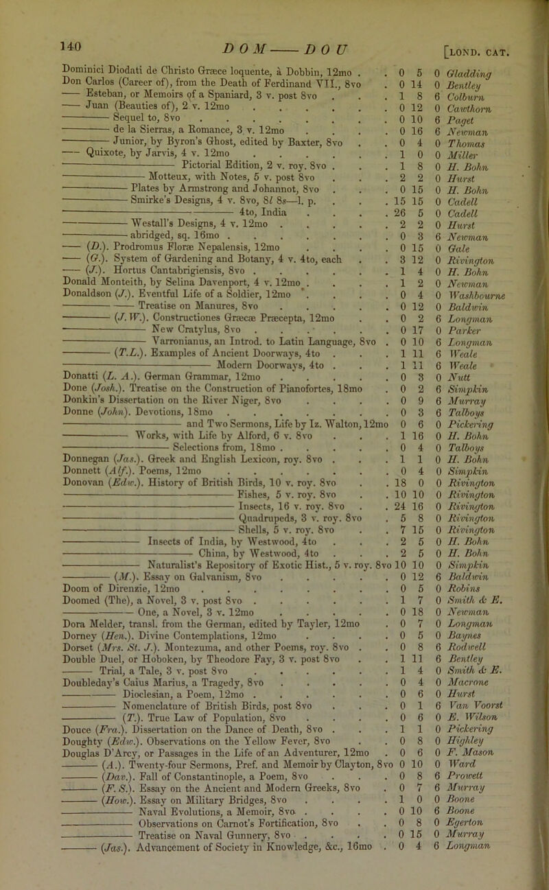 Dominici Diodati de Christo Greece loquente, a Dobbin, 12mo . Don Carlos (Career of), from the Death of Ferdinand VTI., 8vo Esteban, or Memoirs of a Spaniard, 3 v. post 8vo Juan (Beauties of), 2 v. 12mo .... Sequel to, 8vo ...... de la Sierras, a Romance, 3 v. 12mo Junior, by Byron’s Ghost, edited by Baxter, 8vo Quixote, by Jarvis, 4 v. 12mo — Pictorial Edition, 2 v. roy. 8vo Motteux, with Notes, 5 v. post 8vo Plates by Armstrong and Johannot, 8vo - Smirke’s Designs, 4 y. 8vo, 81 8s—1. p. 4to, India • W(“stall's Designs, 4 v. 12mo ■ abridged, sq. 16mo (J).). Prodromus Florae Nepalensis, 12mo (O.). System of Gardening and Botany, 4 v. 4to, each (J.). Hortus Cantabrigiensis, 8vo .... Donald Monteith, by Selina Davenport, 4 v. 12mo . Donaldson (,/.). Eventful Life of a Soldier, 12mo ’. Treatise on Manures, 8vo (y. IF.). Constructiones Groecae Praecepta, 12mo -— New Cratylus, 8vo . . . • Varronianus, an Introd. to Latin Language, (T.L.). Examples of Ancient Doorways, 4to Modern Doorways, 4to . Donatti (L. A.). German Grammar, 12mo ivo Done (Josh.). Treatise on the Construction of Pianofortes, 18mo Donkin’s Dissertation on the River Niger, 8vo Donne (John). Devotions, 18mo ..... and Two Sermons, Life by Iz. Walton Works, with Life by Alford, 6 v. 8vo Selections from, 18mo Donnegan (Jas). Greek and English Lexicon, roy. 8vo . Donnett (A If.). Poems, 12mo ..... Donovan (Edw.). History of British Birds, 10 v. roy. 8vo ■ Fishes, 5 v. roy. 8vo Insects, 16 v. roy. 8vo Quadrupeds, 3 v. roy. 8vo Shells, 5 v. roy. 8vo Insects of India, by Westwood, 4to China, by Westwood, 4to Naturalist’s Repository of Exotic Hist., 5 v. roy. 8vo 10 10 (M). Essay on Galvanism, 8vo Doom of Direnzie, 12mo Doomed (The), a Novel, 3 v. post 8vo . One, a Novel, 3 v. 12mo Dora Melder, transl. from the German, edited by Tayler, 12mo Domey (Hen.). Divine Contemplations, 12mo Dorset (Mrs. St. J.). Montezuma, and other Poems, roy. 8vo Double Duel, or Hoboken, by Theodore Fay, 3 v. post 8vo Trial, a Tale, 3 v. post 8vo Doubleday’s Caius Marius, a Tragedy, 8vo Dioclesian, a Poem, 12mo . . Nomenclature of British Birds, post 8vo (T.). True Law of Population, 8vo Douce (Era.). Dissertation on the Dance of Death, 8vo Doughty (Edw.). Observations on the Yellow Fever, 8vo Douglas D’Arcy, or Passages in the Life of an Adventurer, 12mo (A.). Twenty-four Sermons, Pref. and Memoir by Clay ton (Dav). Fall of Constantinople, a Poem, 8vo (F. S.). Essay on the Ancient and Modem Greeks, 8vo (How.). Essay on Military Bridges, 8vo Naval Evolutions, a Memoir, 8vo . Observations on Carnot’s Fortification, 8vo Treatise on Naval Gunnery, 8vo . 0 5 0 Gladding . 0 14 0 Bentley . 1 8 6 Colburn . 0 12 0 Cawthom . 0 10 6 Paget . 0 16 6 Newman . 0 4 0 Thomas . 1 0 0 Miller . 1 8 0 H. Bohn . 2 2 0 Hurst . 0 15 0 H. Bohn . 15 15 0 Cadell . 26 5 0 Cadell . 2 2 0 Hurst . 0 3 6 Newman . 0 15 0 Gale . 3 12 0 Rivington . 1 4 0 H. Bohn . 1 2 0 Newman . 0 4 0 Washboume . 0 12 0 Baldicin . 0 2 6 Longman . 0 17 0 Parker > . 0 10 6 Longman . 1 11 6 Weale . 1 11 6 Weale . 0 3 0 Nutt . 0 2 6 Simpkin . 0 9 6 Murray . 0 3 6 Talboys !mo 0 6 0 Pickering . 1 16 0 H. Bohn . 0 4 0 Talbot/s . 1 1 0 H. Bohn . 0 4 0 Simpkin . 18 0 0 Rivington . 10 10 0 Rivington . 24 16 0 Rivington . 5 8 0 Rivington . 7 15 0 Rivington . 2 5 0 H. Bohn . 2 5 0 H. Bohn 8vo 10 10 0 Simpkin . 0 12 6 Baldwin . 0 5 0 Robins . 1 7 0 Smith di E. . 0 18 0 Newman . 0 7 0 Longman . 0 5 0 Baynes . 0 8 6 Rodwell . 1 11 6 Bentley . 1 4 0 Smith di E. . 0 4 0 Macrosle . 0 6 0 Hurst . 0 1 6 Van Voorst . 0 6 0 E. Wilson . 1 1 0 Picketing . 0 8 0 Highley . 0 6 0 F. Mason 8 vo 0 10 0 Ward . 0 8 6 Prowelt . 0 7 6 Murray . 1 0 0 Boone . 0 10 6 Boone . 0 8 0 Egerlon . 0 15 0 Murray