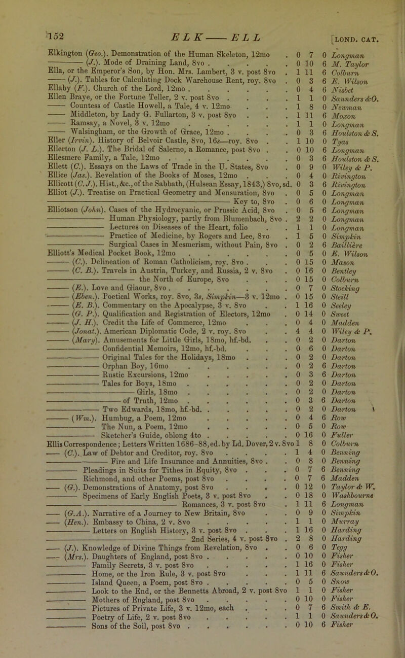 Elkington (Geo.). Demonstration of the Human Skeleton, 12mo (J.). Mode of Draining Land, 8vo .... 8vo Ellaby (F.). Church of the Lord, 12mo . Ellen Braye, or the Fortune Teller, 2 v. post 8vo . Countess of Castle Howell, a Tale, 4 v. 12mo Middleton, by Lady G. Fullarton, 3 v. post 8vo Ramsay, a Novel, 3 v. 12mo Walsingham, or the Growth of Grace, 12mo . Eller (Irvin). History of Belvoir Castle, 8vo, 16s—roy. Ellerton (J. L.). The Bridal of Salerno, a Romance, post 8vo Ellesmere Family, a Tale, 12mo .... Ellett (C.). Essays on the Laws of Trade in the U. States, 8vo Ellice (Jas.). Revelation of the Books of Moses, 12mo . Ellicott(C./.). Hist., &c., of the Sabbath, (Hulsean Essay, 1843,) 8v Elliot (J.). Treatise on Practical Geometry and Mensuration, 8vo Key to, 8vo Elliotson (John). Cases of the Hydrocyanic, or Prussic Acid, 8vo Lectures on Diseases of the Heart, folio Practice of Medicine, by Rogers and Lee, 8vo Elliott’s Medical Pocket Book, 12mo ..... (C.). Delineation of Roman Catholicism, roy. 8vo . (C. B.). Travels in Austria, Turkey, and Russia, 2 v. 8vo the North of Europe, 8vo (E.). Love and Giaour, 8vo ...... (Eben.). Poetical Works, roy. 8vo, 3s, Simpkin—3 v. 12n (E. B.). Commentary on the Apocalypse, 3 v. 8vo (G. P.). Qualification and Registration of Electors, 12mo (J. //.). Credit the Life of Commerce, 12mo (Jonat.). American Diplomatic Code, 2 v. roy. 8vo (Mary). Amusements for Little Girls, 18mo, hf.-bd. Confidential Memoirs, 12mo, hf.-bd. Original Tales for the Holiday Orphan Boy, 16mo Rustic Excursions, 12mo Tales for Boys, 18mo ■ Girls, 18mo s, 18mo •of Truth, 12mo Two Edwards, 18mo, hf.-bd. (Wm.). Humbug, a Poem, 12mo The Nun, a Poem, 12mo Sketcher’s Guide, oblong 4to Ellis Correspondence; Letters Written 1686-88, ed. by Ld. Dover, 2 v. 8vo 1 (C.). Law of Debtor and Creditor, roy. 8vo Fire and Life Insurance and Annuities, 8vo Pleadings in Suits for Tithes in Equity, 8vo Richmond, and other Poems, post 8vo (G.). Demonstrations of Anatomy, post 8vo Specimens of Early English Poets, 3 v. post 8vo Romances, 3 v. post 8vo (G.A.). Narrative of a Journey to New Britain, 8vo (Hen.). Embassy to China, 2 v. 8vo . . . . Letters on English History, 3 v. post 8vo . 2nd Series, 4 v. post 8 (J.). Knowledge of Divine Things from Revelation, 8vo . (Mrs.). Daughters of England, post 8vo . Family Secrets, 3 v. post 8vo Home, or the Iron Rule, 3 v. post 8vo Island Queen, a Poem, post 8vo . Look to the End, or the Bennetts Abroad, Mothers of England, post 8vo Pictures of Private Life, 3 v. 12mo, each Poetry of Life, 2 v. post 8vo Sons of the Soil, post 8vo . . . . 0 7 0 [lond. cat. Longman . 0 10 6 M. Taylor ) . 1 11 6 Colburn ) . 0 3 6 E. Wilson . 0 4 6 Nisbet . 1 1 0 Saunders <1:0. . 1 8 0 Neuman . 1 11 6 Moxon . 1 1 0 Longman . 0 3 6 Iloulston it S. . 1 10 0 Tyas . 0 10 6 Longman . 0 3 6 Houlston tfc S. . 0 9 0 Wiley <b P. . 0 4 0 Rivington •o,sd. 0 3 6 Rivington . 0 5 0 Longman . 0 6 0 Longman 1 . 0 5 6 Longman vo . 2 2 0 Longman . 1 1 0 Longman . 1 5 0 Simp tin o . 0 2 6 Bailliere . 0 5 0 E. Wilson . 0 15 0 Mason . 0 16 0 Bentley . 0 15 0 Colburn . 0 7 0 Stocking io . 0 15 0 Steill . 1 16 0 Seeley . 0 14 0 Sweet . 0 4 0 Madden . 4 4 0 Wiley & P. . 0 2 0 Darton . 0 6 0 Darton . 0 2 0 Darton . 0 2 6 Darton . 0 3 6 Darton . 0 2 0 Darton . 0 2 0 Darton . 0 3 6 Darton . 0 2 0 Darton 1 . 0 4 6 Row . 0 5 0 Row . 0 16 0 Fuller v. 8vo 1 8 0 Colburn . 1 4 0 Benning . 0 8 0 Benning . 0 7 6 Benning . 0 7 6 Madden . 0 12 0 Taylor & W. . 0 18 0 Washboume . 1 11 6 Longman . 0 9 0 Simpkin . 1 1 0 Murray . 1 16 0 Harding o . 2 8 0 Harding . 0 6 0 Tegg . 0 10 0 Fisher . 1 16 0 Fisher . 1 11 6 Saunders <1:0. . 0 5 0 Snow 8vo 1 1 0 Fisher . 0 10 0 Fisher . 0 7 6 Smith <fc E. . 1 1 0 Saunders & 0. . 0 10 6 Fisher