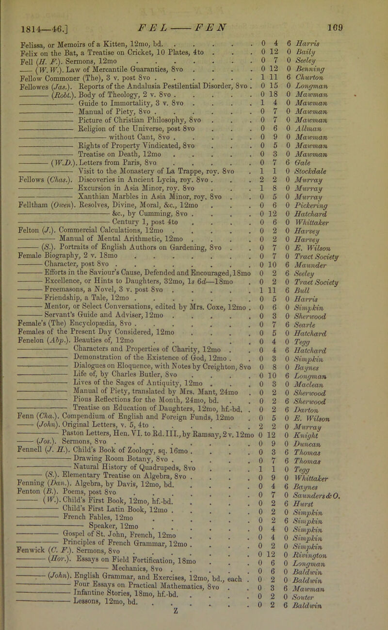 1814—46.] Felissa, or Memoirs of a Kitten, 12mo, bd Felix on the Bat, a Treatise on Cricket, 10 Plates, 4to . Fell (H. F). Sennons, 12mo ( W. IK). Law of Mercantile Guaranties, 8vo .... Fellow Commoner (The), 3 v. post 8vo ...... Fellowes (Jas.). Reports of the Andalusia Pestilential Disorder, 8vo . (Roll.). Body of Theology, 2 v. 8vo Guide to Immortality, 3 v. 8vo .... Manual of Piety, 8vo Picture of Christian Philosophy, 8vo Religion of the Universe, post 8vo without Cant, 8vo ..... Rights of Property Vindicated, 8vo Treatise on Death, 12mo (I F.ZX). Letters from Paris, 8vo . . . . . Visit to the Monastery of La Trappe, roy. 8vo Fellows (C'kas.). Discoveries in Ancient Lycia, roy. 8vo . Excursion in Asia Minor, roy. 8vo Xanthian Marbles in Asia Minor, roy, 8vo . Felltham (Owen). Resolves, Divine, Moral, &c., 12mo Sec., by Camming, 8vo .... Century 1, post 4to .... Felton (/,). Commercial Calculations, 12mo ..... Manual of Mental Arithmetic, 12mo .... (S.). Portraits of English Authors on Gardening, 8vo . Female Biography, 2 v. 18mo Character, post 8vo ........ Efforts in the Saviour’s Cause, Defended and Encouraged, 18mo Excellence, or Hints to Daughters, 32mo, Is 6d—18mo — Freemasons, a Novel, 3 v. post 8vo . . . . . Friendship, a Tale, 12mo ....... Mentor, or Select Conversations, edited by Mrs. Coxe, 12mo . Servant’s Guide and Adviser, 12mo ..... Female’s (The) Encyclopaedia, 8vo Females of the Present Day Considered, 12mo .... Fenelon (Abp). Beauties of, 12mo ...... Characters and Properties of Charity, 12mo . Demonstration of the Existence of God, 12mo . Dialogues on Eloquence, with Notes by Creighton, 8vo Life of, by Charles Butler, 8vo .... Lives of the Sages of Antiquity, 12mo . Manual of Piety, translated by Mrs. Mant, 24mo Pious Reflections for the Month, 24mo, bd. Treatise on Education of Daughters, 12mo, hf.-bd. . Fenn (Cha). Compendium of English and Foreign Funds, 12mo (John). Original Letters, v. 5, 4to ..... Paston Letters, Hen. VI. to Rd. III., by Ramsay, 2 v. 12mo (Jos). Sermons, 8vo Fennell (J. H). Child’s Book of Zoology, sq. 16mo . — Drawing Room Botany, 8vo .... Natural History of Quadrupeds, 8vo (S). Elementary Treatise on Algebra, 8vo . Fenning (Dan). Algebra, by Davis, 12mo, bd. . .’ ’ Fenton (B). Poems, post 8vo ( W). Child’s First Book, 12mo, hf.-bd. Child’s First Latin Book, 12mo .... French Fables, 12rao Speaker, 12mo .... Gospel of St. John, French, 12mo Principles of French Grammar, 12mo . Fenwick (C. F). Sermons, 8vo (For). Essays on Field Fortification, 18mo ! Mechanics, 8vo . ;— (John). English Grammar, and Exercises, 12mo, bd., each — Four Essays on Practical Mathematics, 8vo Infantine Stories, 18mo, hf.-bd. Lessons, 12mo, bd. . . ] ] Z 0 4 6 Harris 0 12 0 Baity 0 7 0 See ley 0 12 0 Benning 1 11 6 Churton 0 15 0 Longman 0 18 0 Mawman 1 4 0 Mawman 0 7 0 Mawman 0 7 0 Mawman 0 6 0 Allman 0 9 0 Mawman 0 5 0 Mawman 0 3 0 Mawman 0 7 6 Gale 1 1 0 Stockdale 2 2 0 Murray 1 8 0 Mum-ay 0 5 0 Murray 0 6 0 Pickering 0 12 0 Hatchard 0 6 0 Whittaker 0 2 0 Harvey 0 2 0 Harvey 0 7 0 E. Wilson 0 7 0 Tract Society 0 10 6 Maunder 0 2 6 Seeley 0 2 0 Tract Society 1 11 6 Bull 0 5 0 Harris 0 6 0 Simp kin 0 3 0 Sherwood 0 7 6 Searle 0 5 0 Hatchard 0 4 0 Tegg 0 4 6 Hatchard 0 3 0 Simpkin 0 8 0 Baynes 0 10 6 Longman 0 3 0 Maclean 0 2 0 Sherwood 0 2 6 Sherwood 0 2 6 Darton 0 5 0 E. Wilson 2 2 0 Murray 0 12 0 Knight 0 9 0 Duncan 0 3 6 Thomas 0 7 6 Thomas 1 1 0 Tegg 0 9 0 Whittaker 0 4 6 Baynes 0 7 0 Saunders AO. 0 2 6 Hurst 0 2 0 Simpkin 0 2 6 Simpkin 0 4 0 Simpkin 0 4 0 Simpkin 0 2 0 Simpkin 0 12 0 Rivington 0 6 0 Longman 0 6 0 Baldwin 0 2 0 Baldwin 0 3 6 Mawman 0 2 0 Souter