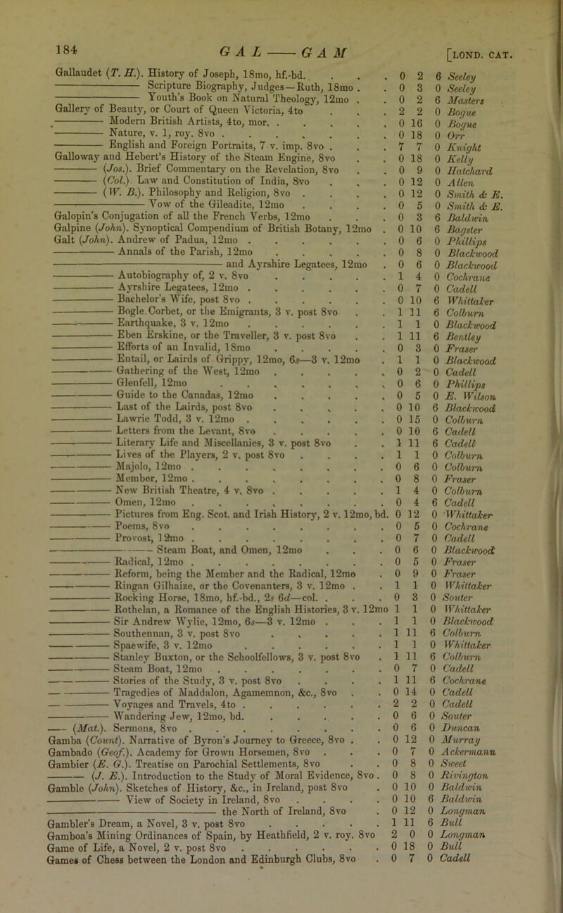 Gallaudet (T. H.). History of Joseph, 18mo, hf.-bd. Scripture Biography, Judges —Ruth, 18mo Youth’s Book on Natural Theology, 12ino Gallery of Beauty, or Court of Queen Victoria, 4to , Modern British Artists, 4to, mor. . Nature, v. 1, roy. 8vo ..... English and Foreign Portraits, 7 v. imp. 8vo . Galloway and Hebert’s History of the Steam Engine, 8vo (Jos.). Brief Commentary on the Revelation, 8vo (Col.) Law and Constitution of India, 8vo (W. B.). Philosophy and Religion, 8vo . Vow of the Gileadite, 12mo Galopin’s Conjugation of all the French Verbs, 12mo Galpine (John). Synoptical Compendium of British Botany, 1 Galt (John). Andrew of Padua, 12mo . Annals of the Parish, 12mo and Ayrshire Legatees, 12mo Autobiography of, 2 v. 8vo Ayrshire Legatees, 12mo . Bachelor’s Wife, post 8vo . Bogle Corbet, or the Emigrants, 3 v. post 8vo Earthquake, 3 v. 12mo Eben Erskine, or the Traveller, 3 v. post 8 Efforts of an Invalid, 18mo Entail, or Lairds of Grippy, 12mo, 6s—3 v. 12mo Gathering of the West, 12mo Glenfell, 12mo .... Guide to the Canadas, 12mo Last of the Lairds, post 8vo Lawrie Todd, 3 v. 12mo . Letters from the Levant, 8vo Literary Life and Miscellanies, 3 v. post 8v Lives of the Players, 2 v. post 8vo Majolo, 12mo ..... Member, 12mo ..... New British Theatre, 4 v. 8vo . Omen, 12mo ..... Pictures from Eng. Scot, and Irish History, 2 v. 1 Poems, 8vo ..... Provost, 12mo ..... Steam Boat, and Omen, 12mo Radical, 12mo ..... Reform, being the Member and the Radical, 12m Ringan Gilhaize, or the Covenanters, 3 v. 12mo Rocking Horse, 18mo, hf.-bd., 2s 6d—col. . Rothelan, a Romance of the English Histories, 3 v. 12mo Sir Andrew Wylie, 12mo, 6s—3 v. 12mo Southennan, 3 v. post 8vo Spaewife, 3 v. 12mo Stanley Buxton, or the Schoolfellows, 3 v. post 8 Steam Boat, 12mo ..... Stories of the Study, 3 v. post 8vo Tragedies of Maddalon, Agamemnon, &c., 8vo Voyages and Travels, 4to .... Wandering Jew, 12mo, bd. (Mat.). Sermons, 8vo ...... Gamba (Count). Narrative of Byron’s Journey to Greece, 8vo Gambado (Geo/.). Academy for Grown Horsemen, 8vo Gambier (E. G.). Treatise on Parochial Settlements, 8vo (J. E.). Introduction to the Stud}' of Moral Evidence, 8vo. Gamble (John). Sketches of History, &c., in Ireland, post 8vo View of Society in Ireland, 8vo .... — the North of Ireland, 8vo Gambler’s Dream, a Novel, 3 v. post 8vo ..... Gamboa’s Mining Ordinances of Spain, by Heathfield, 2 v. roy. 8vo Game of Life, a Novel, 2 v. post 8vo ...... Games of Chess between the London and Edinburgh Clubs, 8vo mo, bd. 2 3 2 2 0 16 0 18 7 7 0 18 0 9 0 12 0 12 0 5 0 3 0 10 0 6 6 Seeley 0 Seeley 6 Masters 0 Bogue 0 Boyue 0 Orr 0 Knight 0 Kelly 0 Hatchard 0 Allen 0 Smith <£• E. 0 Smith tk E. 6 Baldwin 6 Bagsler 0 Phillips 0 Blackwood 0 Blackwood 1 4 0 Cochrane 0 7 0 Cadell 0 10 6 Whittaker 1 11 6 Colburn 1 1 0 Blackwood 1 11 6 Bentley 0 3 0 Fraser 1 1 0 Blackwood 0 2 0 Cadell 0 6 0 Phillips 0 5 0 E. Wilson 0 10 6 Blackwood 0 15 0 Colburn 0 10 6 Cadell 1 11 6 Cadell 1 1 0 Colburn 0 6 0 Colburn 0 8 0 Fraser 1 4 0 Colburn 0 4 6 Cadell 0 12 0 Whittaker 0 5 0 Cochrane 0 7 0 Cadell 0 6 0 Blackwood 0 6 0 Fraser 0 9 0 Fraser 1 1 0 Whittaker 0 3 0 Souter 1 1 0 Whittaker 1 1 0 Blackwood 1 11 6 Colburn 1 1 0 Whittaker 1 11 6 Colburn 0 7 0 Cadell 1 11 6 Cochrane 0 14 0 Cadell 2 2 0 Cadell 0 6 0 Souter 0 6 0 Duncan 0 12 0 Murray 0 7 0 Ackermann 0 8 0 Sweet 0 8 0 Rivington 0 10 0 Baldwin 0 10 6 Baldwin 0 12 0 Longman 1 11 6 Bull 2 0 0 Longman 0 18 0 Bull 0 7 0 Cadell