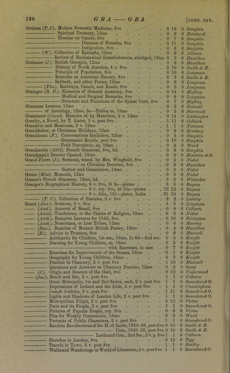 Graham (T.J.). Modem Domestic Medicine, 8vo Spiritual Treasury, 12mo Treatise on Cancer, 8vo Diseases of Females, Indigestion, 8vo . 8vo (IF.) Collection of Epitaphs, 12mo Review of Ecclesiastical Establishments, abridged, 12mo 0 Grahame (J.). British Georgies, 12mo History of North America, 4 v. 8vo Principle of Population, 8vo . Remarks on American Slavery, 8vo . Sabbath, and other Poems, 12mo (Tho.). Railways, Canals, and Roads, 8vo Grainger {R. D.). Elements of General Anatomy, 8vo Medical and Surgical Remarks, 8vo Structure and Functions of the Spinal Grammar Lessons, 18mo . .... of Astrology, 12mo, 5s—Tables to, lSmo Grammont {Count). Memoirs of, by Hamilton, 2 v. 12mo Granby, a Novel, by T. Lister, 3 v. post 8vo . Grandeur and Meanness, 3 v. 12mo Grandfather, or Christmas Holidays, 12mo Grandineau (F.). Conversations familieres, 12mo Grammaire Royale, post 8vo Petit Precepteur, sq. 16mo . Grandmotte {Abbe). French Grammar, 8vo, bd. Grandpapa's Drawer Opened, 18mo Grand-Pierre (J.). Sermons, transl. by Mrs. Wingfield, 8v on Christian Doctrine, 8vo Cord, Sorrow and Consolation, 12mo Grane {Miss). Memoirs, 12mo Granet’s French Grammar, 12mo, bd. Granger’s Biographical History, 6 v. 8vo, 31 3s—plates ■ 6 v. roy. 8vo, 41 10s—plates 3 v. folio, 18i—plates, India {T. C.). Collection of Statutes, 2 v. 8vo Grant {Alex.). Sermons, 3 v. 8vo {And.). Account of Brazil, 8vo .... {Anne). Touchstone, or the Claims of Religion, 18mo {Anth.). Bampton Lectures for 1843, 8vo {Asah.). Nestorians, or Lost Tribes, 12mo (Dav.). Beauties of Modem British Poetry, 12mo (JT.). Advice to Trustees, 8vo .... Arithmetic for Children, 1st ser., 18mo, Is 6d—2nd ser. Drawing for Young Children, sq. 16mo with Exercises, in case • W- (/as.) 8vo Exercises for Improvement of the Senses, 18mo Geography for Young Children, 18mo Practice in Chancery, 2 v. post 8vo Questions and Answers on Chancery Practice, 12mo Origin and Descent of the Gael, 8vo Bench and Bar, 2 v. post 8vo Great Metropolis, 1st and 2nd Series, each, 2 v. post 8vo Impressions of Ireland and the Irish, 2 v. post 8vo Joseph Jenkins, 3 v. post 8vo ..... Lights and Shadows of London Life, 2 v. post 8vo Metropolitan Pulpit, 2 v. post 8vo Paris and its People, 2 v. post 8vo Pictures of Popular People, roy. 8vo . Plea for Weekly Communion, 18mo Portraits of Public Characters, 2 v. post 8vo Random Recollections of the H.of Lords, 1830—36, postSvo 0 Com., 1830-35, post 8vo 0 Lords and Com., 2nd Ser., 2 v. p. 8vo 1 Sketches in London, 8vo ...... 0 Travels in Town, 2 v. post 8vo 1 Walksand Wanderings in World of Literature, 2 v. postSvo 1 16 9 7 11 8 6 2 9 10 10 3 6 5 14 9 7 2 2 14 11 1 3 3 10 3 6 2 2 8 5 3 3 8 12 10 2 0 8 2 10 6 4 6 3 3 7 1 3 18 5 12 1 1 1 11 1 12 1 6 2 1 10 10 1 13 1 1 [lond. cat. 0 Simpkin 0 Hatchard 6 Simpkin 0 Simpkin 6 Simpkin 6 Allman 6 Hamilton 0 Hamilton 0 Smith tk E. 6 Longman 6 Smith <k E. 0 Longman 0 Longman 0 Highley 0 Longman 0 High ley 6 Rod well 6 Sherwood 0 Lackington 6 Colburn 0 Newman 6 Bowdery 0 Simpkin 0 Simpkin 0 Ward 0 Simpkin 0 Houlston <k S. 0 Nisbet 6 Hamilton 0 Nisbet 6 Nisbet 6 Whittaker 0 Baynes 0 Baynes 0 Baynes 0 Lumley 0 Longman 6 Colburn 6 Nisbet 6 Rivington 0 Murray 6 Hamilton 0 Maxwell 0 Knight 6 Knight 6 Knight 6 Knight 6 Knight 0 Maxwell 0 Sweet 0 Underwood 0 Colburn 0 Saunders AO. 0 Cunningham 6 Saunders <kO. 0 Saunders tkO. 0 Virtue 0 Saunders tkO. 6 Virtue 0 Ward 0 Saunders <kO. 6 Smith (fc E. 6 Smith <k E. 0 Colburn 0 Tegg 0 Bentley 0 Saunders <kO.