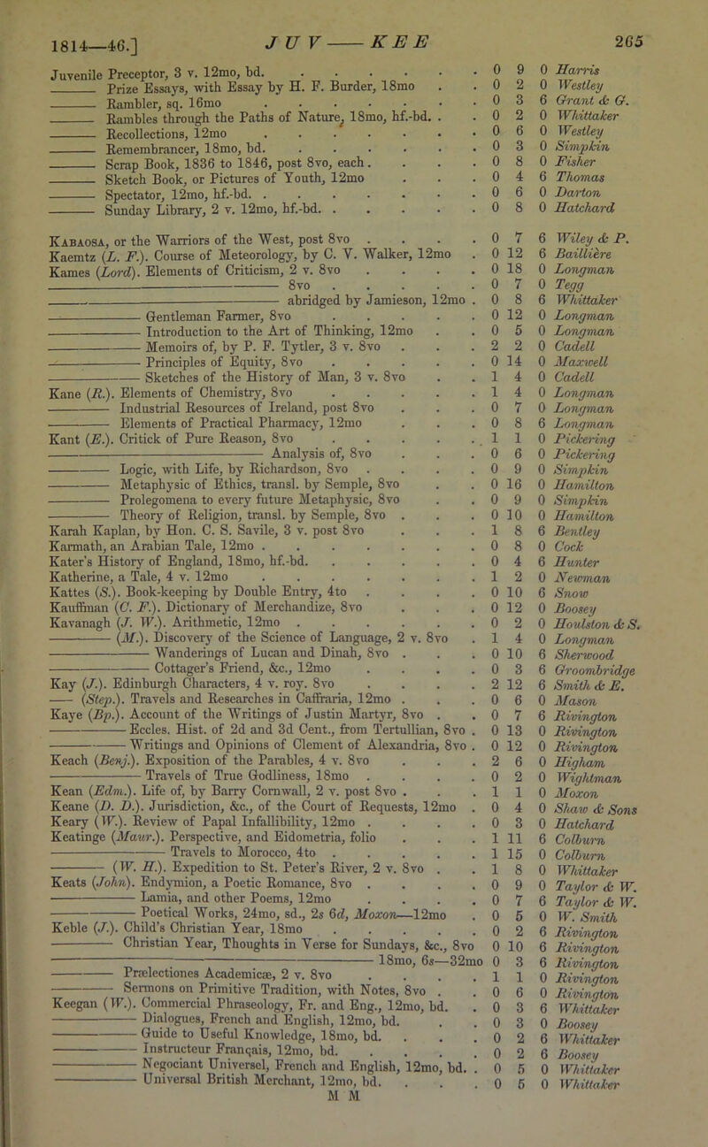 1814—46.] Juvenile Preceptor, 3 v. 12mo, bd. ...... Prize Essays, with Essay by H. F. Burder, 18mo Rambler, sq. 16mo • Rambles through the Paths of Nature^ 18mo, hf.-bd. . Recollections, 12mo Remembrancer, 18mo, bd. ...... Scrap Book, 1836 to 1846, post 8vo, each. Sketch Book, or Pictures of Youth, 12mo Spectator, 12mo, hf.-bd. ....... Sunday Library, 2 v. 12mo, hf.-bd Kabaosa, or the Warriors of the West, post 8vo .... Kaemtz (L. F). Course of Meteorology, by C. Y. Walker, 12mo . Karnes (Lord). Elements of Criticism, 2 v. 8vo .... 8vo — abridged by Jamieson, 12mo . — Gentleman Fanner, 8vo Introduction to the Art of Thinking, 12mo Memoirs of, by P. F. Tytler, 3 v. 8vo Principles of Equity, 8vo Sketches of the History of Man, 3 v. 8vo Kane (R). Elements of Chemistry, 8vo Industrial Resources of Ireland, post 8vo Elements of Practical Pharmacy, 12mo Kant (E.). Critick of Pine Reason, 8vo Analysis of, 8vo Logic, with Life, by Richardson, 8vo .... Metaphysic of Ethics, transl. by Semple, 8vo Prolegomena to every future Metaphysic, 8vo Theory of Religion, transl. by Semple, 8vo . Karah Kaplan, by Hon. C. S. Savile, 3 v. post 8vo Karmath, an Arabian Tale, 12mo ....... Kater’s History of England, 18mo, hf.-bd. ..... Katherine, a Tale, 4 v. 12mo ....... Kattes (S.). Book-keeping by Double Entry, 4to .... Kauffman (C. F.). Dictionary of Merchandize, 8vo Kavanagh (J. IF.). Arithmetic, 12mo (M.). Discovery of the Science of Language, 2 v. 8vo Wanderings of Lucan and Dinah, 8vo . Cottager’s Friend, &c., 12mo .... Kay (J.). Edinburgh Characters, 4 v. roy. 8vo .... (Step.). Travels and Researches in Caffiraria, 12mo . Kaye (Bp). Account of the Writings of Justin Martyr, 8vo . Eccles. Hist, of 2d and 3d Cent., from Tertullian, 8vo . Writings and Opinions of Clement of Alexandria, 8vo . Keach (Benj). Exposition of the Parables, 4 v. 8vo Travels of True Godliness, 18mo .... Kean (Edm.). Life of, by Barry Cornwall, 2 v. post 8vo . Keane (D. D.). Jurisdiction, &c., of the Court of Requests, 12mo . Keary (IF.). Review of Papal Infallibility, 12mo .... Keatinge (Maur.). Perspective, and Eidometria, folio Travels to Morocco, 4 to . (IF. E). Expedition to St. Peter’s River, 2 v. 8vo . Keats (John). Endymion, a Poetic Romance, 8vo .... Lamia, and other Poems, 12mo .... Poetical Works, 24mo, sd., 2s 6d, Moxon—12mo Keble (J). Child’s Christian Year, 18mo ..... Christian Year, Thoughts in Yerse for Sundays, &c., 8vo 18mo, 6s—32mo Prmlectiones Academic®, 2 v. 8vo .... Sermons on Primitive Tradition, with Notes, 8vo . Keegan (IF). Commercial Phraseology, Fr. and Eng., 12mo, bd. Dialogues, French and English, 12mo, bd. Guide to Useful Knowledge, 18mo, bd. Instructeur Franqais, 12mo, bd Negociant Universel, French and English, 12mo, bd. Universal British Merchant, 12mo, bd. M M 0 9 0 Hands 0 2 0 Westley 0 3 6 Grant G. 0 2 0 Whittaker 0 6 0 Westley 0 3 0 Simpkin 0 8 0 Fisher 0 4 6 Thomas 0 6 0 Darton 0 8 0 Hatchard 0 7 6 Wiley cfc P. 0 12 6 Bailliere 0 18 0 Longman 0 7 0 Tegg 0 8 6 Whittaker 0 12 0 Longman 0 5 0 Longman 2 2 0 Cadell 0 14 0 Maxwell 1 4 0 Cadell 1 4 0 Longman 0 7 0 Longman 0 8 6 Longman 1 1 0 Pickering 0 6 0 Pickering 0 9 0 Simpkin 0 16 0 Hamilton 0 9 0 Simpkin 0 10 0 Hamilton 1 8 6 Bentley 0 8 0 Cock 0 4 6 Hunter 1 2 0 Newman 0 10 6 Snow 0 12 0 Boosey 0 2 0 Houlston <Ss S. 1 4 0 Longman 0 10 6 Sherwood 0 3 6 Groombridge 2 12 6 Smith <k E. 0 6 0 Mason 0 7 6 Rivington 0 13 0 Rivington 0 12 0 Rivington 2 6 0 Higham 0 2 0 Wightman 1 1 0 Moxon 0 4 0 Shaw <Si Sons 0 3 0 Hatchard 1 11 6 Colbwn 1 15 0 Colburn 1 8 0 Whittaker 0 9 0 Taylor <k IF. 0 7 6 Taylor <fc IF. 0 5 0 IF. Smith 0 2 6 Rivington 0 10 6 Rivington 0 3 6 Rivington 1 1 0 Rivington 0 6 0 Rivington 0 3 6 Whittaker 0 3 0 Boosey 0 2 6 Whittaker 0 2 6 Boosey 0 5 0 Whittaker