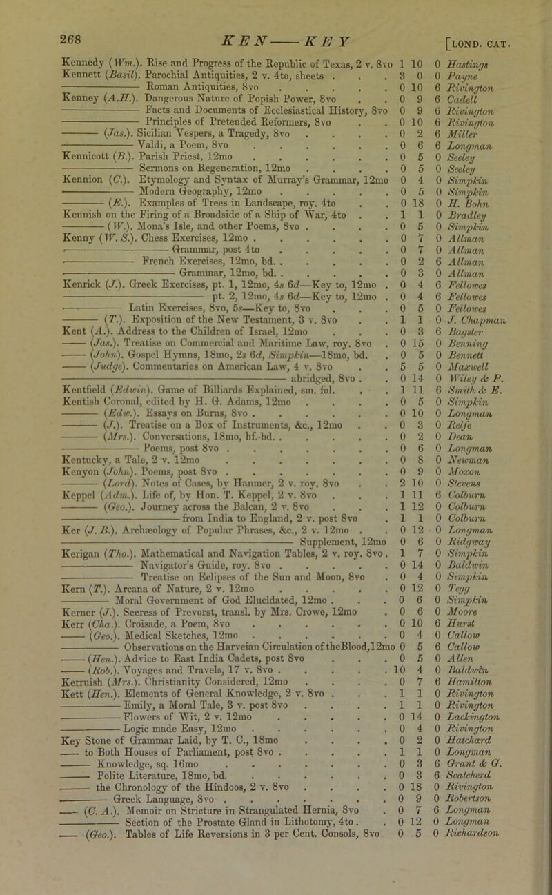 Kennedy (Wm). Rise and Progress of the Republic of Texas, 2 v. 8vo Kennett (Basil). Parochial Antiquities, 2 v. 4to, sheets . • Roman Antiquities, 8vo Kenney (A.II.). Dangerous Nature of Popish Power, 8vo Facts and Documents of Ecclesiastical History, 8vo Principles of Pretended Reformers, 8vo (.Jas.). Sicilian Vespers, a Tragedy, 8vo Valdi, a Poem, 8vo Kennicott (B.). Parish Priest, 12mo Sermons on Regeneration, 12mo Kennion (C.). Etymology and Syntax of Murray’s Grammar, Modem Geography, 12mo (E.). Examples of Trees in Landscape, roy. 4to Kennish on the Firing of a Broadside of a Ship of War, 4to (W.). Mona’s Isle, and other Poems, 8vo Kenny (TV. S.). Chess Exercises, 12mo . Grammar, post 4to French Exercises, 12mo, bd. Grammar, 12mo, bd. 12mo Kenrick (./.). Greek Exercises, pt. 1, 12mo, 4s 6d—Key to, 12mo pt. 2, 12mo, 4s 6ti—Key to, 12mo (T.y Latin Exercises, 8vo, 5s—Key to, 8vo Exposition of the New Testament, 3 v. 8vo Kent (/!.). Address to the Children of Israel, 12mo (Jas.). Treatise on Commercial and Maritime Law, roy. 8vo (John). Gospel Hymns, 18mo, 2s 6d, Simpkin—18mo, bd. (judge). Commentaries on American Law, 4 v. 8vo abridged, 8vo Kentfield (Edwin). Game of Billiards Explained, sm. fol. Kentish Coronal, edited by H. G. Adams, 12mo (Edw.). Essays on Bums, 8vo . (J.). Treatise on a Box of Instalments, &c., I2mo (Mrs.). Conversations, 18mo, hf.-bd. . Poems, post 8vo . Kentucky, a Tale, 2 v. 12mo Kenj'on (John). Poems, post 8vo . (Lord). Notes of Cases, by Hanmer, 2 v. roy. 8vo Keppel (Adm.). Life of, by Hon. T. Keppel, 2 v. 8vo (Qeo.). Journey across the Balcan, 2 v. 8vo from India to England, 2 v. post 8vo Ker (J. B.). Archmology of Popular Phrases, &c., 2 v. 12mo Supplement, Kerigan (Tho.). Mathematical and Navigation Tables, 2 v. roj Navigator’s Guide, roy. 8vo Treatise on Eclipses of the Sun and Moon, 8vo Kem (T.). Arcana of Nature, 2 v. 12mo Moral Government of God Elucidated, 12mo L2mo Kemer (J.). Seeress of Prevorst, transl. by Mrs. Crowe, Kerr (Cha.). Croisade, a Poem, 8vo (Qeo.). Medical Sketches, 12mo Observations on the Harveian Circulation of theBlo (Hen.). Advice to East India Cadets, post 8vo (Rob.). Voyages and Travels, 17 v. 8vo Kerruish (Mrs.). Christianity Considered, 12mo Kett (Hen.). Elements of General Knowledge, 2 v. 8vo Emily, a Moral Tale, 3 v. post 8vo Flowers of Wit, 2 v. 12mo Logic made Easy, 12mo Key Stone of Grammar Laid, by T. C., 18mo to Both Houses of Parliament, post 8vo . Knowledge, sq. 16mo Polite Literature, 18mo, bd. the Chronology of the Hindoos, 2 v. 8vo — Greek Language, 8vo . (C. A). Memoir on Stricture in Strangulated Hernia, 8vo Section of the Prostate Gland in Lithotomy, 4to. (Qeo.). Tables of Life Reversions in 3 per Cent. Consols, 8vo 12mo 8vo. 10 0 10 9 9 0 10 0 2 0 0 0 0 0 0 1 0 0 0 0 0 0 0 0 1 0 0 0 5 0 ] 0 0 0 0 0 0 0 2 1 1 1 0 0 1 0 0 0 0 0 0 0 d,12mo 0 . 0 . 10 . 0 . 1 . 1 . 0 . 0 . 0 . 1 . 0 . 0 6 5 5 4 5 18 1 5 7 7 2 3 4 4 5 1 3 i5 5 5 14 11 5 10 3 2 6 8 9 10 11 12 1 12 6 7 14 4 12 6 6 10 4 5 5 4 7 1 1 14 4 2 1 3 3 0 18 0 9 0 7 0 12 0 5 0 Hastings 0 Payne 6 Rivington 6 Cadell t> Rivington 6 Rivington 6 Miller 6 Longman 0 Seeley 0 Seeley 0 Simpkin 0 Simpkin 0 H. Bohn 0 Bradley 0 Simpkin 0 Allman 0 Allman 6 Allman 0 Allman 6 Fellowes 6 Fellowes 0 Fellowes 0 J. Chapman 6 Bagster 0 Benning 0 Bennett 0 Maxwell 0 Wiley <fc P. 6 Smith it E. 0 Simpkin 0 Longman 0 Rel/e 0 Bean 0 Longman 0 Newman 0 Moxon 0 Stevens 6 Colburn 0 Colburn 0 Colburn 0 Longman 0 Ridgway 0 Simpkin 0 Baldwin 0 Simpkin 0 Tegg 0 Simpkin 0 Moore 6 Hurst 0 Callow 6 Callow 0 Allen 0 Baldwin 6 Hamilton 0 Rivington 0 Rivington 0 Lackington 0 Rivington 0 Hatchard 0 Longman 6 Grant <k Q. 6 Scatcherd 0 Rivington 0 Robertson 6 Longman 0 Longman 0 Richardson