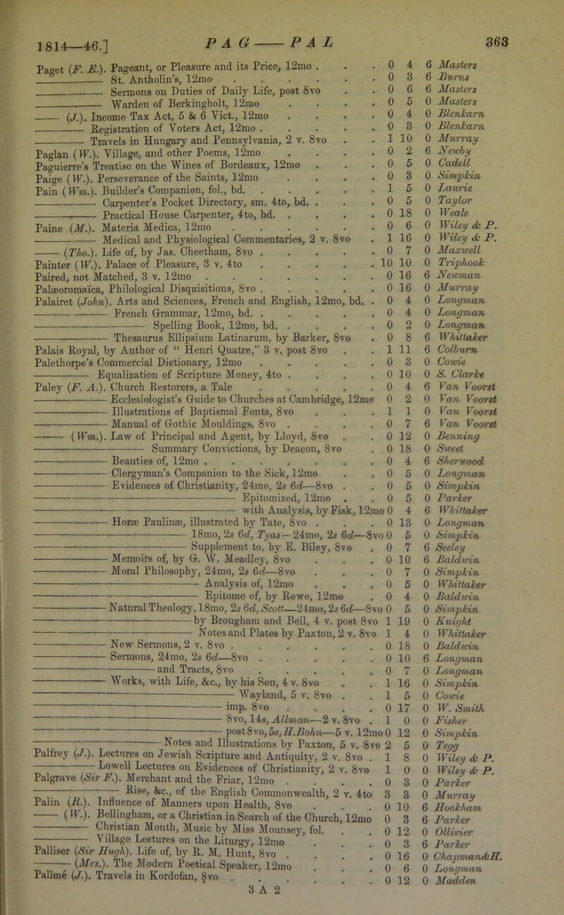 1814—46.] Paget (F. E.). Pageant, or Pleasure and its Price, 12mo St. Antholin’s, 12mo Sermons on Duties of Daily Life, post 8vo Warden of Berkingholt, 12mo (J.). Income Tax Act, 5 & 6 Viet., 12mo Registration of Voters Act, 12mo . Travels in Hungary and Pennsylvania, 2 v. 8vo Paglan (W.). Village, and other Poems, 12mo Paguierre’s Treatise on the Wines of Bordeaux, 12mo Paige (IF.). Perseverance of the Saints, 12mo Pain ( Wm.). Builder’s Companion, fol., hd. . Carpenter’s Pocket Directory, sm. 4to, bd. Practical House Carpenter, 4to, bd. . Paine (M.). Materia Medica, 12mo Medical and Physiological Commentaries, 2 (Tho.). Life of, by Jas. Cheetham, 8vo v. 8 vo Painter (W.). Palace of Pleasure, 8 v. 4to Paired, not Matched, 3 v. 12mo Palaeoromai'ca, Philological Disquisitions, 8to Palairet {John). Arts and Sciences, French and English, 12mo, French Grammar, 12mo, bd. . — Spelling Book, 12mo, bd Thesaurus Ellipsium Latinarum, by Barker, 8vo Palais Royal, by Author of “ Henri Quatre,” 3 v. post 8vo Palethorpe’s Commercial Dictionary, 12mo Equalization of Scripture Money, 4to . Paley {F. A.). Church Restorers, a Tale Ecclesiologist’s Guide to Churches at Cambridge, Illustrations of Baptismal Fonts, 8vo Manual of Gothic Mouldings, 8vo 12mo 0 0 0 0 1 0 0 0 0 1 0 0 0 0 0 0 0 with Analysis, by Fisk, 12mo 0 Horae Paulin®, illustrated by Tate, 8vo . . . 0 — {Wm.). Law of Principal and Agent, by Lloyd, 8vo Summary Convictions, by Deacon, 8vo Beauties of, 12mo Clergyman’s Companion to the Sick, 12mo Evidences of Christianity, 24mo, 2s 6d—8vo Epitomized, 12mo . 0 4 6 Masters . 0 3 6 Burns . 0 6 6 Masters . 0 5 0 Masters . 0 4 0 Blenkarn . o 3 0 Blenkarn . 1 10 0 Mum-ay . 0 2 6 Newby . 0 5 0 Cadell . 0 3 0 Simpkin . 1 5 0 Laurie . 0 5 0 Taylor . 0 18 0 Weale . 0 6 0 Wiley <£• P. . 1 16 0 Wiley <k P. . 0 7 0 Maxwell . 10 10 0 Triphook . 0 16 6 Newman . 0 16 0 Murray bd. 18mo, 2s 6d, Tyas— 24mo, 2s 6d—8vo 0 ——— -■— Supplement to, by E. Biley, 8vo . 0 - Memoirs of, by G. W. Meadley, 8vo . . . 0 Moral Philosophy, 24mo, 2s 6cl—8vo . . . 0 Analysis of, 12mo . . . 0 Epitome of, by Rowe, 12mo . 0 - Natural Theology, 18mo, 2s 6d, Scott—24mo, 2s M—8vo 0 New Sermons, 2 v. 8vo Sermons, 24mo, 2s 6cl—8vo - and Tracts, 8vo -by Brougham and Bell, 4 v. post 8vo Notes and Plates by Paxton, 2 v. 8vo Works, with Life, &c., by his Son, 4 v. 8vo Way land, 5 v. 8vo 8vo Palfrey (•/.). Lectures on Jewish Scripture and Antiquity, 2 v. 8vo . Lowell Lectures on Evidences of Christianitv, 2 v. 8vo Palgrave {SirF.). Merchant and the Friar, 12mo Rise, &c., of the English Commonwealth, 2 v. 4to Palin {It.). Influence of Manners upon Health, 8vo {W.). Bellingham, or a Christian in Search of the Church, 12mo ———— Christian Month, Music by Miss Mounsey, fol. Village Lectures on the Liturgy, 12mo Palliser (Sir Hugh). Life of, by R. M. Hunt, 8vo (Mrs.). The Modem Poetical Speaker, 12mo Pallme (./.). Travels in Kordofan, 8vo . 3 A 2 4 4 2 8 11 3 10 4 2 1 7 12 18 4 5 5 5 4 13 5 7 10 7 5 4 5 19 4 18 10 7 16 6 17 0 12 5 8 0 3 3 10 3 12 3 16 6 12 0 Longman 0 Longman 0 Longman 6 Whittaker 6 Colburn 0 Cowie 0 S. Clarke 6 Van Voorst 0 Van Voorst 0 Van Voorst 6 Van Voorst 0 Benning 0 Sweet 6 Sherwood 0 Longman 0 Simpkin 0 Parker 6 Whittaker 0 Longman 0 Simpkin 6 Seeley 6 Baldwin 0 Simpkin Whittaker Baldwin Simpkin Knight Whittaker 0 Baldwin 6 Longman 0 Longman 0 Simptkin 0 Come 0 W. Smith 0 Fisher 0 Simpkin 0 Tegg 0 Wiley <k P. 0 Wiley & P. 0 Parker 0 Murray 6 Hookham 6 Parker 0 Ollivier 6 Parker 0 Chapmanthll. 0 Longman 0 Madden