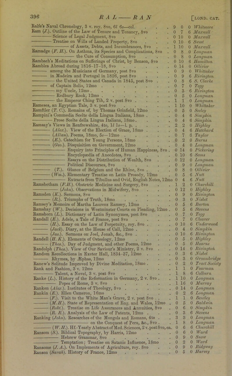 Ralfe’s Naval Chronology, 3 v. roy. 8vo, 61 6s—col Ram (J.). Outline of the Law of Tenure and Tenancy, 8vo Science of Legal Judgment, 8vo Treatise on Wills of Landed Property, 8vo of Assets, Debts, and Incumbrances, 8vo Ramadge (F. II.). On Asthma, its Species and Complications, 8vo the Cure of Consumption, 8vo Rambach’s Meditations on Sufferings of Christ, by Benson, 8vo Rambles Abroad during 1816-17-18, 8vo among the Musicians of Germany, post 8vo in Madeira and Portugal in 1826, post 8vo the United States and Canada in 1845, post 8vo of Captain Bolio, 12mo . ■ my Uncle, 12mo .... Redbury Rook, 12mo . the Emperor Ching Tih, 2 v. post 8vo Rameses, an Egyptian Tale, 3 v. post 8vo Ramftler (T. C.). Remains of, by Thomas Grinfield, 12mo Rampini's Commedia Scelte della Lingua Italiana, 18mo . Prose Scelte della Lingua Italiana, 18mo . Ramsay’s Views in Renfrewshire, 4to, 1£ Is—1. p. . (.Alex). View of the Election of Grace, 18mo . (Allan). Poems, 18mo, 5s—12mo . (E.). Catechism for Young Persons, 18mo (Geo.). Disquisition on Government, 12mo Enquiry into Principles of Human Happiness Encyclopaedia of Anecdotes, 8vo . Essays on the Distribution of Wealth, 8vo Political Discourses, 8vo (T.). Glance of Belgium and the Rhine, 8vo . (Wm.). Elementary Treatise on Latin Prosody, 12mo Extracts from Tibullus and Ovid, English Notes, 12mo 9 0 0 7 0 10 0 10 1 10 0 8 0 8 0 10 0 14 0 9 0 9 0 8 0 7 0 3 0 5 1 1 1 10 0 5 8 vo Ramsbotham (F.U.). Obstetric Medicine and Surgery, 8vo (John). Observations in Midwifery, 8vo Ramsden (K.). Sermons, 8vo .... (R.). Triumphs of Truth, 18mo Ramsey’s Memoirs of Martha Laurens Ramsey, 12mo Ramshay (IF.). Decisions in Westminster Courts on Pleading, 12mo . Ramshorn (Li). Dictionary of Latin Synonymes, post 8vo Randall (E.). Adele, a Tale of France, post 8vo (H.). Essay on the Law of Perpetuity, roy. 8vo (Jack). Diary, at the House of Call, 12mo . (Jas.). Sermons on Joel, Jonah, &c., 8vo . Randell (II. K.). Elements of Osteology, 12mo (Thos.). Day of Judgment, and other Poems, 12mo Randolph (Thos.). View of Our Saviour’s Ministry, 2 v. 8vo Random Recollections in Exeter Hall, 1834-37, 12mo Rhymes, by JEphas, 12mo .... Ranew’s Solitude Improved by Divine Meditation, 18mo . Rank and Fashion, 3 v. 12mo Talent, a Novel, 3 v. post 8vo Ranke (L.). History of the Reformation in Germany, 2 v. 8vo Popes of Rome, 3 v. 8vo Ranken (Alex.). Institutes of Theology, 8vo Rankin (E.). Ellen Cameron, 16mo (F.). Visit to the White Man’s Grave, 2 v. post 8vo (M.H.). State of Representation of Eng. and Wales, 12mo (Robti). Treatise on Life Assurances and Annuities, 8vo (R. R.). Analysis of the Law of Patents, 12mo . Ranking (John). Researches of the Mongols and Romans, 4to on the Conquest of Peru, &c., 8vo (IF. II.). Ilf.-Yearly Abstract of Med. Sciences, 2 v. post 8 vo, ea. Ransom (S.). Biblical Topography, by Harris, 12mo Hebrew Grammar, 8vo Temptation; Treatise on Satanic Influence, 18mo Ransome (J. A.). On Implements of Agriculture, roy. 8vo Hanson (Sarah). History of France, 12mo 0 14 0 10 0 12 0 9 0 8 0 5 0 4 1 2 0 12 0 9 0 3 0 10 0 4 0 10 0 5 0 5 0 14 0 3 1 10 1 16 0 14 0 2 0 6 0 9 0 2 0 9 0 5 0 Whitmore 6 Maxi cell 0 Maxwell 6 Sweet 0 Maxwell 0 Longman 0 Longman 6 Hamilton, 0 Ollivier 0 Whittaker 6 Riving ton 6 S. Clarke 0 Tcgg 6 Rivington 0 Longman 0 Longman 0 Whittaker 0 Seeley 6 Simpkin 6 Simpkin 0 High leg 6 Hatchard 6 Taglor 0 Burns 0 Longman 0 Pickering 6 Sams 0 Longman 0 Longman 0 Ollivier 6 Nutt 6 Nutt 0 Churchill 0 Highleg 0 Rivington 0 Nisbet 6 Burton 6 Stevens 0 Tegg 0 Cleaver 6 Underwood 0 Simpkin 6 Rivington 0 Highleg 0 Heame 0 Rivingtoh 6 Nisbet 0 Groombiidge 0 Tract Societg 0 Fearman 6 Colburn 0 Longman 0 Murrag 0 Longman 6 Longman 0 Bentley 0 Baldwin 0 Simpkin 6 Stevens 0 Longman 0 Longman 6 Churchill 0 Ward 0 Snow 0 Ward 0 Ridgwag 0 Harvey