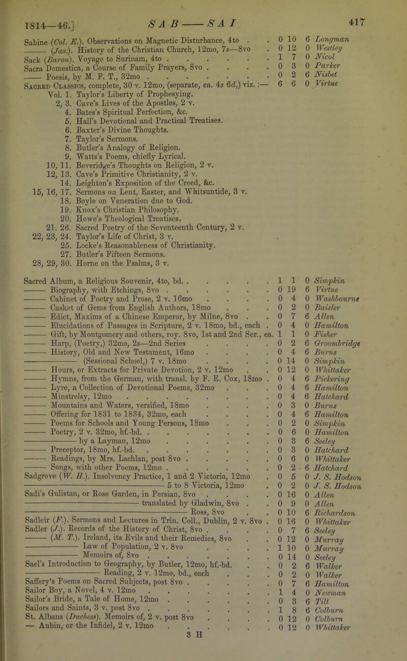 1814—46.] Sabine (Co^. E.). Observations on Magnetic Disturbance, 4to . (Jos.). History of the Christian Church, 12mo, 7s—8vo Sack (Baron). Voyage to Surinam, 4to Sacra Domestica, a Course of Family Prayers, 8vo . Poesis, by M. F. T., 32mo ...... Sacked Classics, complete, 30 v. 12mo, (separate, ea. 4s 6d,) viz. Vol. 1. Taylor’s Liberty of Prophesying. 2, 3. Cave's Lives of the Apostles, 2 v. 4. Bates’s Spiritual Perfection, &c. 5. Hall’s Devotional and Practical Treatises. 6. Baxter’s Divine Thoughts. 7. Taylor’s Sermons. 8. Butler’s Analogy of Religion. 9. Watts’s Poems, chiefly Lyrical. 10, 11. Beveridge’s Thoughts on Religion, 2 v. 12, 13. Cave’s Primitive Christianity, 2 v. 14. Leighton’s Exposition of the Creed, &c. 15, 16, 17. Sermons on Lent, Easter, and Whitsuntide, 3 v. 18. Boyle on Veneration due to God. 19. Knox’s Christian Philosophy. 20. Howe’s Theological Treatises. 21. 26. Sacred Poetry of the Seventeenth Century, 2 v. 22, 23, 24. Taylor’s Life of Christ, 3 v. 25. Locke’s Reasonableness of Christianity. 27. Butler’s Fifteen Sermons. 28, 29, 30. Home on the Psalms, 3 v. Sacred Album, a Religious Souvenir, 4to, bd. . Biography, with Etchings, 8vo .... Cabinet of Poetry and Prose, 2 v. 16mo Casket of Gems from English Authors, 18mo Edict, Maxims of a Chinese Emperor, by Milne, 8vo Elucidations of Passages in Scripture, 2 v. 18mo, bd., each . Gift, by Montgomery and others, roy. 8vo, 1st and 2nd Ser., ea. Harp, (Poetry,) 32mo, 2s—2nd Series History, Old and New Testament, 16mo (Sessional School,) 7 v. 18mo 0 10 0 12 1 7 0 3 0 2 6 6 Hours, or Extracts for Private Devotion, 2 v. 12mo Hymns, from the German, with transl. by F. E. Cox, 18mo Lyre, a Collection of Devotional Poems, 32mo Minstrelsy, 12mo ..... Mountains and Waters, versified, 18mo Offering for 1831 to 1834, 32mo, each Poems for Schools and Young Persons, 18mo Poetry, 2 v. 32mo, hf.-bd. . - by a Layman, 12mo Preceptor, 18mo, hf.-bd. Readings, by Mrs. Lachlan, post 8vo Songs, with other Poems, 12mo . Sadgrove (TV. 11.). Insolvency Practice, 1 and 2 Victoria, 12mo 5 to 8 Victoria, 12mo Sadi’s Gulistan, or Rose Garden, in Persian, 8vo translated by Gladwin, 8vo — Ross, 8vo Sadleir (F.). Sermons and Lectures in Trin. Coll., Dublin, 2 v. Sadler (./.). Records of the History of Christ, 8vo . (M. T.). Ireland, its Evils and their Remedies, 8vo — Law of Population, 2 v. 8vo Memoirs of, 8vo . Sael’s Introduction to Geography, by Butler, 12mo, hf.-bd. — Reading, 2 v. 12mo, bd., each Saffery’s Poems on Sacred Subjects, post 8vo . Sailor Boy, a Novel, 4 v. 12mo Sailor’s Bride, a Tale of Home, 12mo . Sailors and Saints, 3 v. post 8vo . St. Albans (Duchess). Memoirs of, 2 v. post 8vo 3 II 8vo 1 1 0 19 0 4 2 7 4 1 2 4 0 14 0 12 0 4 4 4 3 4 2 0 6 0 3 0 3 0 6 0 2 0 5 0 2 0 16 0 9 0 10 0 16 0 7 0 12 1 10 0 14 0 2 0 12 6 Longman 0 Westley 0 Nicol 0 Parker 6 Nisbet 0 Virtue 0 Sirnpkin 6 Virtue 0 Washbourne 0 Baisler 6 Allen 0 Hamilton 0 Fisher 6 Groombridge 6 Burns 0 Sirnpkin 0 Whittaker 6 Pickering 6 Hamilton 6 Hatchard 0 Bums 6 Hamilton 0 Sirnpkin 0 Hamilton 6 Seeley 0 Hatchard 0 Whittaker 6 Hatchard 0 J. S. Hodson 0 J. S. Hodson 0 Allen 0 Allen 6 Richardson 0 Whittaker 6 Seeley 0 Murray 0 Murray 0 Seeley 6 Walker 0 Walker 6 Hamilton 0 Newman 6 Tilt 6 Colburn 0 Colburn