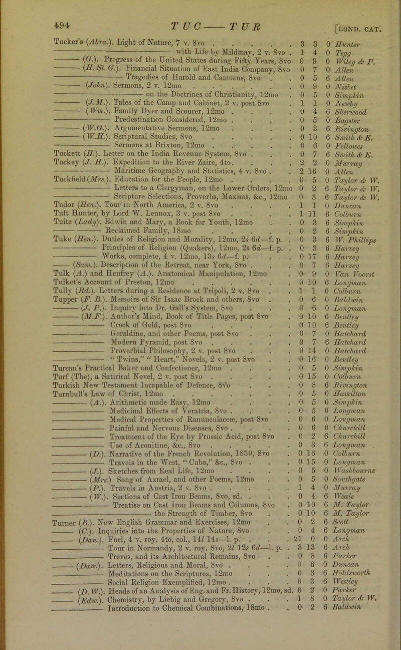 Tucker’s (Abra.). Light of Nature, 7 v. 8vo with Life by Mildmay, 2 v. 8vo . (O.). Progress of the United States during Fifty Years, 8vo (H.St. G.). Financial Situation of East India Company, 8vo Tragedies of Harold and Camoens, 8vo . (John). Sermons, 2 v. 12ino . . - on the Doctrines of Christianity, 12mo (J.M.). Tales of the Camp and Cabinet, 2 v. post 8vo (Wm.). Family Dyer and Scourer, 12mo Predestination Considered, 12mo (W.G.). Argumentative Sermons, 12mo (W.H.). Scriptural Studies, 8vo Sermons at Brixton, 12mo Tuckett (H.). Letter on the India Revenue System, 8vo Tuckey (J. II.). Expedition to the River Zaire, 4to. Maritime Geography and Statistics, 4 v. 8vo Tuckfield (Mrs.). Education for the People, 12mo . Letters to a Clergyman, on the Lower Orders, 12mo Scripture Selections, Proverbs, Maxims, &c., 12mo Tudor (Hen.). Tour in North America, 2 v. 8vo Tuft Hunter, by Lord W. Lennox, 3 v. post 8vo Tuite (Lady). Edwin and Mary, a Book for Youth, 12mo Reclaimed Family, 18ino Tuke (Hen.). Duties of Religion and Morality, 12mo, 2* 6rf— f. p. Principles of Religion (Quakers), 12mo, 2s 6rf—f. p. Works, complete, 4 v. 12mo, 13s 6d—f. p. (Sam.). Description of the Retreat, near York, Svo . Talk (A.) and Henfrey (A.). Anatomical Manipulation, 12mo Tulket’s Account of Preston, 12mo .... Tully (lid.). Letters during a Residence at Tripoli, 2 v. Svo Tupper (F. B.). Memoirs of Sir Isaac Brock and others, 8vo (J. P.). Inquiry into Dr. Gall's System, Svo (M.F.). Author's Mind, Book of Title Pages, post 8vo Crock of Gold, post 8vo Geraldine, and other Poems, post 8vo Modem Pyramid, post 8vo . Proverbial Philosophy, 2 v. post 8vo “ Twins,” “ Heart,” Novels, 2 v. post 8vo Turcan's Practical Baker and Confectioner, 12mo Turf (The), a Satirical Novel, 2 v. post Svo . Turkish New Testament Incapable of Defence, 8\’o Turnbull’s Lnw of Christ, 12mo ..... (A.). Arithmetic made Easy, 12mo Medicinal Effects of Vemtria, 8vo . Medical Properties of Ranunculace®, post 8vo Painful and Nervous Diseases, 8vo . Treatment of the Eye by Prussic Acid, post 8 Use of Aconitine, &c., 8vo (D.). Narrative of the French Revolution, 1830, 8vo Travels in the West, “Cuba,” &c., 8vo — (J.). Sketches from Real Life, 12mo — (Mrs.) Song of Azrael, and other Poems, 12mo — (P.). Travels in Austria, 2 v. Svo . — (IF.). Sections of Cast Iron Beams, 8vo, sd. . Treatise on Cast Iron Beams and Columns, 8 the Strength of Timber, 8vo Turner (B.). New English Grammar and Exercises, 12mo (C.). Inquiries into the Properties of Nature, 8vo (Dan.). Fuci, 4 v. roy. 4to, col., 141 14s—1. p. Tour in Normandy, 2 v. roy. 8vo, 21 12s 6d— Treves, and its Architectural Remains, 8vo (Daw.). Letters, Religious and Moral, Svo . Meditations on the Scriptures, 12mo Social Religion Exemplified, 12mo (D. IF.). Heads of an Analysis of Eng. and Fr. History, 12 (Edw.). Chemistry, by Liebig and Gregory-, 8vo . Introduction to Chemical Combinations, 18mo 3 4 9 7 5 9 5 1 4 5 3 10 6 7 2 16 5 2 3 1 11 3 2 3 3 17 7 9 10 1 6 6 10 10 7 7 14 0 16 0 5 . 0 . 0 . 0 . 0 . 0 . 0 . 0 . 0 . 0 . 0 . 0 . 0 . 0 . 1 . 0 . 0 . 0 . 0 . 0 . 21 . 3 . 0 . 0 . 0 . 0 mo, sd. 0 . 1 . 0 15 8 5 5 5 6 6 2 3 16 15 5 5 4 4 10 10 2 4 0 13 8 6 3 3 2 8 2 [lond. cat. 0 Hunter 0 Tegg 0 Wiley A- P. 0 Allen 6 Allen 0 Nisbel 0 Simpkin 0 Newby 6 Sherwood 0 Bagster 6 Rivington 6 Smith <L- E. 0 Fellowes 6 Smith A- E. 0 Murray 0 Allen 0 Taylor A IF. 6 Taylor A- IF. 6 Taylor A- IF. 0 Duncan 6 Colburn 6 Simpkin 6 Simpkin 6 IF. Phillips 6 Harvey 6 Harvey 0 Harvey 0 Van Voorst 6 Longman 0 Colburn 0 Baldwin 0 Longman 6 Bentley 6 Bentley 0 Hatchard 6 Hatchard 0 Hatchard 0 Bentley 0 Simpkin 0 Colburn 6 Rivington 0 Hamilton 0 Simpkin 0 Longman 0 Longman 0 Churchill 6 Churchill 6 Longman 0 Colburn 0 Longman 0 Washboume 0 Southgate 0 Murray 6 Weale 6 M. Taylor 6 M. Taylor 6 Scott 6 Longman 0 Arch 6 Arch 6 Parker 0 Duncan 6 lloldsworth 6 West ley 0 Parker 0 Taylor A IF. 6 Baldwin