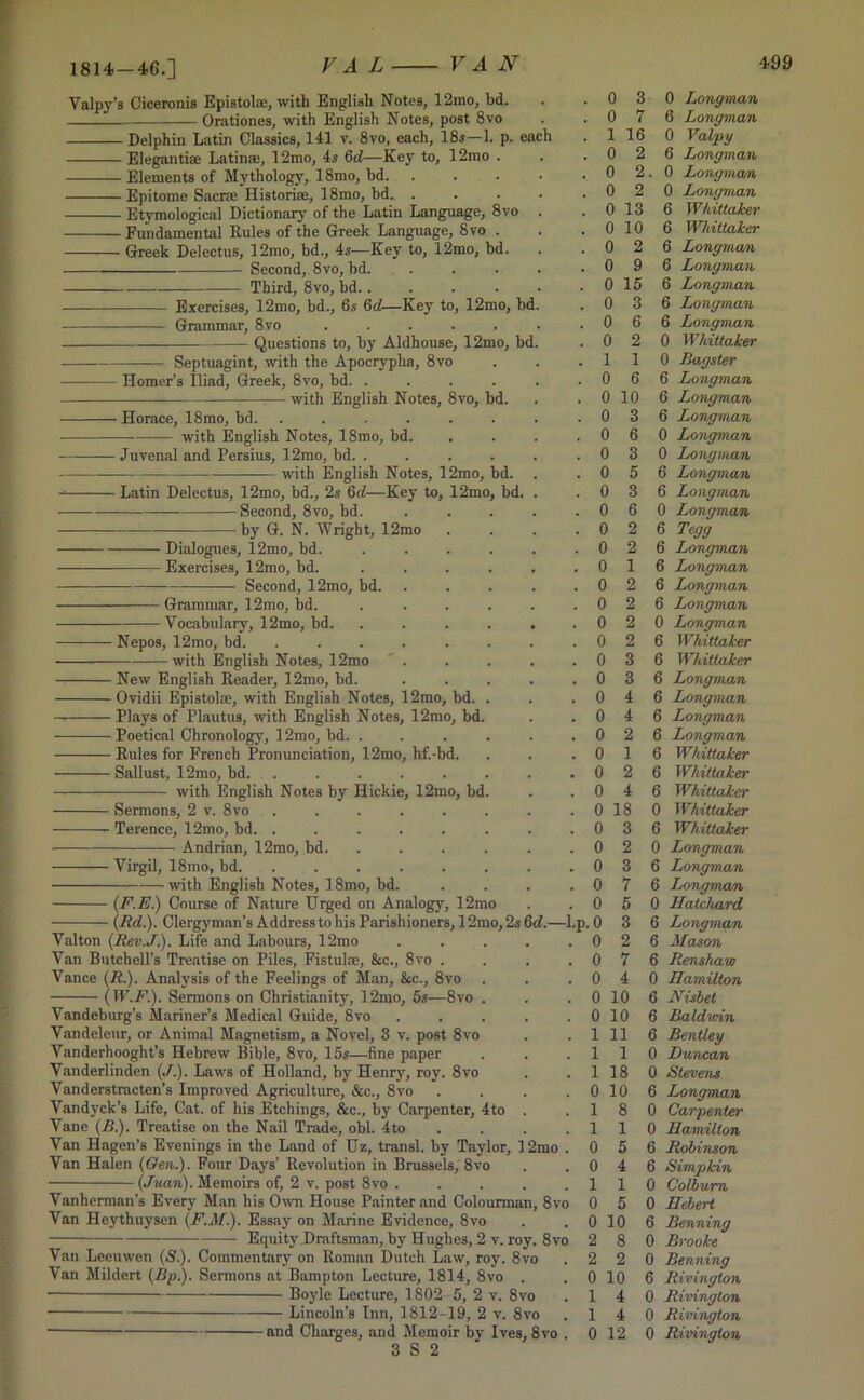 1814-46.] Valpy’s Ciceronis Epistolae, with English Notes, 12mo, hd. Orationes, with English Notes, post 8vo Delphin Latin Classics, 141 v. 8vo, each, 18s—1. p. each Elegantiae Latin®, 12mo, 4s 6<2—Key to, 12mo . Elements of Mythology, 18mo, bd. .... Epitome Sacrae Historiae, 18mo, bd. .... Etymological Dictionary of the Latin Language, 8vo . Fundamental Rules of the Greek Language, 8vo . — Greek Delectus, 12mo, bd., 4s—Key to, 12mo, bd. Second, 8vo, bd. . Third, 8vo, bd., 0 0 1 0 0 0 2 0 13 0 Longman 6 Longman Valpy 0 3 7 16 2 6 Longman 2. 0 Longman 0 Longman 6 Whittaker — Exercises, 12mo, bd., 6s 6d—Key to, 12mo, be — Grammar, 8vo ..... Questions to, by Aldhouse, 12mo, be Septuagint, with the Apocrypha, 8vo Homer’s Iliad, Greek, 8vo, bd. with English Notes, 8vo, bd. ■ Horace, 18mo, bd. with English Notes, 18mo, bd. ■ Juvenal and Persius, 12mo, bd. with English Notes, 12mo, bd. Latin Delectus, 12mo, bd., 2s 6d—Key to, 12mo, bd, —Second, 8vo, bd. -by G. N. Wright, 12mo - Dialogues, l2mo, bd. - Exercises, 12mo, bd. Second, 12mo, bd. Grammar, 12mo, bd. Vocabulary, 12mo, bd. ■ Nepos, 12mo, bd. -with English Notes, 12mo - New English Reader, 12mo, bd. - Ovidii Epistolae, with English Notes, 12mo, bd. - Plays of Plautus, with English Notes, 12mo, bd. - Poetical Chronology, 12mo, bd. . - Rules for French Pronunciation, 12mo, hf.-bd. ■ Sallust, 12mo, bd. ..... with English Notes by Hickie, 12mo, bd Sermons, 2 v. 8vo Terence, 12mo, bd. . Andrian, 12mo, bd. ■ Virgil, 18mo, bd. -with English Notes, 18mo, bd. (.F.E.) Course of Nature Urged on Analog}', 12mo Valton (Rev.J.). Life and Labours, 12mo Van Butchell’s Treatise on Piles, Fistula;, &c., 8vo . Vance (R.). Analysis of the Feelings of Man, &c., 8vo ( W.F.). Sermons on Christianity, 12mo, 5s—8vo . Vandeburg’s Mariner’s Medical Guide, 8vo Vandeleur, or Animal Magnetism, a Novel, 3 v. post 8vo Vanderhooght’s Hebrew Bible, 8vo, 15s—fine paper Vanderlinden (,/.). Laws of Holland, by Henry, roy. 8vo Vanderstracten’s Improved Agriculture, &c., 8vo Vandyck’s Life, Cat. of his Etchings, &c., by Carpenter, 4to Vane (B.). Treatise on the Nail Trade, obi. 4to Van Hagen’s Evenings in the Land of Uz, transl. by Taylor, 12mo Van Halen (Gen.). Four Days’ Revolution in Brussels, 8vo (Juan). Memoirs of, 2 v. post 8vo .... Vanherman’s Every Man his Own House Painter and Colourman, 8v Van Heythuysen (F.M.). Essay on Marine Evidence, 8vo Equity Draftsman, by Hughes, 2 v. roy. 8vo Van Leeuwen (S.). Commentary on Roman Dutch Law, roy. 8vo Van Mildert (Bp.). Sermons at Bampton Lecture, 1814, 8vo . Boyle Lecture, 1802 5, 2 v. 8vo Lincoln’s Inn, 1812-19, 2 v. 8vo ■ and Charges, and Memoir by Ives, 8vo . 3 S 2 . 0 10 6 Whittaker . 0 2 6 Longman . 0 9 6 Longman . 0 15 6 Longman . 0 3 6 Longman . 0 6 6 Longman . 0 2 0 Whittaker . 1 1 0 Bagster . 0 6 6 Longman . 0 10 6 Longman . 0 3 6 Longman . 0 6 0 Longman . 0 3 0 Longman . 0 5 6 Longman . 0 3 6 Longman . 0 6 0 Longman . 0 2 6 Tegg . 0 2 6 Longman . 0 1 6 Longman . 0 2 6 Longman . 0 2 6 Longman . 0 2 0 Longman . 0 2 6 Whittaker . 0 3 6 Whittaker . 0 3 6 Longman . 0 4 6 Longman . 0 4 6 Longman . 0 2 6 Longman . 0 1 6 Whittaker . 0 2 6 Whittaker . 0 4 6 Whittaker . o : 18 0 Whittaker . 0 3 6 Whittaker . 0 2 0 Longman . 0 3 6 Longman . 0 7 6 Longma/n . 0 5 0 Hatchard -l.p. 0 3 6 Longman . 0 2 6 Mason . 0 7 6 Renshaw . 0 4 0 Hamilton . 0 10 6 Nisbet . 0 10 6 Baldwin . 1 11 6 Bentley . 1 1 0 Duncan . 1 18 0 Stevens . 0 10 6 Longman . 1 8 0 Carpenter . 1 1 0 Hamilton 1 . 0 5 6 Robinson . 0 4 6 Simpkin . 1 1 0 Colhum ro 0 5 0 Hebert 0 10 6 Benning 2 8 0 Brooke 2 2 0 Benning 0 10 6 Rivington 14 0 Rivington 14 0 Rivington 0 12 0 Rivington