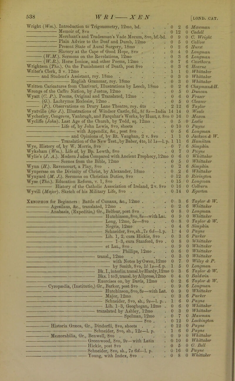 Wright (Wm.). Introduction to Trigonometry, 12mo, bd. . . 0 Memoir of, 8vo ....... 0 Merchant’s and Tradesman’s Vade Mecum, 8vo, hf.-bd. 0 Plain Advice to the Deaf and Dumb, 12mo . . 0 Present State of Aural Surgery, 18mo . .• .0 Slavery at the Cape of Good Hope, 8vo . . .0 (W.M.). Sermons on the Revelations, 12mo . . .0 (W. R.). Hor® Ionicae, and other Poems, 12mo . . . 0 Wrightson (Tho.). On the Punishment of Death, post 8vo . . 0 Writer’s Clerk, 3 v. 12mo 1 and Student’s Assistant, roy. 18mo . . . . .0 English Grammar, roy. 18mo . . .0 Written Caricatures from Charivari, Illustrations by Leech, 18mo . 0 Wrongs of the Caffre Nation, by Justus, 12mo . . . 0 Wyatt (C. P.). Poems, Original and Translated, 12mo . . . 0 (G.). Laohrymae Ecclesiae, 12mo ...... 0 (P.). Observations on Drury Lane Theatre, roy. 4to . . 2 Wyatville (Sir J.). Illustrations of Windsor Castle, fol., Si 8s—India 14 Wycherley, Congreve, Vanbrugh, and Farquhar’s Works, by Hunt, r. 8vo 0 Wycliffe (John). Last Age of the Church, by Todd, sq. 12mo . . 0 Life of, by John Lewis, 8vo, sheets . . . 0 with Appendix, &c., post 8vo . . .0 and Opinions of, by Rt. Vaughan, 2 v. 8vo . 1 Translation of the New Test.,by Baber, 4to, 11 Is—1. p. 1 Wye, History of, by W. Morris, 8vo ...... 0 Wykeham (Wm.). Life of, by Bp. Lowth, 8vo . . . . 0 Wylie’s (J. A.). Modem Judea Compared with Ancient Prophecy,12mo 0 Scenes from the Bible, 12mo . . . . 0 Wynn (H.). Ravencourt, a Play, 8vo 0 Wynpersse on the Divinity of Christ, by Alexander, 18mo . . 0 Wynyard (M. J.). Sermons on Christian Duties, 8vo . . . 0 Wyse (Tho.). Education Reform, v. 1, 8vo . . . . . 0 History of the Catholic Association of Ireland, 2v. 8vo 0 Wyvill (Major). Sketch of his Military Life, 8vo . . . . 0 Xenophon for Beginners : Battle of Cunaxa, &c., 12mo . . . 0 Agesilaus, &c., translated, 12mo 0 Anabasis, (Expeditio,) Gr., Belfour, post 8vo . . . 0 Hutchinson, 8vo, 8s—with Lai. 0 Long, 12mo, 5s—8vo . . 0 Negris, 12mo . . . 0 Schneider, 8vo,sh.,7s Qd—l.p. 1 Lib. 1, 2, cura Hickie, 8vo . 0 1-3, cura Stanford, 8vo . 0 et Lai., 8vo . . . . 0 Phillips, 12mo . . 0 transl., 12mo . . . . 0 with Notes by Owen, 12mo 0 by Smith, 8vo, 11 Is—f. p. 1 Bk.I.,interlin.transl.byHardy,12mo 0 Bks. lto3,transl.byAllpress,12mo 0 Exercises on, by Davis, 12mo . 0 — Cyropaedia, (Institutio,) Gr., Barker, post 8vo . . . 0 Hutchinson, 8vo, 8s—with Lat. 0 Major, 12mo . . . 0 Schneider, 8vo, sh., 9s—1. p. . 1 Lib. 1-3, Geoghegan, 12mo . 0 translated by Ashley, 12mo . 0 Spelinan, 12mo . 0 8vo . . 0 — Historia Grreca, Gr., Dindorfii, 8vo, sheets . . . 0 Schneider, 8vo, sh., 12s—1. p. . 1 — Memorabilia, Gr., Benwell, 8vo . . . . .0 Greenwood, 8vo, 9s—with Latin . 0 Hickie, post 8vo . . . .0 Schneider, 8vo, sh., 7s 6d—1. p. . 0 Young, with Index, 8vo . . .0 2 12 9 5 2 4 3 7 3 1 3 3 2 5 6 5 12 14 16 5 10 5 1 11 7 7 6 5 2 2 12 15 16 14 3 2 8 9 8 4 4 3 8 9 6 3 7 5 3 4 2 9 9 3 6 6 3 7 12 12 6 9 10 5 16 8 [lond. cat. 6 Mawman 0 Cadell 0 C. Wriyht 0 Callow 6 Hurst 0 Longman 6 Longman 6 Cawthorn 6 Hearne 0 Whittaker 0 Whittaker 0 Whittaker 6 Chapman&H. 0 Duncan 0 Fraser 0 Cleaver 6 Taylor 0 Weale 0 Moxon 0 Leslie 0 Payne 6 Longman 0 Jackson tk W. 6 Hamilton 6 Sim2>kin 0 Payne 0 Whittaker 0 Whittaker 6 Sinipkin 6 Whittaker 0 Rivington 0 Longman 0 Colburn 0 Egerton 6 Taylor <k W. 6 Whittaker 0 Longman 0 Whittaker 0 Taylor it- W. 6 Simpkin 0 Payne 6 Parker 0 Whittaker 0 Whittaker 0 Whittaker 0 Whittaker 0 Wiley <k P. 0 Longman 6 Taylor it W. 0 Baldwin 6 Taylor it IK. 6 Longman 0 Whittaker 6 Parker 0 Payne 0 Whittaker 0 Whittaker 0 Mawman 0 Lackington 0 Payne 0 Payne 0 Whittaker 0 Whittaker 0 G. Bell 0 Payne 0 Whittaker