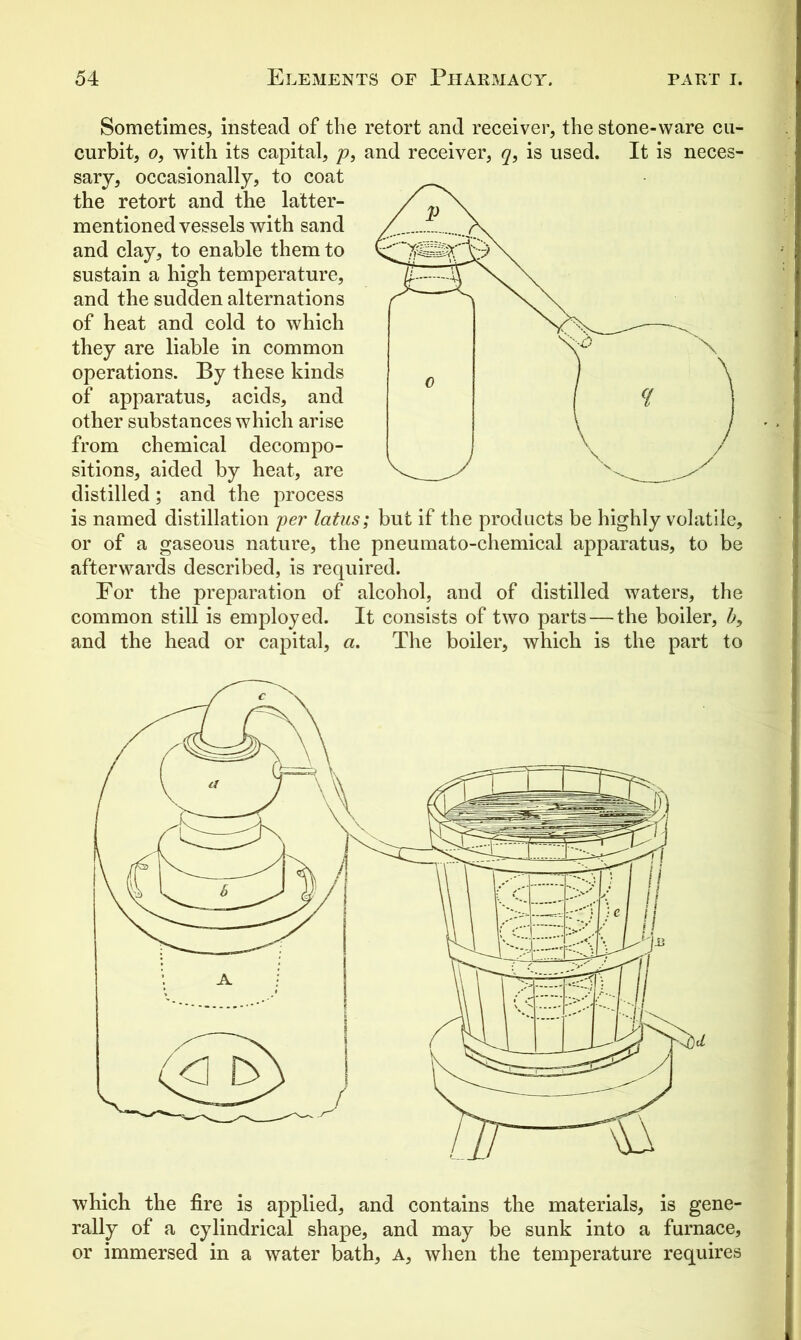 Sometimes, instead of the retort and receiver, the stone-ware cu- curbit, o, with its capital, p, and receiver, q, is used. It is neces- sary, occasionally, to coat the retort and the latter- mentioned vessels with sand and clay, to enable them to sustain a high temperature, and the sudden alternations of heat and cold to which they are liable in common operations. By these kinds of apparatus, acids, and other substances which arise from chemical decompo- sitions, aided by heat, are distilled; and the process is named distillation per latus; but if the products be highly volatile, or of a gaseous nature, the pneumato-chemical apparatus, to be afterwards described, is required. For the preparation of alcohol, and of distilled waters, the common still is employed. It consists of two parts—the boiler, b9 and the head or capital, a. The boiler, which is the part to which the fire is applied, and contains the materials, is gene- rally of a cylindrical shape, and may be sunk into a furnace, or immersed in a water bath, A, when the temperature requires